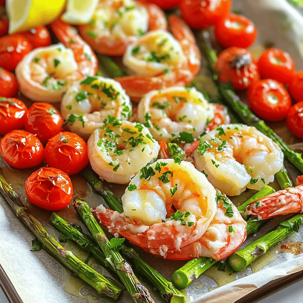 - 1 pound large shrimp, peeled and deveined - 4 tablespoons unsalted butter, melted - 4 cloves garlic, minced Large shrimp are the star of this dish. They bring a sweet and juicy bite. Using fresh shrimp makes a big difference in taste. I always choose shrimp that are firm and plump. The unsalted butter adds richness and depth. It melts into the dish, creating a wonderful sauce. Garlic is essential here. It gives a strong, savory flavor that pairs perfectly with shrimp. - 1 teaspoon paprika - 1 teaspoon Italian seasoning - 1 lemon, zested and juiced - Salt and pepper to taste - 1 cup cherry tomatoes, halved Paprika adds a hint of smokiness and color. Italian seasoning brings in herbs like oregano and basil. The zest of lemon brightens the dish, while the juice adds a tangy kick. I always use fresh lemon for the best taste. Cherry tomatoes add a burst of sweetness. They soften in the oven and balance the dish. Don't forget to season with salt and pepper to enhance all the flavors! - 1 cup asparagus, trimmed and cut into 2-inch pieces - Fresh parsley, chopped for garnish Asparagus adds a nice crunch and bright green color. It's also packed with nutrients. I like to cut it into smaller pieces for even cooking. Fresh parsley is the finishing touch. It adds a pop of color and a fresh aroma. It brings everything together beautifully on the plate. First, preheat your oven to 400°F. This high heat helps cook the shrimp quickly and evenly. Next, line a large baking sheet with parchment paper. This step makes cleanup easy and keeps the shrimp from sticking. In a medium bowl, combine melted butter with minced garlic, paprika, Italian seasoning, and lemon zest. Squeeze the juice from the lemon into the bowl. Add salt and pepper to your taste. Mix everything well until you see a smooth blend. This garlic butter adds rich flavor to the shrimp. In another bowl, toss the shrimp in half of your garlic butter mixture. Make sure each shrimp is well coated. On the prepared baking sheet, spread the cherry tomatoes and asparagus evenly. Drizzle the rest of the garlic butter over them. Toss to coat the veggies in flavor. Now, create space in the center of the sheet for the shrimp. Arrange the shrimp in a single layer on the pan. This layout allows everything to cook evenly. To cook shrimp just right, timing is key. Bake the shrimp for 10 to 12 minutes. Smaller shrimp will cook faster, while larger ones may take a bit longer. Always keep an eye on them. To check if shrimp are done, look for a bright pink color. They should curl slightly but not too tightly. If they are opaque, they are ready to eat. Want to boost the taste? You can add extra spices like cayenne for heat or dill for a fresh flavor. Fresh herbs like basil or cilantro also work well. If you're looking for a butter alternative, use olive oil or ghee. These will add a distinct flavor while keeping the dish rich and tasty. Marinating shrimp can make a big difference. Marinate them for at least 15 minutes before cooking. This helps them soak up all the flavors. For the garlic butter mixture, store it in a sealed jar in the fridge. It will last about one week. Just give it a good stir before using. {{image_2}} You can swap in seasonal veggies for a fresh twist. Try zucchini, bell peppers, or broccoli. These add color and flavor. If you don’t have cherry tomatoes, use diced tomatoes or bell peppers. For asparagus, green beans or snap peas work great. You can use chicken or fish instead of shrimp. Chicken breast cooks well in this dish. Just cut it into bite-sized pieces. Fish, like salmon or tilapia, also works. Remember to adjust cooking times: chicken takes about 15-20 minutes, while fish cooks in 10-12 minutes. This dish pairs nicely with rice or crusty bread. They soak up the garlic butter well. You can also serve it over pasta for a heartier meal. For dips, consider a tangy cocktail sauce or a creamy garlic sauce. They add extra flavor and fun to the meal. To keep your garlic butter shrimp fresh, place it in the fridge. Use an airtight container. This keeps the shrimp moist and tasty. Let the dish cool down before sealing it. I suggest using glass containers for easy reheating later. If you want to save some for later, you can freeze the cooked shrimp. First, let it cool completely. Then, put the shrimp in a freezer-safe bag. Squeeze out as much air as you can. This helps prevent freezer burn. When you're ready to eat, thaw the shrimp in the fridge overnight. To reheat, warm it gently on the stove or in the microwave. Avoid cooking it too long, so it stays juicy. Leftovers can last in the fridge for up to three days. If you freeze the shrimp, it stays good for about three months. After that, the flavor may fade. Always check for any off smells or changes in texture before eating. Enjoy your tasty shrimp! You can use chicken or tofu instead of shrimp. Both options work well. For chicken, cut it into bite-sized pieces. For tofu, use firm or extra-firm varieties. You can also try scallops or fish. Adjust the cooking time based on what you choose. Chicken usually takes longer to cook. Tofu soaks up flavors nicely, making it a tasty option for vegan diets. Yes, you can use frozen shrimp! Just remember to thaw them first. Place the shrimp in a bowl of cold water for about 15-20 minutes. You can also leave them in the fridge overnight. Once thawed, drain and pat dry. This helps the shrimp cook evenly. Follow the same steps in the recipe, and enjoy a quick and easy meal. Shrimp are done when they turn pink and opaque. They should curl into a C shape. If they stay straight, they may be overcooked. The cooking time is usually 10-12 minutes at 400°F. Keep an eye on them to avoid rubbery shrimp. If you have a thermometer, shrimp should reach 120°F in the thickest part. Enjoy that perfect bite! This blog post guided you through making a delicious shrimp dish. We covered key ingredients, including shrimp, garlic, and butter. I shared step-by-step instructions and helpful tips for perfect results. You learned ways to modify the recipe, store leftovers, and substitute ingredients. Keep experimenting with flavors and enjoy this dish. Cooking is fun and rewarding. Don’t hesitate to try new veggies or proteins. Each meal is a chance to improve and impress.