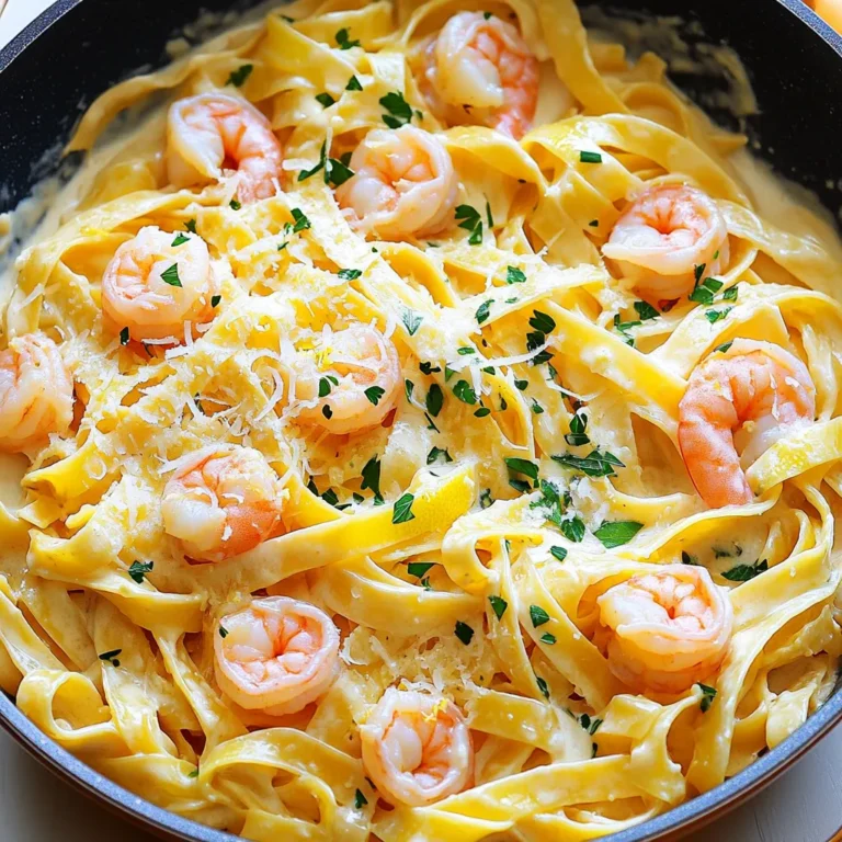 To make One-Pan Creamy Lemon Butter Shrimp Pasta, gather these ingredients: - 8 oz. fettuccine pasta - 1 lb. large shrimp, peeled and deveined - 3 tablespoons butter - 3 cloves garlic, minced - 1 cup heavy cream - 1 lemon (zested and juiced) - 1 teaspoon dried oregano - Salt and pepper to taste - Fresh parsley, chopped (for garnish) - Grated Parmesan cheese (for serving) You can swap some ingredients to suit your taste or needs. Here are some ideas: - Use spaghetti or penne instead of fettuccine for a different pasta shape. - If shrimp isn't your favorite, try chicken or scallops. - Coconut milk can replace heavy cream for a lighter option. - Use fresh herbs like basil or thyme instead of dried oregano. - Greek yogurt can stand in for heavy cream if you want a tangy twist. Having the right tools makes this dish easier to prepare. Here’s what you’ll need: - A large skillet or frying pan to cook everything in one place. - A pot for boiling the pasta. - A sharp knife and cutting board for chopping garlic and herbs. - A zester for the lemon to get the zest easily. - A measuring cup and spoons for accurate ingredient amounts. - A spatula or tongs to toss the pasta and shrimp together. These tools help you create a delightful meal with ease. Start by melting three tablespoons of butter in a large skillet over medium heat. This butter adds great flavor. Once melted, add three minced garlic cloves. Sauté the garlic for about one minute. You want it to smell nice, but be careful not to burn it. Next, add one pound of large shrimp, which you should peel and devein first. Sprinkle salt, pepper, and one teaspoon of dried oregano over the shrimp. Cook the shrimp for about two to three minutes. They will turn pink and opaque. Once they are cooked, remove them from the skillet and set them aside. In the same skillet, you cooked the shrimp, add one cup of heavy cream. Then, add the zest and juice from one lemon. Stir everything well to combine. Let this mixture simmer for two to three minutes. This helps the sauce thicken a bit. The lemon gives it a fresh taste. If you want more flavor, you can add a pinch of salt and pepper at this stage. While the sauce simmers, cook eight ounces of fettuccine pasta in boiling salted water. Follow the package instructions for best results. When the pasta is al dente, drain it, but save about half a cup of the pasta water. After the sauce has thickened, add the cooked fettuccine directly into the creamy lemon sauce. Toss everything together to coat the pasta. If the sauce feels too thick, add a bit of the reserved pasta water to loosen it. Now, return the cooked shrimp to the skillet. Toss everything gently to mix well and heat through for an extra one to two minutes. Taste your dish and add more salt or pepper if needed. To cook shrimp just right, start with fresh or thawed shrimp. Heat your pan on medium. Add butter and wait until it melts. Then, toss in the minced garlic. Sauté it for one minute until you smell its lovely aroma. Next, add the shrimp. Season them with salt, pepper, and oregano. Cook for two to three minutes. You will know they are done when they turn pink and opaque. Avoid overcooking them. Overcooked shrimp can become rubbery. If you take them out early, they will stay tender. To adjust the creaminess, you can play with the heavy cream. If you like a richer sauce, use more cream. If you want a lighter dish, use less cream. You can also add some reserved pasta water. This water has starch from the pasta. It helps to thin the sauce without losing flavor. Start by adding a little at a time. Stir and check the thickness. Keep adding until you reach the creaminess you want. For serving, plate the pasta in a large bowl. Top it with the shrimp and creamy sauce. Fresh parsley adds a nice touch. Sprinkle it on just before serving. Grated Parmesan cheese also makes a great topping. It brings extra flavor and richness. Pair the dish with a light salad or garlic bread. This adds freshness and texture to your meal. Enjoy your One-Pan Creamy Lemon Butter Shrimp Pasta with family and friends! {{image_2}} You can add veggies to your One-Pan Creamy Lemon Butter Shrimp Pasta. Try spinach, cherry tomatoes, or bell peppers. They add color and nutrients. To add them, cook the veggies with the shrimp. This way, they soak up all the great flavors. You can also add peas or broccoli for a nice crunch. If shrimp is not your thing, use chicken or scallops instead. For chicken, cut it into small pieces. Cook it the same way you cook the shrimp. Scallops are quick to cook and taste amazing with the creamy sauce. Both options work great with the lemon flavor. You can make this dish gluten-free. Use gluten-free fettuccine instead of regular pasta. For a dairy-free version, swap heavy cream for coconut milk. The coconut milk will still give you a nice creamy texture. You can also use dairy-free butter for a full dairy-free dish. These swaps keep the dish tasty and enjoyable for everyone. To keep your One-Pan Creamy Lemon Butter Shrimp Pasta fresh, store it in an airtight container. Make sure it cools down to room temperature before sealing it. This helps prevent moisture buildup, which can make the pasta soggy. Store the leftovers in the fridge. They should last for up to three days. When you're ready to enjoy your leftovers, reheat them gently. You can use a skillet over low heat. Add a splash of water or cream to keep the pasta moist. Stir it often to heat evenly. You can also microwave it in a bowl. Cover it with a damp paper towel to keep it from drying out. Heat it in short bursts, stirring in between. If you want to save some for later, you can freeze the pasta. First, let it cool completely. Then, place it in a freezer-safe container or a zip-top bag. Remove as much air as possible to prevent freezer burn. It will keep well for up to two months. When you're ready to eat, thaw it in the fridge overnight. Reheat it gently as mentioned before for the best taste. This dish takes about 30 minutes to make. You can prep the shrimp and cook the pasta in just 10 minutes. The rest is all about making the creamy sauce and combining everything. It's a quick meal for busy days. Yes, you can use frozen shrimp! Just thaw them before cooking. You can place them in cold water for about 15 minutes or leave them in the fridge overnight. This way, they will cook evenly and taste great in the pasta. You can serve this dish with a fresh salad or garlic bread. A light Caesar salad pairs well, adding crispness. Garlic bread gives a nice crunch and flavor, perfect for scooping up the creamy sauce. Another option is steamed vegetables for a healthy side. You learned about making One-Pan Creamy Lemon Butter Shrimp Pasta today. We covered ingredients, cooking steps, and helpful tips. I shared variations for different diets and how to store leftovers. This dish is quick, tasty, and fun to make. Whether you stick to the recipe or try new things, enjoy the process. You can impress your friends and family with this meal. Happy cooking!