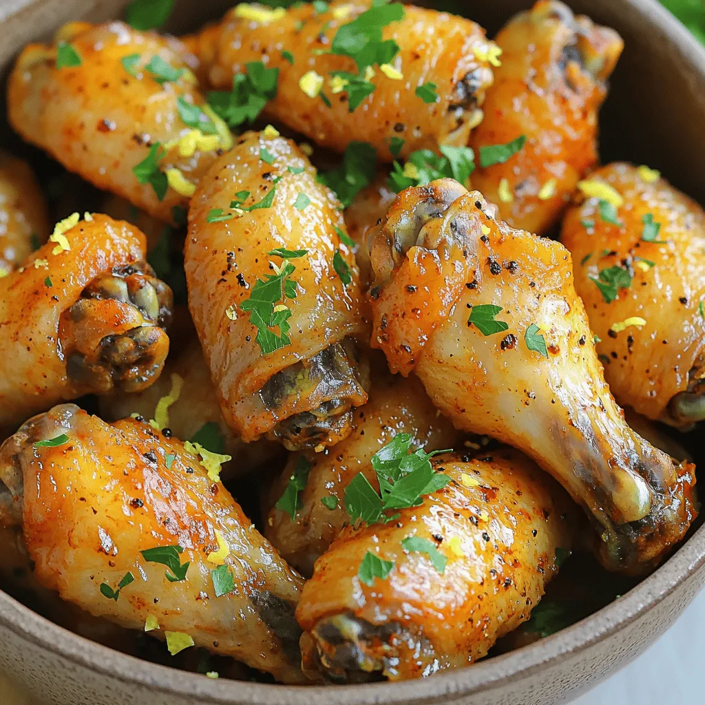 - 2 lbs chicken wings, separated into flats and drumettes - 2 tablespoons olive oil - 1 teaspoon salt - 1 teaspoon black pepper - 1 tablespoon garlic powder - 1 tablespoon onion powder - Zest of 2 lemons - 4 tablespoons lemon juice, freshly squeezed - 1 teaspoon cayenne pepper (for heat) - Fresh parsley, chopped (for garnish) Serve the wings hot with your favorite dips like ranch or blue cheese. For a fresh twist, add extra lemon juice and zest on top. You can also pair the wings with celery sticks or carrot sticks for a crunchy side. Enjoy them while watching a game or at a party for a tasty treat! Start by rinsing the chicken wings under cold water. This helps remove any residue. After rinsing, pat the wings dry with paper towels. Dry wings give a crispier finish when cooked. In a large mixing bowl, mix the following: - 2 tablespoons olive oil - 1 teaspoon salt - 1 teaspoon black pepper - 1 tablespoon garlic powder - 1 tablespoon onion powder - Zest of 2 lemons - 4 tablespoons lemon juice - 1 teaspoon cayenne pepper (optional) Stir the ingredients until well combined. Once mixed, add the chicken wings to the bowl. Toss the wings until they are fully covered with the marinade. This step is key for bold flavor. You can let them marinate for about 30 minutes. This is optional but adds a nice touch. Preheat your air fryer to 380°F (193°C) for 5 minutes. This step ensures even cooking. Place the marinated wings in the basket in a single layer. Avoid overcrowding to keep them crispy. Cook the wings at 380°F for 25-30 minutes. Flip them halfway through for even browning. Once done, the wings should look golden brown and crispy. If your air fryer is small, you may need to cook in batches. After cooking, transfer the wings to a large bowl. Toss them with any remaining lemon juice. You can also add more black pepper and lemon zest for extra flavor. To get the best crispy wings, dry your chicken well. Use paper towels to remove moisture. The drier the skin, the crispier the result. Preheating your air fryer helps too. Set it to 380°F for five minutes before adding the wings. A good marinade makes a big difference. Let the wings soak in the lemon pepper mix for at least 30 minutes. If you have time, marinating for up to two hours improves flavor even more. The longer they sit, the tastier they get. You can adjust flavors to suit your taste. Add more garlic powder for a bolder taste. If you like heat, increase the cayenne pepper. For a zestier kick, add extra lemon juice or zest. Experiment and find what you love! {{image_2}} You can change the flavor of your lemon pepper wings by adding different spices. Try smoked paprika for a smoky taste. You can also use chili powder for a mild kick. Mixing in some cumin adds warmth and depth. If you want a more herbal flavor, add dried rosemary or thyme. Experiment with different spice blends to find your perfect mix! While the air fryer works great, you can also bake or grill these wings. For baking, preheat your oven to 400°F (204°C). Spread the wings on a baking sheet and bake for about 40-45 minutes. Flip them halfway through for even cooking. Grilling gives a nice char and smoky flavor. Cook on medium heat for about 15-20 minutes, turning often. Each method offers a unique taste and texture. Infuse extra flavor by adding herbs and citrus. Try marinating the wings with fresh herbs like thyme or oregano. You can also include orange zest for a sweet twist. Another option is to add soy sauce for a savory touch. For a spicy version, mix in some hot sauce or diced jalapeños. These small changes can make your wings stand out! Once you finish your meal, let the wings cool down. Place them in an airtight container. They stay fresh in the fridge for up to three days. If you want to keep them longer, consider freezing. To reheat, you can use the air fryer again. Preheat it to 350°F (175°C). Place the wings in the basket. Heat for about 5-7 minutes. This helps them regain their crispiness. You can also microwave them, but they may not stay crispy. If you want to freeze, do this right after cooking. Place cooled wings in a freezer-safe bag. Remove as much air as possible. They can last in the freezer for up to three months. To enjoy, thaw in the fridge overnight before reheating. Air fry chicken wings at 380°F for 25-30 minutes. Flip them halfway for even cooking. When done, they should be golden and crispy. If your air fryer is small, cook in batches. This keeps them from being crowded, which helps them crisp up nicely. Yes, you can use frozen wings. Just note that you may need to cook them longer. Air fry frozen wings at 380°F for about 35-40 minutes. Check their doneness by ensuring they reach an internal temperature of 165°F. Thawing them before cooking can help achieve crispier results. Lemon pepper wings pair well with several dips. Here are some great options: - Ranch dressing - Blue cheese dressing - Honey mustard - Spicy mayo These dips enhance the lemon flavor and add a creamy touch. Try them all to find your favorite! This blog post covered all you need for tasty air fryer chicken wings. We explored required and optional ingredients, plus fun serving ideas. I detailed step-by-step cooking instructions to make your wings crispy. Tips on marinating and flavor tweaks can enhance your dish. You learned about variations in spices and different cooking methods. Lastly, we touched on how to store and reheat leftovers. Use this guide to make perfect wings for your next meal. Enjoy your cooking adventure!