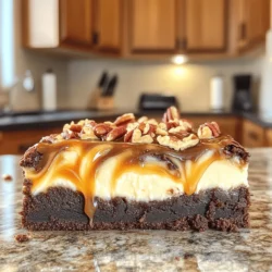 - 1 cup unsalted butter, melted - 2 cups granulated sugar - 4 large eggs - 1 teaspoon vanilla extract - 1 cup all-purpose flour - 1/2 cup cocoa powder - 1/4 teaspoon salt - 1 cup pecans, roughly chopped - 16 oz cream cheese, softened - 1/2 cup granulated sugar - 1 large egg - 1 teaspoon vanilla extract - 1/2 cup caramel sauce - Additional chopped pecans for garnish Gather these ingredients before starting. Each one plays a key role in making rich, creamy brownies. The melted butter gives a moist base, while the sugar adds sweetness. Eggs help bind everything together. The flour and cocoa powder create that fudgy texture we all love. The pecans add crunch and flavor. For the cheesecake layer, the cream cheese is the star. It adds smoothness and richness. Finally, the caramel sauce adds a sweet, gooey finish. Don't forget extra pecans for topping! This blend of ingredients results in a dessert that is hard to resist. Each bite offers layers of flavor and texture. - Preheat oven to 350°F (175°C). - Grease a 9x13-inch baking pan or line with parchment paper. In a large bowl, mix together 1 cup of melted butter and 2 cups of granulated sugar. Stir until smooth. Add in 4 large eggs, one at a time. Mix well after each egg. Then, stir in 1 teaspoon of vanilla extract for flavor. Next, sift in 1 cup of all-purpose flour, 1/2 cup of cocoa powder, and 1/4 teaspoon of salt. Gently fold the dry ingredients into the wet mix. Be careful not to overmix. Finally, fold in 1 cup of roughly chopped pecans for a nice crunch. For the cheesecake layer, take another bowl. Combine 16 oz of softened cream cheese, 1/2 cup of granulated sugar, 1 large egg, and 1 teaspoon of vanilla extract. Beat with an electric mixer until the mixture is creamy and smooth. Spoon the cheesecake mixture over the brownie layer in the pan. Use a spatula to spread it gently. Make sure it covers the brownie base but doesn’t mix in. With a knife, gently swirl the cheesecake into the brownie batter to create a beautiful marbled effect. Now, place your pan into the preheated oven. Bake for about 30-35 minutes. Check with a toothpick; it should come out mostly clean. Once done, remove the pan from the oven and let the brownies cool completely in the pan. After cooling, drizzle 1/2 cup of caramel sauce over the top. Sprinkle with additional chopped pecans for a delightful finish. To get the right texture, avoid overmixing your batter. Mix just until everything blends. This helps keep the brownies chewy. Check your baking time carefully. For a fudgy brownie, bake it for about 30 minutes. If you like a chewy texture, you may want to bake it a little longer, up to 35 minutes. A toothpick should come out mostly clean for the best results. You can use either homemade or store-bought caramel sauce. Homemade sauce has a rich flavor, but store-bought is quick and easy. For store-bought options, I recommend brands like Ghirardelli or Smucker's. They offer great taste and quality. For mixing, I suggest using a large mixing bowl. It gives you enough space to stir without spilling. A sturdy spatula is great for folding in ingredients. When it comes to bakeware, a 9x13-inch pan works best. If you use a glass or metal pan, ensure it is well greased or lined with parchment paper for easy removal. This prevents sticking and makes slicing easier. {{image_2}} You can enjoy this dessert even with dietary needs. For a gluten-free option, swap regular flour with almond flour or a gluten-free blend. These options keep the texture nice and chewy. If you want a vegan version, use a dairy-free cream cheese. Replace the eggs with flax eggs. Just mix one tablespoon of ground flaxseed with three tablespoons of water. Let it sit for a few minutes to thicken. Want to add a twist? Try adding a teaspoon of espresso powder to the brownie mix. It deepens the chocolate flavor and makes the brownies taste richer. You can also create swirls of Nutella or chocolate ganache on top. Just warm the Nutella and drizzle it over the cheesecake layer before baking. Use a knife to create beautiful swirls. If pecans aren't your favorite, you can use walnuts or almonds instead. Both nuts offer a different flavor but still add crunch. For a fun twist, swap out the nuts for chocolate chips. They will melt slightly and add a gooey texture to the brownies. This change makes each bite extra sweet and chocolatey. To keep your caramel pecan cheesecake brownies fresh, store them in the fridge. Place the brownies in an airtight container. This method helps them stay moist and delicious. You can enjoy them for up to one week in the refrigerator. For the best taste, I recommend eating them within the first few days. If you want to save some for later, freezing is a great option. Here’s how to freeze your brownies: 1. Cool Completely: Make sure the brownies are at room temperature. 2. Cut into Squares: Slice them into squares before freezing. This makes it easy to grab a piece when you want one. 3. Wrap Tightly: Use plastic wrap or aluminum foil to wrap each square tightly. 4. Use a Freezer Bag: Place the wrapped brownies in a freezer-safe bag. Remove as much air as possible to avoid freezer burn. For best results, consume the frozen brownies within three months. When you're ready to enjoy your brownies again, reheating is simple. Here are some methods: - Microwave: Place a brownie on a microwave-safe plate. Heat for about 10-15 seconds. This method keeps them soft. - Oven: Preheat your oven to 350°F (175°C). Wrap the brownies in foil and heat for about 10 minutes. This method keeps them warm and moist. No matter how you reheat them, enjoy your delicious brownies! These brownies stay fresh in the fridge for about 5 days. Store them in an airtight container. If you want to keep them longer, you can freeze them. They last in the freezer for about 3 months. Just wrap them tightly in plastic wrap and then in foil. This helps keep them tasty. Yes, you can make these brownies a day or two ahead. Just bake them, cool them, and store them. Keep them in the fridge or at room temperature in an airtight container. This way, they stay fresh and ready to enjoy. If you want to serve them later, you can add the caramel topping just before serving. You can switch the nuts if you like. Try walnuts or almonds for a different taste. If you want a richer flavor, add espresso powder to the brownie mix. You can also use vegan cream cheese and eggs for a plant-based option. The recipe is flexible, so feel free to get creative! Yes, chilling the cheesecake layer is a good idea. It helps the cheesecake set and makes it firmer. This gives a nice contrast to the soft brownie. Chilling also helps with serving. When you cut the brownies, you get clean edges. This makes them look more appealing on a plate. This blog post detailed how to make delicious Caramel Pecan Cheesecake Brownies. You learned about the key ingredients, step-by-step instructions, and handy tips. Remember, careful mixing and baking time are crucial for the best texture. You can customize the recipe with dietary adjustments or flavor boosts. Proper storage will help keep these treats fresh. Enjoy baking and sharing this delightful dessert with friends and family!