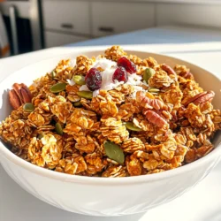 - 2 cups rolled oats - 1 cup pecans, roughly chopped - 1 cup pumpkin seeds - 1/2 cup unsweetened shredded coconut - 1/2 cup honey or maple syrup - 1/2 cup pumpkin puree - 1 teaspoon pumpkin pie spice - 1/2 teaspoon sea salt - 1/4 teaspoon vanilla extract - 1 cup dried cranberries or raisins (optional) Let’s break down these ingredients. Rolled oats serve as the base of your granola. They give it that hearty texture and a nice chew. Chopped pecans add a rich, nutty flavor. They also give extra crunch. Pumpkin seeds are small but packed with nutrients. They add a nice bite and a bit of healthy fat. Unsweetened shredded coconut brings a hint of sweetness and chewiness. Honey adds a touch of natural sweetness. Use maple syrup if you prefer a vegan option; it works just as well. Pumpkin puree makes this granola moist and adds pumpkin flavor. Pumpkin pie spice brings the fall vibes. It combines warm spices like cinnamon, nutmeg, and ginger. Sea salt balances the sweetness and enhances flavors. Lastly, vanilla extract rounds everything out with warmth. You can add dried cranberries or raisins for extra sweetness and chew. These optional add-ins are a fun way to customize your granola. You can mix and match based on what you like! 1. Preheating the oven First, set your oven to 350°F (175°C). This step warms the oven for even baking. 2. Preparing the baking sheet Line a baking sheet with parchment paper. This keeps the granola from sticking. 3. Mixing dry ingredients In a large bowl, add 2 cups of rolled oats, 1 cup of chopped pecans, 1 cup of pumpkin seeds, and 1/2 cup of shredded coconut. Sprinkle in 1/2 teaspoon of sea salt. Stir until all the dry ingredients mix well. 4. Whisking wet ingredients In another bowl, combine 1/2 cup of honey (or maple syrup), 1/2 cup of pumpkin puree, 1 teaspoon of pumpkin pie spice, and 1/4 teaspoon of vanilla extract. Whisk these together until smooth. 5. Combining wet and dry mixtures Pour the wet mix over the dry ingredients. Stir everything together until all the oats and nuts get coated in the pumpkin mix. 6. Baking the granola Spread the granola mix evenly on the lined baking sheet. Bake it for 25 to 30 minutes. Remember to stir halfway through to ensure even browning. 7. Cooling process Once golden brown, take the granola out of the oven. Let it cool completely on the baking sheet. It will become crunchier as it cools. Enjoy your tasty and crunchy pumpkin spice granola! - Using high-quality ingredients: Always choose fresh and organic ingredients. Fresh pecans and pure pumpkin puree boost flavor. They make your granola taste amazing. - Importance of even baking: Spread the granola mixture evenly on the baking sheet. This helps it cook uniformly. It avoids burning the edges while keeping the center soft. - Monitoring granola for perfect crunch: Stir the granola halfway through baking. This ensures all parts get that nice, crunchy texture. Check for a golden color to know it's done. - Best containers for storage: Use airtight containers for the best storage. Glass jars or plastic bins work well. They keep your granola fresh longer. - Duration of freshness: If stored properly, your granola lasts about two weeks. You can also freeze it for up to three months for longer storage. - Pairing with yogurt or milk: Serve your granola with yogurt or milk. It makes a tasty breakfast or snack. Add some fresh fruit for extra flavor and nutrition. - Creative ways to enjoy granola: Sprinkle it on pancakes or oatmeal. You can also use it as a topping for desserts. It adds a nice crunch and flavor. {{image_2}} If you want a gluten-free version of pumpkin spice granola, it's easy. Just use certified gluten-free oats. They taste great and work well in this recipe. For vegan substitutions, swap honey for maple syrup. This keeps the granola plant-based while still being sweet. You can boost the flavor by adding more nuts or seeds. Almonds, walnuts, or sunflower seeds add crunch and taste. You could try different spices too. Cinnamon or nutmeg can give it a new twist. A pinch of ginger can also brighten the flavor. Think about seasonal add-ins for more fun. In fall, add chopped apples or pears for a fresh taste. In winter, dried fruits like figs or apricots can warm up your granola. For summer, use fresh berries or peaches. They mix well with the granola and add color. Homemade granola lasts about two weeks when stored properly. Keep it in an airtight container at room temperature. For longer freshness, you can freeze it. Just ensure it is well-sealed to avoid freezer burn. Yes, you can make this granola nut-free. Simply leave out the pecans and add more pumpkin seeds or seeds like sunflower seeds. This keeps the crunch while ensuring it’s safe for those with nut allergies. You can substitute pumpkin puree with applesauce or mashed bananas. Each option adds moisture and a touch of flavor. However, using pumpkin puree gives the best taste and texture for this granola. Serve this granola in bowls or jars. Top it with yogurt or milk for a tasty breakfast. You can also sprinkle some extra pumpkin spice on top for more flavor. Enjoy it as a snack or add it to smoothies for extra crunch. Each serving of pumpkin spice granola has about 200 calories. This includes healthy fats, fiber, and protein. Key nutrients in this granola include: - Protein - Fiber - Healthy fats - Iron - Magnesium Oats are great for your heart. They help lower cholesterol and keep you full. Pecans add healthy fats and vitamins. They also support brain health. Pumpkin seeds are rich in zinc and magnesium. They boost your immune system and help with muscle function. A good serving size is about 1/4 cup. This helps you enjoy the taste without overdoing it. Pair this granola with yogurt and fresh fruit for a balanced meal. You can also sprinkle it on oatmeal or salads for added texture and flavor. This post covered how to make delicious pumpkin spice granola. We explored each ingredient, from oats to spices. You learned step-by-step methods to prepare and bake it. I shared tips for great flavor and storage advice. Enjoy it with yogurt, or try variations for seasonal tastes. Granola can fit many diets, too. Remember, making it at home means you control the taste and health. I hope you feel excited to try this recipe and make it your own!