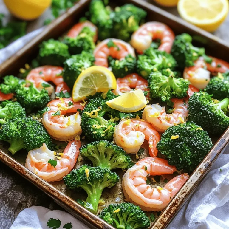 To make Sheet Pan Lemon Garlic Shrimp Broccoli, you need fresh and simple ingredients. Here's a detailed list: - 1 lb large shrimp, peeled and deveined - 2 cups broccoli florets - 4 cloves garlic, minced - 3 tablespoons olive oil - Juice of 1 lemon (about 2 tablespoons) - Zest of 1 lemon - 1 teaspoon red pepper flakes (optional) - Salt and pepper to taste - Fresh parsley, chopped (for garnish) These ingredients work together to create a bright and tasty dish. The large shrimp provide protein, while the broccoli adds crunch and color. The garlic brings a strong flavor, and the lemon juice adds a fresh, zesty kick. Olive oil keeps everything moist while red pepper flakes can add a nice touch of heat. Finally, parsley gives your dish a lovely look and fresh taste. Start by preheating your oven to 400°F (200°C). This heat helps cook the shrimp and broccoli evenly. While the oven warms up, line a large sheet pan with parchment paper. This step makes cleanup easy and keeps the food from sticking. Next, gather your ingredients. You need one pound of large shrimp that are peeled and deveined. Grab two cups of broccoli florets, four cloves of minced garlic, and three tablespoons of olive oil. You also need the juice and zest of one lemon. If you like spice, add one teaspoon of red pepper flakes. Don’t forget salt and pepper for taste! In a big mixing bowl, add the shrimp, broccoli, minced garlic, olive oil, lemon juice, lemon zest, red pepper flakes, salt, and pepper. Use your hands or a spoon to toss everything together. Make sure the shrimp and broccoli are coated well with the oil and spices. Spread the mixture out in an even layer on your prepared sheet pan. Avoid overcrowding the shrimp and broccoli. Place the pan in your preheated oven and bake for 12 to 15 minutes. The shrimp should turn pink and opaque, while the broccoli should be tender yet crisp. Once done, take the sheet pan out of the oven. Gently toss the shrimp and broccoli again. For a lovely touch, sprinkle chopped fresh parsley on top. You can serve this dish straight from the pan for a rustic look or transfer it to a large serving platter. Adding lemon wedges on the side offers an extra burst of flavor. To get the best shrimp, choose large and fresh ones. Look for shrimp that smell like the sea, not fishy. Peeled and deveined shrimp cook fast and absorb flavors well. Marinate shrimp for about 15 minutes with garlic, lemon juice, and olive oil for extra taste. This quick soak helps the shrimp soak up all that yummy flavor. Broccoli needs a little love too. Toss it in olive oil, garlic, and lemon zest. This mix adds depth and brightness. You can also sprinkle some salt and pepper. For added spice, try red pepper flakes. Always cut broccoli into small florets for even cooking. This helps it to roast nicely, staying crisp and colorful. Serving this dish is part of the fun. You can serve it right from the pan for a rustic feel. Or, transfer it to a big platter for a more polished look. Garnish with chopped parsley to add a pop of color. Lemon wedges on the side make it look fresh and inviting. The bright yellow lemon adds a nice touch to your plate. {{image_2}} You can make your dish even better by adding more veggies. Try bell peppers for sweetness or snap peas for crunch. Carrots add a nice color and taste, too. Just cut them into small pieces to cook evenly. You can also use asparagus or zucchini to change things up. Mix and match your favorites to keep it fun. Want a kick? Add more red pepper flakes for heat. You can also use smoked paprika for a unique taste. If you like it zesty, try adding more lemon juice or zest. Garlic powder works great if you want a different garlic flavor. Experimenting with spices can turn this dish into something new each time. If shrimp isn't your thing, you can easily swap it out. Chicken breast or thighs work well. Just cut them into small pieces and adjust the cooking time. Tofu is a great choice for a vegetarian option. Use firm tofu and press it to remove extra moisture. Each protein brings its own flavor, making this dish versatile. You can store leftover sheet pan shrimp and broccoli in an airtight container. Allow the dish to cool first. Place it in the fridge and use it within three days for the best taste. I love using glass containers as they help keep food fresh and are easy to clean. To reheat, simply place the leftovers on a baking sheet. Preheat your oven to 350°F (175°C). Heat for about 10 minutes or until the shrimp are warm. This keeps the shrimp tender and the broccoli crisp. You can also use a microwave if you’re in a hurry. Heat in short bursts, stirring in between. You can freeze the shrimp and broccoli before baking. Place the mixture in a freezer-safe bag. It will stay fresh for up to three months. When you’re ready to cook, thaw it in the fridge overnight. After that, you can bake it as you normally would. This method helps save time for busy days while keeping flavors intact. Yes, you can use frozen shrimp. Just make sure to thaw them first. Place them in a bowl of cold water for about 15-20 minutes. After thawing, peel and devein if needed. Then, pat them dry before mixing with the other ingredients. This helps to keep the dish from getting watery. Shrimp are fully cooked when they turn pink and opaque. They should curl into a C shape. This usually takes about 12-15 minutes in the oven. If they look firm and have no gray spots, they are ready to eat. Overcooked shrimp can become tough, so keep an eye on them. Yes, you can make a vegetarian version. Swap the shrimp for tofu or chickpeas. Use the same spices and cooking method. You can also add more veggies, like bell peppers or carrots, for extra flavor. This way, you keep the dish colorful and tasty. This dish pairs well with rice or quinoa. You can also serve it with a fresh salad. Garlic bread or crusty rolls are great too. They help soak up the lemony sauce. Consider adding a light dessert like sorbet after the meal for a refreshing finish. This article covered a delicious shrimp dish with broccoli. We discussed ingredients like garlic, olive oil, and lemon juice. You learned clear steps to preheat, prepare, and bake. I shared tips to perfect your shrimp and enhance broccoli flavor. You can also explore variations with different veggies and spices. Finally, we looked at storage methods for leftovers. Enjoy making this dish again and again. Your kitchen will become the go-to spot for tasty meals!
