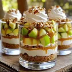 - 2 large apples, peeled and diced - 2 tablespoons brown sugar - 1 teaspoon cinnamon - 8 ounces cream cheese, softened - 1/2 cup powdered sugar - 1 teaspoon vanilla extract - 1 cup heavy cream - 1/2 teaspoon vanilla bean paste (optional) - 1 cup caramel sauce - 1 1/2 cups graham cracker crumbs - Whipped cream (for topping) - Chopped nuts (optional) For the apples, choose your favorite type. Granny Smith apples add a nice tartness. For a sweeter trifle, use Fuji or Gala apples. If you do not have brown sugar, white sugar works too. You can add a pinch of molasses to mimic the flavor. If you want a lighter version, consider using Neufchâtel cheese instead of cream cheese. For the heavy cream, you can use whipped topping if you need a dairy-free option. Lastly, you can skip the vanilla bean paste if you cannot find it. - Medium saucepan - Mixing bowls - Electric mixer - Whisk or spatula - Individual serving cups or a large trifle bowl - Measuring cups and spoons - Refrigerator for chilling Using these ingredients and tools, you will create a delicious treat that is easy to make. Enjoy the layers of creaminess, sweetness, and crunch in every bite! Start by peeling and dicing the two large apples. Place them in a medium saucepan. Add two tablespoons of brown sugar and one teaspoon of cinnamon. Stir everything together well. Turn the heat to medium and cook for about five to seven minutes. You want the apples soft but still firm. When they are ready, take the pan off the heat and let the apples cool. In a mixing bowl, take eight ounces of softened cream cheese. Use an electric mixer to beat it until smooth. Gradually add in half a cup of powdered sugar and one teaspoon of vanilla extract. Mix until the cream cheese is creamy and well combined. In another bowl, whip one cup of heavy cream until stiff peaks form. Gently fold this whipped cream into the cream cheese mixture. If you want extra flavor, fold in half a teaspoon of vanilla bean paste. Grab your serving cups or a large trifle bowl. Start by layering half of the graham cracker crumbs at the bottom. Next, add about a quarter cup of the cream cheese mixture. Follow this with a layer of the sautéed apple mixture, also about a quarter cup. Drizzle some caramel sauce over the apples. Repeat the layers: more graham cracker crumbs, cream cheese, apples, and caramel sauce. Make sure to finish with a layer of cream cheese on top. Chill the trifles in the fridge for at least two hours before serving. When ready, add a dollop of whipped cream, a drizzle of caramel sauce, and optional chopped nuts for crunch! When making caramel apple cheesecake trifles, avoid overcooking the apples. Cook them just until tender. If they get mushy, they won't hold their shape in the layers. Another mistake is not chilling the trifles long enough. This step lets the flavors blend well. Make sure to chill for at least two hours. Lastly, don’t skip the whipped cream folding step. This gives the cream cheese mixture a light and fluffy texture. To boost the flavor, try using different types of apples. Honeycrisp and Granny Smith both work well. You can also add a pinch of nutmeg with the cinnamon for warmth. For a richer taste, consider using a high-quality caramel sauce. If you want a deeper flavor, add vanilla bean paste to the cream cheese mix. This small touch makes a big difference. These trifles look lovely in clear cups or jars. This way, guests can see the pretty layers. Top each trifle with a swirl of whipped cream and a drizzle of caramel. Chopped nuts add a nice crunch, too. For a fun twist, serve them with extra caramel sauce on the side. This way, everyone can add more if they want. {{image_2}} You can use many kinds of apples in this recipe. Each type brings its own flavor. I love using Granny Smith apples. They add a nice tartness that balances the sweetness. Honeycrisp apples also work well for a sweeter taste. For a softer bite, go for Fuji or Gala apples. Just pick your favorite or mix them! Toppings can change the look and taste of your trifles. Whipped cream is a classic choice. You can also try crushed toffee or chocolate shavings for added crunch. Want something fresh? Add a sprinkle of cinnamon or nutmeg on top. You can even use toasted coconut for a tropical twist. The options are endless! Making gluten-free trifles is easy! Just swap graham cracker crumbs for gluten-free ones. You can also use nuts or oats for a different base. For a vegan version, use coconut cream instead of cream cheese. Maple syrup works well in place of powdered sugar. Use a dairy-free caramel sauce for the topping. These swaps make the trifles tasty for everyone! To keep your caramel apple cheesecake trifles fresh, cover them with plastic wrap. This helps keep air out and moisture in. You can also use an airtight container for best results. If you have made several servings, layer them in a container, but avoid mixing the layers to keep them pretty. You don’t need to reheat these trifles. They taste best when served cold. If you want to enjoy them warm, you can microwave them for about 10-15 seconds. Just be careful not to overheat them. Warm cream cheese can change the texture. These trifles last up to three days in the fridge. After that, the apples may lose their crispness, and the layers may not hold as well. Always check for signs of spoilage before eating. If you see any discoloration or off-smells, toss them out. Enjoy your treats while they are fresh for the best flavor! Yes, you can make these trifles ahead of time. They taste better when chilled. Prepare them a day in advance. This way, the flavors blend well. Just keep them in the fridge until you're ready to serve. If you want a substitute for cream cheese, try Greek yogurt. It gives a nice creaminess. You can also use mascarpone cheese. Both options work well and keep the texture smooth. To make homemade caramel sauce, you need sugar and water. Start by heating one cup of sugar with 1/4 cup of water in a pan. Stir gently until the sugar dissolves. Then, stop stirring and let it boil. Cook until it turns a golden brown color. Remove from heat and add 1/2 cup of heavy cream slowly. Stir until smooth. Be careful, as the caramel is very hot! You learned how to make Caramel Apple Cheesecake Trifles. We covered key ingredients, tools, and steps. I shared tips to avoid mistakes and enhance flavor. You can try different apple types and toppings. Plus, I gave you storage tips to keep them fresh. Remember, making these trifles is fun and rewarding. Enjoy sharing these tasty treats with others!