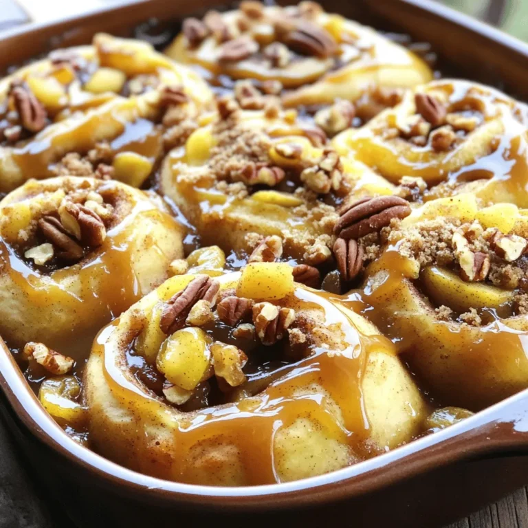 - 2 cans of refrigerated cinnamon roll dough (with icing) - 3 large apples, peeled, cored, and diced (preferably Granny Smith) - 1/2 cup caramel sauce, plus extra for drizzling - 1 teaspoon cinnamon - 1/4 teaspoon nutmeg - 1/4 cup brown sugar - 1/2 cup chopped pecans (optional) - 1/2 cup raisins (optional) - Cooking spray or butter for greasing - 9x13-inch baking dish To make this treat, you need simple ingredients. The cinnamon roll dough gives a fluffy base. Granny Smith apples add a tart bite. The caramel sauce brings sweetness and richness. Cinnamon and nutmeg spice up the flavor, making it warm and cozy. Brown sugar adds extra sweetness and depth. Pecans and raisins are great optional mix-ins for crunch and chew. Prepare your baking dish with cooking spray or butter. This helps prevent sticking. The size of the dish is important. A 9x13-inch dish is perfect for even baking. - Preheat the oven to 350°F (175°C). - Lightly grease a 9x13-inch baking dish with cooking spray or butter. - In a large bowl, mix the diced apples, caramel sauce, cinnamon, nutmeg, and brown sugar. - For added flavor, stir in chopped pecans or raisins if you like. - Open the refrigerated cinnamon roll dough and cut each roll into quarters. - Toss the quartered rolls in the apple mixture until they are well coated. - Pour the entire mixture into the prepared baking dish, spreading it evenly. - Bake in the preheated oven for 30-35 minutes. Look for golden brown rolls. To ensure even cooking, cut the cinnamon rolls into quarters. This gives each piece a chance to soak up the flavors. Next, mix the apple and caramel mixture well. This way, every bite bursts with sweetness. For toppings, I suggest drizzling extra caramel sauce on top. You can also sprinkle chopped pecans for crunch. Pair this bake with vanilla ice cream or whipped cream. The cold creaminess balances the warm cinnamon rolls perfectly. Be careful not to overbake or underbake your dish. The center should be soft, but the rolls need to be golden brown. Another mistake is not evenly spreading the filling. Make sure every piece of dough gets coated for the best flavor. {{image_2}} You can make this bake even more fun. Try adding different fruits like pears or berries. These fruits bring new flavors and textures. Each bite can taste unique. You can also switch up the nuts. Use walnuts or almonds instead of pecans. This change can add a nice crunch and flavor twist. Experimenting makes the dish your own! If you need gluten-free options, look for gluten-free cinnamon roll dough. Many brands offer this now. You can also find vegan caramel and dough. Plant-based options are tasty and fit many diets. Check labels to ensure they meet your needs. These swaps help everyone enjoy this treat! Seasonal flavors can make this bake special. In fall, add pumpkin spice for a warm taste. This spice pairs well with apples and caramel. For summer, consider using fresh berries like blueberries or strawberries. These fruits add brightness and a fresh twist. Adapting your bake for the seasons keeps it exciting! To store leftovers, let the bake cool completely. Then, cover it tightly with plastic wrap or foil. You can also place it in an airtight container. This keeps it fresh for up to three days. To reheat, use the oven for best results. Preheat it to 350°F (175°C). Place the bake in a baking dish and cover it with foil. Heat for about 15-20 minutes. This keeps the texture soft and delicious. You can also microwave individual portions for 30-60 seconds. Just be careful to not overheat, or you may dry it out. You can freeze individual portions of the bake. First, let it cool completely. Wrap each portion tightly in plastic wrap and then place it in a freezer bag. This method stops freezer burn and keeps it tasty. To thaw, move it to the fridge overnight. For reheating, follow the same oven instructions. You can also microwave thawed portions for a quick snack. You can leave out the pecans. Just skip that step in the recipe. The bake will still taste great without nuts. If you want some crunch, try adding extra apples or raisins. These will keep the texture nice and fun. Yes, you can! Prepare the apple mixture and cinnamon rolls the night before. Store them in the fridge in a covered bowl. In the morning, just pour the mix into the dish and bake. This saves time and makes breakfast easy. If you need a substitute, try using honey or maple syrup. You can also make a simple sauce with brown sugar and butter. Just melt them together for a sweet topping. This will give a nice flavor, too. Check the bake after 30 minutes. Look for a golden brown color on the top. You can also insert a toothpick into the center. If it comes out clean, the bake is ready. Enjoy the sweet smell while it cools! This recipe guides you through making a delicious Caramel Apple Cinnamon Roll Bake. You learned about the main and additional ingredients, how to prep and cook, and tips to avoid common mistakes. You can customize it with different fruits and dietary needs. Remember to store leftovers correctly and reheat them for the best taste. Enjoy your tasty treat with your favorite toppings! Happy baking!