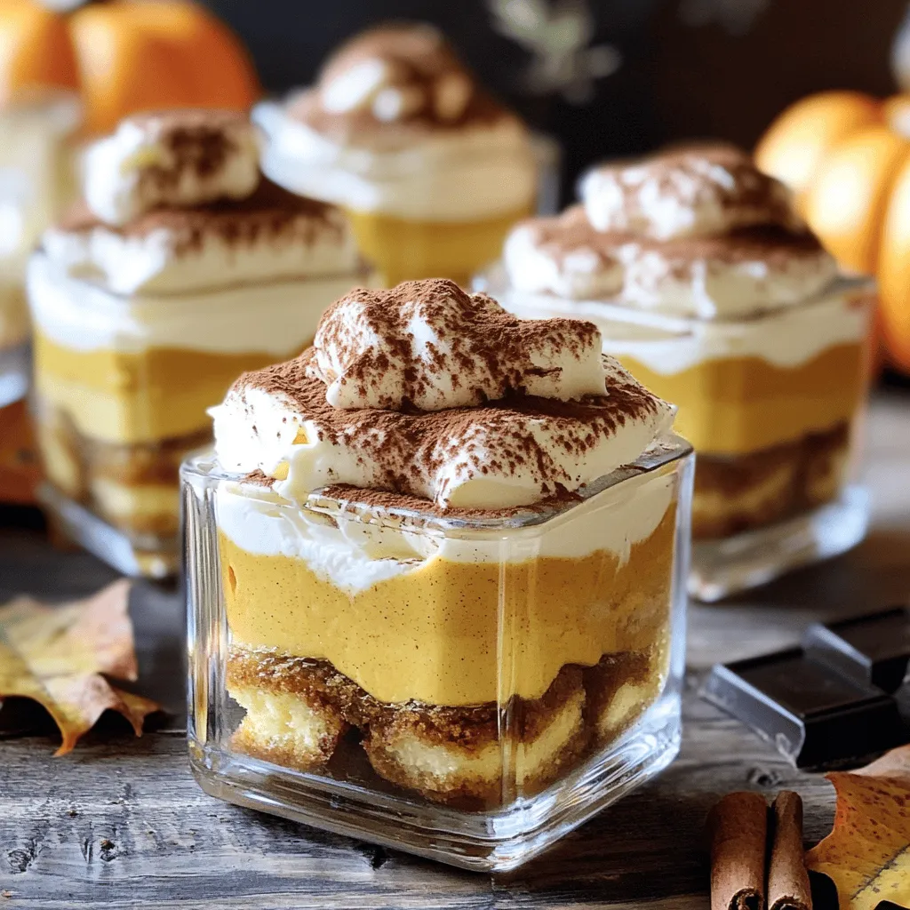 To make your Pumpkin Spice Tiramisu Cups, gather these simple ingredients. They create rich flavors and textures. - 1 cup mascarpone cheese - 1 cup heavy cream - 1/2 cup powdered sugar - 1 teaspoon vanilla extract - 1/2 cup pumpkin puree - 1 teaspoon pumpkin pie spice - 1 cup strong brewed coffee, cooled - 1 tablespoon maple syrup - 12 ladyfinger cookies - Ground cinnamon for garnish - Dark chocolate shavings for garnish (optional) Each ingredient plays a key role. The mascarpone cheese gives a creamy base. Heavy cream adds lightness and air. Powdered sugar sweetens the mix, while vanilla extract enhances the flavors. Pumpkin puree brings that cozy fall flavor. Pumpkin pie spice adds warmth with cinnamon and nutmeg notes. Strong brewed coffee adds depth to the ladyfingers, soaking them just right. The maple syrup gives a lovely sweetness. The ladyfinger cookies are light and spongey, perfect for layering. Finally, ground cinnamon and dark chocolate shavings make for beautiful garnishes. These ingredients work together to create a special treat. Make sure to have them ready before you start! To make the cream just right, start with cold heavy cream. Cold cream whips better and faster. Use a mixing bowl that is also cold. This helps the cream whip up nicely. - Soft Peaks: Whip until you see soft peaks. This means the cream holds its shape but still looks smooth. - Stiff Peaks: Add powdered sugar slowly. Keep whipping until the cream is thick and holds stiff peaks. This helps give the dessert its rich texture. Now, let’s make the pumpkin part. In a large bowl, mix mascarpone cheese, pumpkin puree, vanilla extract, and pumpkin pie spice. Use a spatula to combine them gently. - Folding Technique: Once mixed, slowly fold in the whipped cream. Start with a little cream. This keeps the mixture fluffy. Be gentle; you don’t want to deflate the cream. It’s time to put everything together. In a shallow dish, mix the cooled coffee with maple syrup. Dip each ladyfinger in this mix for about two seconds. - Soaking Tips: Don’t soak too long! You want them moist but not soggy. - Layering Tips: Begin with a layer of soaked ladyfingers at the bottom of each cup. Add a layer of the pumpkin mascarpone mix on top. Repeat until you fill each cup, ending with the pumpkin mixture. Cover the cups with plastic wrap and refrigerate. This helps all the flavors blend together nicely. To avoid soggy ladyfingers, dip them quickly in the coffee mix. Two seconds is ideal. This way, they soak up flavor but stay firm. You want a nice balance. For the perfect whipped cream, chill your mixing bowl and beaters first. Cold tools help the cream whip quicker. Watch for soft peaks before adding the powdered sugar. Keep whipping until you see stiff peaks. This creates a light and airy texture. To boost flavor, try adding a pinch of nutmeg or ginger. These spices add warmth and depth to your dessert. You can also use flavored coffee like hazelnut or vanilla. This small change adds a unique twist to your tiramisu. Use clear glass cups to show off the lovely layers of your dessert. A cinnamon stick can add a fun, fall touch. You might also sprinkle some dark chocolate shavings on top for a rich finish. This adds elegance and extra flavor to each bite. {{image_2}} You can change the flavor of your Pumpkin Spice Tiramisu Cups easily. Try using different spices like chai spice or nutmeg for a twist. You can also swap the pumpkin for sweet potato or butternut squash. These options give a new taste while keeping the fall vibe alive. If you want a festive touch, add a splash of eggnog flavor to the mascarpone mix. For seasonal variations, think about using fresh cranberries or apples. Layering them between the ladyfingers adds a fruity burst. You can also drizzle caramel sauce over the layers for a sweet touch. The options are endless! If you follow a vegan or dairy-free diet, you can still enjoy this dessert. Use coconut cream instead of heavy cream and a dairy-free cream cheese for the mascarpone. Look for vegan ladyfinger cookies at your local store, or make your own with simple ingredients. For gluten-free options, you can find gluten-free ladyfingers. These are often made from almond flour or rice flour. You can also make your own using gluten-free ingredients. This way, everyone can enjoy a delicious cup of tiramisu without worry. Pair your Pumpkin Spice Tiramisu Cups with other fall desserts. Try serving them alongside mini pumpkin pies or apple crisp. This makes for a festive dessert table. When it comes to drinks, a warm spiced chai or apple cider works well. You can also serve them with a creamy vanilla latte. The warm flavors will enhance your dessert and make it a cozy treat for friends and family. To keep your Pumpkin Spice Tiramisu Cups fresh, store them in the fridge. Use airtight containers or cover each cup with plastic wrap. This prevents air from drying out the dessert. Make sure your fridge stays at or below 40°F (4°C) for best results. You can freeze the assembled cups, but keep in mind that the texture may change. Wrap each cup tightly in plastic wrap and then place it in a freezer-safe bag. This helps to avoid freezer burn. To defrost, move the cups to the fridge overnight before serving. This keeps the flavors intact. After making the tiramisu cups, they last about 3 days in the fridge. Look for signs like separation or an off smell. If you see any of these, it's best to throw them away. Enjoy your treats while they are fresh for the best flavor! Making Pumpkin Spice Tiramisu Cups takes about 20 minutes to prepare. After that, chill them for at least 4 hours. This gives the flavors time to mix well. If you want, you can chill them overnight for better taste. Total time is about 4 hours and 20 minutes. Yes! You can prepare these cups a day before you serve them. Just cover them with plastic wrap and keep them in the fridge. This helps the flavors blend better. Make sure to add any garnishes right before serving to keep them fresh. If you don't have ladyfingers, you can use sponge cake or pound cake. Cut them into strips and soak them just like ladyfingers. You can also try using graham crackers for a different texture. Just dip them in the coffee mix quickly to avoid sogginess. Yes, you can use fresh pumpkin! If you go this route, roast the pumpkin first. Then, blend it until smooth. Fresh pumpkin has a different flavor but can taste amazing in this recipe. Just make sure to drain excess water for the right consistency. This blog post walks you through making delicious Pumpkin Spice Tiramisu Cups. You learned about each ingredient, step-by-step instructions, and helpful tips. We also explored flavor variations and storage practices. In the end, this dessert is perfect for fall gatherings. You can customize it easily to fit your tastes. Enjoy creating your own tasty cups! They are sure to impress and delight everyone.