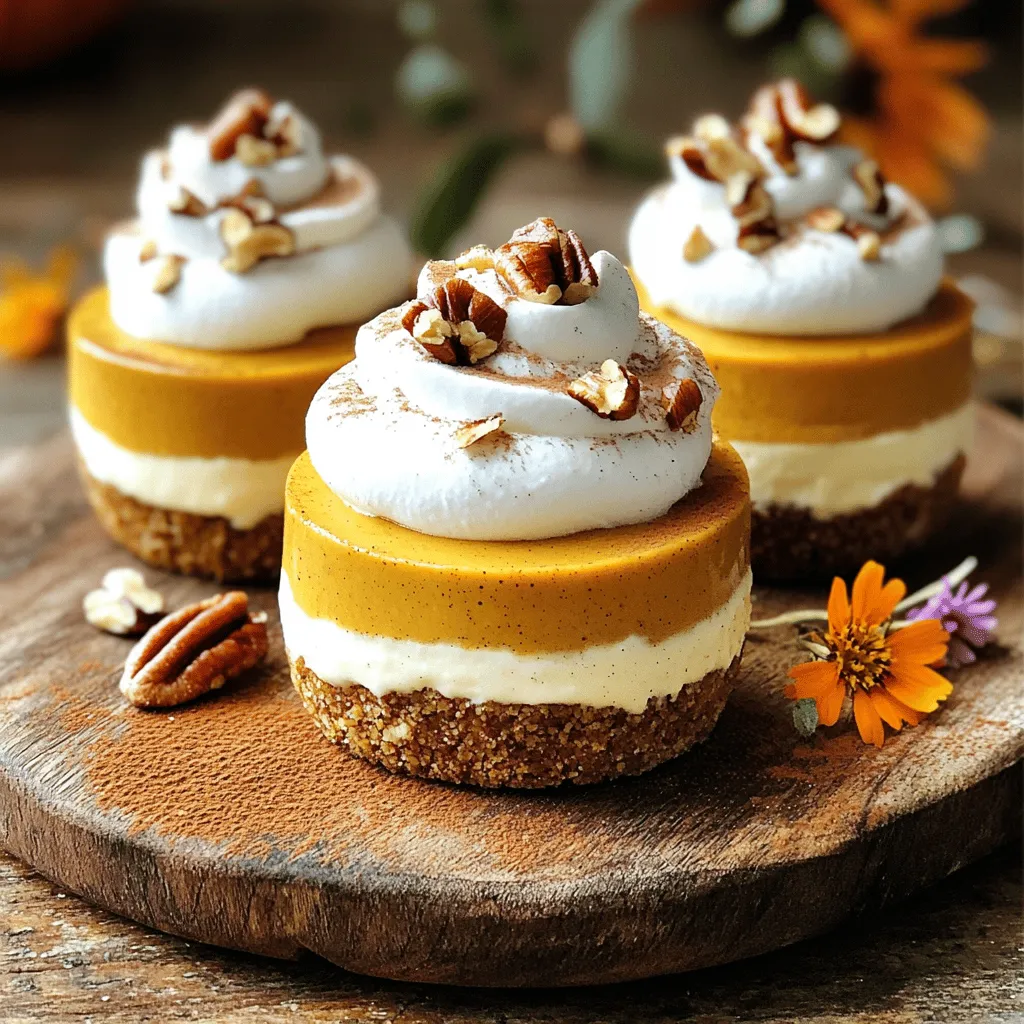 - 1 cup pumpkin puree - 8 oz cream cheese, softened - 1 cup heavy whipping cream - 1/2 cup powdered sugar - 1 teaspoon vanilla extract - 1 teaspoon ground cinnamon - 1/2 teaspoon ground nutmeg - 1/4 teaspoon ground ginger - Whipped cream - Crushed pecans or walnuts - 1/2 cup graham cracker crumbs The main ingredients build the flavor of the mousse. I love using pumpkin puree for its rich taste. Cream cheese gives the mousse a creamy, smooth texture. Heavy whipping cream adds fluffiness. The additional ingredients sweeten the dish and add spice. Powdered sugar blends well and keeps the texture light. Vanilla extract enhances the flavor. Ground cinnamon, nutmeg, and ginger provide warmth and depth. For garnishes, whipped cream is a must for that dreamy finish. Crushed pecans or walnuts add crunch and flavor. Graham cracker crumbs create a base that ties it all together. These ingredients make the mousse cups a hit for any occasion! In a large bowl, combine the softened cream cheese, pumpkin puree, and powdered sugar. Use a hand mixer or whisk to beat this mixture until it is smooth and creamy. The cream cheese should be soft enough to blend well, so let it sit out for a bit if needed. Next, add in the spices: ground cinnamon, ground nutmeg, and ground ginger. Don’t forget the teaspoon of vanilla extract. Mix everything together until the spices are evenly distributed. This pumpkin mixture should smell warm and inviting. In another bowl, pour in the heavy whipping cream. Using a mixer, whip it until you see stiff peaks form. This means the cream should hold its shape when you pull out the beaters. To achieve this, start at a low speed and gradually increase it. Be careful not to over-whip; it can turn grainy. Once you have stiff peaks, gently fold the whipped cream into the pumpkin mixture. Use a spatula and fold slowly to keep the mixture light and airy. Now it’s time to layer your mousse cups. In a small bowl, mix the graham cracker crumbs with the melted butter until combined. Start by placing a layer of this graham cracker mix at the bottom of each cup. Press down lightly to form a solid base. Then, spoon the pumpkin mousse over the graham cracker layer. Fill the cups generously, leaving some space for a second layer if you wish. If your cups are large enough, repeat the layers, finishing with a layer of pumpkin mousse on top. Cover and chill the mousse cups in the fridge for at least 2 hours. When you're ready to serve, top each cup with a dollop of whipped cream and a sprinkle of crushed pecans or walnuts. These small touches add great flavor and texture to your dessert. For the best No-Bake Pumpkin Cheesecake Mousse, start with room temperature cream cheese. Cold cream cheese lumps up in your mix. This makes it hard to get a smooth texture. Let it sit out for about 30 minutes before you use it. When you whip the cream, aim for stiff peaks. This means the cream should hold its shape well. Be careful when folding the whipped cream into the pumpkin mix. Use a spatula and gently fold. This keeps the mousse light and airy. Using fresh spices makes a big difference. Ground spices can lose flavor over time. Fresh spices bring out the best taste in your mousse. If you want to sweeten it more, consider adding maple syrup. It adds a rich flavor that pairs well with pumpkin. Presentation is key for any dessert. Serve your mousse cups on a pretty platter. A sprinkle of cinnamon on top adds a warm touch. You can also use edible flowers for a pop of color. They make your dessert look even more special. Just make sure they are safe to eat! {{image_2}} You can easily customize your no-bake pumpkin cheesecake mousse cups. One fun option is to add layers of chocolate or caramel. Simply drizzle melted chocolate or caramel sauce over the mousse before topping with whipped cream. This sweet addition will give your dessert a rich twist. Another way to switch things up is by using different spices. Instead of just cinnamon, try adding nutmeg or allspice. These spices can bring a warm, cozy flavor that pairs well with pumpkin. You can also mix in a touch of maple syrup for extra sweetness. If you need to make dairy-free mousse cups, swap the cream cheese for a dairy-free option. Look for cream cheese made from nuts or soy. You can also use coconut cream instead of heavy whipping cream. This will give you a rich texture while keeping it dairy-free. For a gluten-free option, use gluten-free graham crackers or crushed nuts as a base. Almond flour or finely chopped almonds also work well. This way, everyone can enjoy these delicious treats without worry. You can adjust the serving size to fit your needs. For larger gatherings, consider using larger cups or bowls. If you want smaller portions, use shot glasses or mini cups. This way, guests can enjoy a small taste without feeling too full. If you want to impress your friends, serve a mix of mini and standard cups. This adds a fun visual element to your dessert table. Plus, it lets everyone pick their perfect portion size. To keep your pumpkin cheesecake mousse cups fresh, place them in the fridge. Use airtight containers or cover with plastic wrap. This helps avoid drying out. For best results, enjoy them within three days. If you notice the top layer separating, gently stir before serving. Yes, you can freeze pumpkin mousse! To freeze, scoop the mousse into freezer-safe containers. Leave some space at the top for expansion. When you’re ready to eat, move them to the fridge overnight. For faster thawing, place the containers in cool water for about an hour. In the fridge, these mousse cups last about three to four days. Look for signs of spoilage. If you see water pooling on top or a sour smell, it’s time to toss them. Always trust your senses for freshness. Yes, you can use fresh pumpkin. First, you need to cook it. Cut a pumpkin in half and remove the seeds. Then, roast the halves in the oven at 350°F for about 45 minutes. Once soft, scoop out the flesh and mash it until smooth. This will give you a fresh pumpkin puree that works well in the mousse. The mousse needs to chill for at least 2 hours. This time helps the flavors blend and gives it a nice, creamy texture. If you can wait longer, chilling overnight works even better. Just make sure to cover the cups tightly to keep them fresh. Absolutely! This recipe is great for meal prep. You can make the mousse cups a day or two in advance. Store them in the fridge, and they will stay fresh. Just add the whipped cream and nuts right before serving for the best results. This article covered the basics of making a delicious pumpkin mousse. We discussed the key ingredients, step-by-step instructions, and helpful tips to get the perfect texture. You can also explore flavor variations and how to store your mousse for later use. Experiment with toppings and adjustments to make it your own. Enjoy the fun of creating a tasty dessert that friends and family will love. With a few simple steps, you’ll have a treat that shines at any gathering. Make your pumpkin mousse today!