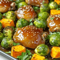 - 4 chicken thighs, boneless and skinless - 2 cups Brussels sprouts, halved - 1 large sweet potato, diced These main ingredients create a great balance of protein and veggies. Chicken thighs are juicy and flavorful, perfect for this dish. Brussels sprouts add a nice crunch and slight bitterness. The sweet potato brings a sweet element that pairs well with the sauce. - 1/4 cup honey - 3 cloves garlic, minced - 2 tablespoons soy sauce (low-sodium) The sauce will coat everything nicely. Honey adds sweetness and helps caramelize the chicken. Garlic gives a strong flavor punch. Soy sauce adds depth and saltiness without being too overpowering. - 1 tablespoon olive oil - 1 teaspoon ground ginger - Sesame seeds for garnish - Fresh parsley, chopped for garnish Olive oil helps the chicken and veggies brown well. Ground ginger adds a warm spice that brightens the dish. After baking, sesame seeds and parsley finish it off with a touch of crunch and color. 1. Preheating the oven First, you need to preheat your oven to 425°F (220°C). This step is key for achieving crispy chicken and tender veggies. 2. Whisking the sauce In a bowl, combine 1/4 cup honey, 3 minced garlic cloves, 2 tablespoons low-sodium soy sauce, 1 tablespoon olive oil, and 1 teaspoon ground ginger. Mix well until everything blends into a smooth sauce. 1. Coating the chicken and vegetables In a large bowl, add 4 boneless, skinless chicken thighs, 2 cups halved Brussels sprouts, and 1 diced sweet potato. Pour the honey garlic sauce over them. Toss until all the chicken and vegetables get a nice coating. 2. Preparing the sheet pan Line a baking sheet with parchment paper or foil. This helps with cleanup later. Spread the coated chicken and veggies in a single layer on the sheet pan. Make sure they have space to roast well. 1. Baking time and checking doneness Place the sheet pan in your preheated oven. Bake for 25 to 30 minutes. The chicken should reach an internal temperature of 165°F (74°C). Your veggies should be tender and slightly caramelized. 2. Resting before serving Once done, take the sheet pan out of the oven. Let it rest for about 5 minutes. This resting time helps the juices settle in the chicken. Before serving, sprinkle sesame seeds and chopped fresh parsley on top for a nice touch. To get your chicken nicely caramelized, use high heat. Baking at 425°F (220°C) works well. Make sure the chicken and veggies are in a single layer. This helps them cook evenly and turn golden. The sweet potato brings natural sweetness, which helps with caramelization too. To keep your chicken juicy, don’t overcook it. Use a meat thermometer to check the internal temperature. When it reaches 165°F (74°C), it's done. Let the chicken rest for five minutes after baking. This helps the juices settle back into the meat. For plating, you can serve directly from the sheet pan. This gives a rustic look. If you want to impress, plate each piece separately. Drizzle some leftover sauce on top for extra flavor. Garnish with sesame seeds and fresh parsley. This brightens up the dish and adds a nice crunch. If you want to switch up the veggies, try using green beans or carrots. They both work great in this recipe. You can also replace chicken thighs with chicken breasts. Just remember that breasts may cook faster, so check them earlier. This way, you can still enjoy a tasty meal no matter what you have on hand. {{image_2}} You can change the flavors in your sheet-pan honey garlic chicken and sprouts. A few simple tweaks can make a big difference. - Added spices and herbs: Try adding a pinch of smoked paprika for warmth. A dash of cayenne pepper gives it a kick. Fresh herbs like thyme or rosemary can add fresh notes. - Using different sweeteners: You can swap honey for maple syrup or agave nectar. Each sweetener brings a unique flavor. This way, you can adjust sweetness to your liking. Making this dish fit your diet is easy. You can modify it to suit your needs. - Making it gluten-free: Use gluten-free soy sauce instead of regular soy sauce. This keeps the dish tasty while avoiding gluten. - Adding more vegetables for a hearty dish: Consider adding bell peppers, carrots, or zucchini. They not only add color but also boost nutrition. More veggies make the meal filling and flavorful. To store leftovers, first, let your dish cool. This helps keep it fresh. Place the chicken and sprouts in an airtight container. Make sure to seal it well to prevent air from getting in. You can store it in the fridge for up to three days. For best results, use glass or BPA-free plastic containers. These materials help keep flavors intact and are easy to clean. If you have extra sauce, keep it in a small jar. This adds extra flavor when you reheat the meal. You can freeze this dish if you want to save it for later. First, let it cool completely. Then, transfer the leftovers into freezer-safe bags or containers. Be sure to remove as much air as possible. This helps prevent freezer burn. You can freeze it for up to three months. When you're ready to eat, thaw it in the fridge overnight. You can reheat it in the oven at 350°F (175°C) for about 20 minutes. If you prefer, you can use the microwave as well. Just make sure it’s heated all the way through. Enjoy your delicious meal again! How long to bake chicken thighs? You should bake chicken thighs for about 25 to 30 minutes at 425°F (220°C). This temperature helps to get a nice crisp on the outside while keeping the inside juicy. What to do if chicken is not cooked through? If the chicken is not cooked through, return it to the oven. Use a meat thermometer to check for an internal temperature of 165°F (74°C). You can bake it for an additional 5 to 10 minutes, checking often. Can I use frozen Brussels sprouts? Yes, you can use frozen Brussels sprouts. Just remember to thaw and drain them first. This will help them cook evenly and avoid excess moisture in the dish. Can I make this dish ahead of time? You can prepare this dish ahead of time. Marinate the chicken and vegetables, then store them in the fridge for up to 24 hours. Just bake them when you’re ready to eat. Is this dish healthy? Yes, this dish is healthy! It uses lean chicken, nutritious Brussels sprouts, and sweet potatoes. All these ingredients provide vitamins and minerals, making this a balanced meal. How many calories per serving? Each serving has about 350 calories. This includes the chicken, vegetables, and sauce. It’s a satisfying meal that won't break your calorie budget. This blog covered a tasty dish made with chicken thighs, Brussels sprouts, and sweet potatoes. I shared a simple sauce made with honey, garlic, and soy sauce. You learned how to prepare and cook everything step-by-step while ensuring the chicken stays juicy. Keep the tips in mind for the best results. Feel free to try variations and adjust ingredients to suit your taste. Enjoy your meal, and happy cooking!