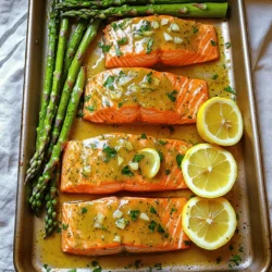 - 4 salmon fillets - 1 bunch of asparagus, trimmed - 4 cloves of garlic, minced Salmon fillets are the star of this dish. They provide a rich, buttery flavor. Fresh asparagus adds a nice crunch and color. Garlic gives the dish a strong, warm aroma that enhances the flavors. - 3 tablespoons olive oil - 2 tablespoons fresh lemon juice - 1 teaspoon dried oregano - 1 teaspoon dried thyme Olive oil helps to keep the salmon moist while baking. Lemon juice adds brightness and tang. Dried oregano and thyme bring a nice herb flavor that pairs well with salmon. - Lemon slices - Fresh parsley Lemon slices make the dish look fresh and inviting. Chopped parsley adds a pop of green and a slight peppery taste. These garnishes elevate the dish and make it more appealing. First, preheat your oven to 400°F (200°C). This step is key for even cooking. Next, line a large sheet pan with parchment paper. This makes cleanup easy and helps the food not stick. In a small bowl, whisk together the olive oil, minced garlic, lemon juice, oregano, thyme, salt, and pepper. This creates a flavorful marinade that will make the salmon and asparagus shine. Mix until all the ingredients blend well. Place the salmon fillets in the center of the prepared sheet pan. Brush each fillet generously with the garlic herb marinade. Next, take the trimmed asparagus and arrange it around the salmon. Drizzle any remaining marinade over the asparagus for extra flavor. Put the sheet pan in the preheated oven. Bake for 15-20 minutes. The salmon should cook until it flakes easily with a fork. The asparagus will become tender at the same time. After cooking, take the sheet pan out of the oven and let it rest for a few minutes. This helps the juices settle. Before serving, garnish the salmon with fresh parsley and lemon slices for a bright finish. To check for doneness, use a fork. Gently press the thickest part of the salmon. If it flakes easily, it is done. The salmon should look opaque. Aim for an internal temperature of 145°F (63°C). This means the fish is fully cooked and safe to eat. Keep in mind that salmon continues to cook after you take it out. Let it rest for a few minutes before serving. To get the best texture, choose fresh asparagus. Look for firm stalks with vibrant green color. Trim the tough ends before cooking. When arranging on the sheet pan, try to spread them out. This helps them roast evenly. Drizzle with the garlic herb marinade for added flavor. Roast until they are tender but still crisp. This usually takes about 15 minutes. Use parchment paper on your sheet pan. This makes cleanup quick and easy. You won’t have to scrub the pan afterward. Prep your ingredients ahead of time. Mince the garlic and trim the asparagus before you start cooking. This way, everything is ready to go when you need it. Less time in the kitchen means more time to enjoy your meal! {{image_2}} You can boost the taste of your Garlic Herb Salmon with more herbs and spices. Here are some great options: - Fresh dill - Chopped basil - Paprika - Red pepper flakes - Fresh cilantro Mix and match these to find your favorite flavors. Each herb adds a unique twist to the dish. For a spicy kick, try red pepper flakes. If you want freshness, use dill or basil. Not a fan of salmon or asparagus? No problem! You can swap out these ingredients easily. Here are some tasty alternatives: - Use chicken breasts instead of salmon. - Try shrimp for a different seafood option. - Substitute green beans for asparagus. - Zucchini or bell peppers also work well. These swaps keep the meal tasty while adding your own touch. Want to add more to your sheet pan? You can include other veggies or grains. Here are some ideas: - Cherry tomatoes for a burst of sweetness. - Baby potatoes for a hearty side. - Quinoa or rice for added carbs. - Broccoli or Brussels sprouts for extra greens. These additions make the dish more colorful and filling. Enjoy experimenting with different combinations! To keep your Garlic Herb Salmon and asparagus fresh, store them in the fridge. Place the leftovers in an airtight container. Make sure the container is sealed well to prevent air from getting in. This helps keep the food moist and tasty. You can store the leftovers for up to three days. When it's time to enjoy your leftovers, reheat them carefully. You can use an oven or a microwave. If you use an oven, preheat it to 350°F (175°C). Place the salmon and asparagus on a baking sheet. Cover them with foil to keep moisture in. Heat for about 10-15 minutes. If using a microwave, put the food on a microwave-safe plate. Cover it with a damp paper towel. Heat for 1-2 minutes, checking often to avoid drying out. Yes, you can freeze cooked salmon and asparagus! First, let them cool completely. Then, wrap them tightly in plastic wrap. Place the wrapped food in a freezer-safe bag or container. This helps prevent freezer burn. You can freeze them for up to two months. When you're ready to eat, thaw them in the fridge overnight. I recommend baking salmon fillets for 15 to 20 minutes at 400°F (200°C). The salmon should flake easily with a fork when done. Thin fillets may cook faster, so check them around the 15-minute mark. If you have thicker fillets, they may need the full 20 minutes. Yes, you can use frozen salmon! Just add a few extra minutes to your cooking time. There's no need to thaw. Make sure the salmon is fully cooked. It should reach an internal temperature of 145°F (63°C). This dish pairs well with various sides. Here are some ideas: - Quinoa for a nutty flavor. - Rice for a filling option. - A fresh salad for brightness. - Roasted potatoes for a hearty touch. Absolutely! Salmon is rich in omega-3 fatty acids. Asparagus is low in calories and high in vitamins. Garlic adds flavor and may boost your immune system. Olive oil provides healthy fats. This dish is both nutritious and delicious! Garlic herb salmon is easy and delicious. We covered the best ingredients, prep steps, and tips. Remember to check your salmon for perfect doneness and try new sides. Store leftovers safely and heat them right. This dish fits many diets and impresses at any meal. Enjoy making this healthy option for you and those you care about. You’ll love the flavors and ease of this recipe.