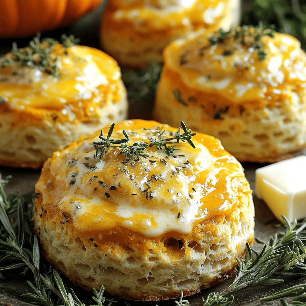 To make Herb Cheese Pumpkin Biscuits, gather these key ingredients: - 1 cup canned pumpkin puree - 2 cups all-purpose flour - 1 tablespoon baking powder - 1 teaspoon salt - 1 teaspoon dried rosemary - 1 teaspoon dried thyme - ½ cup shredded sharp cheddar cheese - ½ cup cold unsalted butter, cubed - ¼ cup milk - 1 tablespoon honey These ingredients blend together to create a soft and flaky biscuit. The pumpkin adds moisture and flavor, while the cheese gives it a rich taste. Accurate measurements matter in baking. Use a dry measuring cup for flour and other dry ingredients. For liquids like milk, use a liquid measuring cup. When measuring butter, it helps to cube it first. This makes it easy to mix into the flour. You can use both fresh and dried herbs in this recipe. Dried herbs have a stronger flavor, so use less if you switch to fresh. For every teaspoon of dried herb, use about three teaspoons of fresh herb. Fresh herbs can add a bright taste, but dried herbs are easier to store and use. Regardless, both will elevate your biscuits! First, set your oven to 425°F (220°C). This high heat makes the biscuits rise well. While the oven heats, take a baking sheet and line it with parchment paper. This paper prevents the biscuits from sticking. You want an easy cleanup too! In a large bowl, mix together the flour, baking powder, salt, rosemary, and thyme. Use a whisk or a fork to blend them well. This step ensures that the herbs spread evenly in the dough. It adds great flavor to each bite! Now, add the cubed cold butter into your flour mix. Use your fingers or a pastry cutter to combine. Work until the mixture looks like coarse crumbs. Next, stir in the shredded cheddar cheese. The cheese gives a nice, rich taste to the biscuits. In a separate bowl, whisk the pumpkin puree, milk, and honey until smooth. Slowly pour this pumpkin mix into your flour mixture. Stir gently until just combined. Be careful not to overmix; a slightly sticky dough is perfect for your biscuits. Turn the dough onto a floured surface. Knead it a few times to form a ball. Pat it down into a rectangle, about 1 inch thick. Use a round cutter or a glass to cut out biscuits. Place them on the baking sheet. If you have leftover dough, re-roll it to cut more biscuits. Bake your biscuits in the preheated oven for 15-18 minutes. They are done when golden brown on top. Once baked, let the biscuits cool a bit on a wire rack. Serve them warm with a pat of butter and fresh herbs for a lovely touch! To get that flaky texture, keep your butter cold. When you mix the butter into the flour, it creates pockets of air. These pockets help the biscuits rise. Do not overmix the dough. Mix just until you see no dry flour. A little stickiness is okay. This will help keep the biscuits soft inside. If you have biscuits left, let them cool completely. Then, place them in an airtight container. You can keep them at room temperature for up to two days. For longer storage, wrap them in plastic wrap and freeze. They can last for about a month in the freezer. One common mistake is using warm butter. It can make the biscuits dense. Always use cold butter straight from the fridge. Another mistake is not measuring flour correctly. Too much flour can lead to dry biscuits. Always spoon flour into your measuring cup and level it off. Avoid opening the oven door too often while baking. It can cause the biscuits to fall. {{image_2}} You can easily make these biscuits gluten-free. Just swap the all-purpose flour for a gluten-free blend. Look for a mix that works well in baking. Make sure it has xanthan gum, as this helps bind the ingredients. You can also use almond flour or coconut flour, but adjust the liquid. Start with less and add more as needed. Feel free to switch the cheese in this recipe. If you love a sharper taste, use aged cheddar. For a creamier option, try mozzarella or gouda. You can also use a mix of cheeses for extra flavor. Just keep the total amount to 1 cup so the texture stays right. Want to give these biscuits a twist? Add more herbs or spices to the mix. Fresh herbs like chives or parsley brighten the flavor. For extra warmth, try adding a pinch of cayenne pepper or smoked paprika. Mix and match until you find your perfect blend. To keep your herb cheese pumpkin biscuits fresh, store them in an airtight container. Place a paper towel in the container to absorb any moisture. This method helps maintain their flaky texture. You can store them at room temperature for up to three days. If you plan to keep them longer, consider freezing them. Reheating your biscuits is simple. Preheat your oven to 350°F (175°C). Place the biscuits on a baking sheet. Heat them for about 10 minutes. This process revives their crispy edges and soft centers. You can also use a microwave for quick reheating. However, this method may make them a bit soft. Freezing biscuits allows you to enjoy them later. After baking, let the biscuits cool completely. Wrap each biscuit in plastic wrap and then place them in a freezer bag. They can last up to three months in the freezer. When ready to eat, thaw them overnight in the fridge. Reheat them in the oven for the best results. Yes, you can use fresh pumpkin. To do this, cook the pumpkin first. Cut it, remove seeds, and roast until soft. Then, scoop out the flesh and mash it into a puree. This fresh pumpkin adds a nice flavor. To make these biscuits vegan, swap the butter for a plant-based option. You can use coconut oil or vegan butter. Replace milk with almond milk or soy milk. Use a vegan honey substitute or maple syrup for sweetness. Absolutely! You can add cooked bacon bits for a savory touch. Chopped jalapeños add a spicy kick. Just keep in mind that these extras can change the texture. Adjust the flour in your mix if needed. These biscuits pair well with soups or salads. Consider serving them with a creamy dip or herb-infused butter. A warm bowl of pumpkin soup complements these biscuits perfectly. They also work great as a side for a hearty meal. These biscuits stay fresh for about two days at room temperature. Store them in an airtight container to maintain their texture. For longer storage, freeze them. They can last up to three months in the freezer. Just reheat in the oven when ready to serve. In this blog post, we explored how to make Herb Cheese Pumpkin Biscuits. We covered essential ingredients, key steps, and helpful tips. You learned the difference between fresh and dried herbs, along with how to store and reheat your biscuits. Baking these biscuits can be fun and rewarding. Enjoy the warm, tasty results with friends and family. Experiment with different herbs and cheeses to make your own special version. Happy baking!