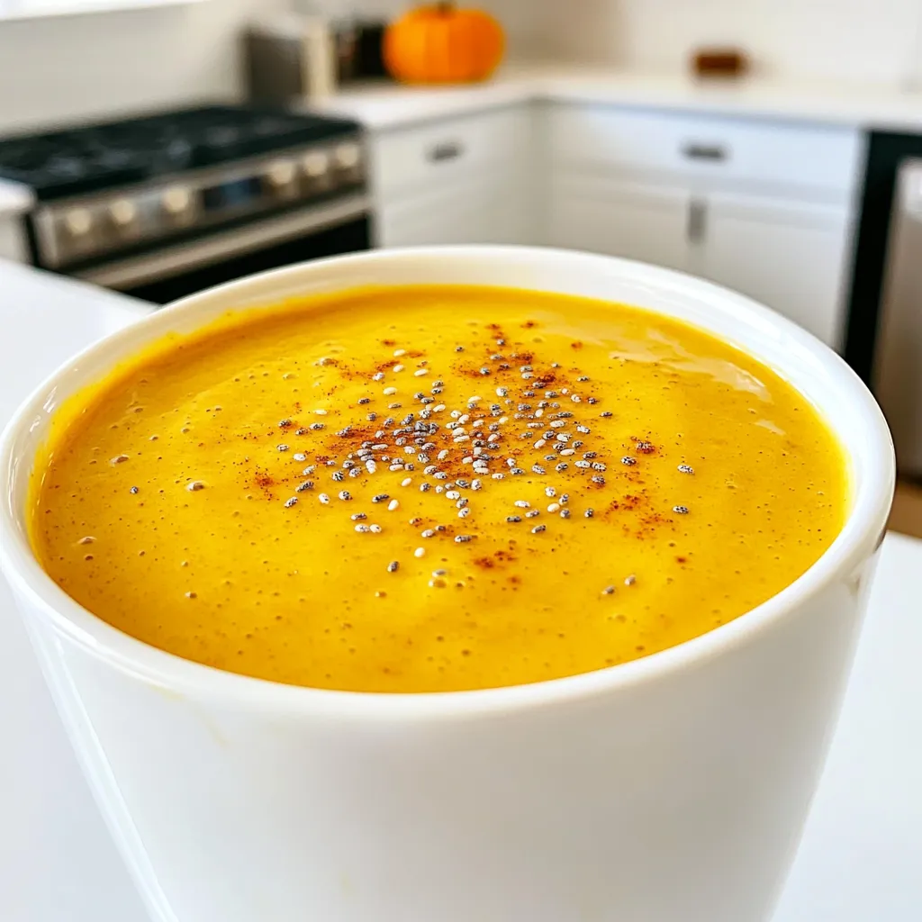 - 1 cup canned pumpkin puree - 1 medium banana, frozen - 1 cup unsweetened almond milk (or any milk of choice) - 1 tablespoon maple syrup (or to taste) - 1 teaspoon chai spice blend (or a mix of cinnamon, ginger, and nutmeg) - 1/2 teaspoon vanilla extract - 1 tablespoon chia seeds (optional) - Ice cubes (optional, for a thicker consistency) Canned pumpkin is rich in fiber and vitamins. It helps with digestion and keeps you full. The frozen banana adds natural sweetness and creaminess. Bananas provide potassium, which is great for heart health. Almond milk is low in calories and dairy-free. It contains vitamin E, which is good for your skin. Chai spices bring warmth and can help with digestion. Cinnamon lowers blood sugar, while ginger eases nausea. Chia seeds are full of omega-3 fatty acids. They help keep your heart healthy. You can swap canned pumpkin with fresh pumpkin puree. Just cook and blend fresh pumpkin until smooth. If you want a sweeter smoothie, use honey instead of maple syrup. For a thicker texture, use Greek yogurt or a ripe avocado. You can also try coconut milk for a creamier taste. If you don't have chai spice, use pumpkin pie spice instead. This gives a similar flavor. To make your cozy pumpkin chai smoothie, start with a few simple steps. Gather your ingredients first. You need: - 1 cup canned pumpkin puree - 1 medium banana, frozen - 1 cup unsweetened almond milk (or any milk of choice) - 1 tablespoon maple syrup (or to taste) - 1 teaspoon chai spice blend (or a mix of cinnamon, ginger, and nutmeg) - 1/2 teaspoon vanilla extract - 1 tablespoon chia seeds (optional) - Ice cubes (optional, for a thicker consistency) Now, take your blender. Add the canned pumpkin puree and the frozen banana. The banana brings natural sweetness. It also helps make the smoothie creamy. Next, pour in the almond milk. Add maple syrup, chai spice blend, vanilla extract, and chia seeds if you like. When blending, use a high setting. This helps mix all the ingredients well. Blend until the mixture is smooth and creamy. If you want a thicker smoothie, toss in a few ice cubes. Blend again until it reaches your desired texture. Taste the smoothie. If you want it sweeter, add more maple syrup. Blend again for a few seconds to mix. Pour the smoothie into a glass. You can give it a gentle stir to combine all flavors. For a nice touch, sprinkle some extra chai spice on top. Serve it with a straw or spoon. Enjoy the warm, cozy flavors as you sip this delightful drink! To get the right smoothness, use a frozen banana. It makes the drink creamy. If you want a thicker smoothie, add ice cubes. Blend all ingredients until they are well mixed. You may need to pause and stir if the blender gets stuck. Check the smoothness. If it feels thick, add a little almond milk. Blend again until it’s just right. If you have extra smoothie, store it in the fridge. Use a glass jar with a tight lid. Cover it well to keep it fresh. The smoothie will last for one day. When you want to drink it again, shake the jar well. You may need to blend it again to get the right texture. Want to make your smoothie even better? Try adding a scoop of protein powder. This adds nutrition and keeps you full. You can also mix in some spinach for a green boost. It won’t change the flavor much. For a sweeter taste, add more maple syrup. A sprinkle of cocoa powder gives a nice twist too! {{image_2}} For a creamy, dairy-free version, use almond milk or coconut milk. Both give a rich taste. If you want to keep it vegan, skip honey and stick to maple syrup. This sweetener adds warmth and flavor that fits right in. You can also try oat milk or soy milk for a different twist. They all blend well with pumpkin and spices. To turn this smoothie into a pumpkin spice latte, add a shot of espresso or strong coffee. This adds a nice kick and pairs well with the spices. You can also sprinkle some cocoa powder on top. It gives a chocolatey finish that makes it even more delightful. This twist is perfect for coffee lovers who enjoy pumpkin treats. Want to boost your smoothie? Try adding spinach or kale. These greens blend smoothly and add vitamins without changing the taste much. You can also throw in some protein powder. It helps keep you full longer and adds protein to your diet. If you like seeds, chia seeds are a great option too. They add fiber and omega-3s, making your smoothie even healthier. After making the Cozy Pumpkin Chai Smoothie, you might have some left over. To keep it fresh, store it in an airtight container. This helps prevent any odors from the fridge from affecting the taste. Make sure to seal it well. I recommend using a glass jar for the best results. If you want to save your smoothie for later, freezing is a great option. Pour the smoothie into ice cube trays or freezer-safe bags. This way, you can thaw just what you need next time. Just remember to leave a little space in the container, as liquids expand when frozen. In the fridge, your Cozy Pumpkin Chai Smoothie stays good for about two days. If you freeze it, it can last for up to two months. However, for the best taste and texture, try to use it within a month. Always check for any off smells or changes in texture before enjoying it again. Yes, you can use fresh pumpkin! First, cook your pumpkin until soft. Then, mash or puree it to get a smooth texture. Fresh pumpkin may have a lighter flavor. You might need to adjust the spices to enhance the taste. It’s a fun way to use seasonal produce! You can replace maple syrup with honey or agave nectar. Sugar also works, but it may not blend as well. If you want a sugar-free option, try using mashed dates or a sugar substitute. Adjust the amount according to your taste. Yes, this smoothie is great for kids! It has natural sweetness from banana and pumpkin. The chai spices add flavor without being too strong. Just check for any allergies first. It’s a fun way to sneak in veggies! In this post, I covered the key ingredients for a tasty smoothie, their health benefits, and helpful substitutions. I shared simple steps for preparing your drink, along with blending tips for a smooth texture. You learned ways to enhance flavor and how to store leftovers. I also discussed fun variations to try and gave storage information. Remember, smoothies can be both nutritious and delicious! Experiment with ingredients to find your perfect blend. Enjoy your next smoothie adventure!
