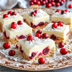 - 2 cups graham cracker crumbs - 1 cup unsweetened shredded coconut - 1 cup dried cranberries - 1/2 cup almond butter (or peanut butter) - 1/4 cup honey or maple syrup - 8 oz white chocolate, chopped - 1 teaspoon vanilla extract - Pinch of salt Finding the right ingredients is key. For the graham cracker crumbs, choose a brand that uses simple ingredients. This keeps the bars tasty. Unsweetened shredded coconut adds texture and a nice flavor. I like using sweetened dried cranberries. They bring a tangy burst to each bite. I recommend brands like Justin's for almond butter. Their almond butter has a rich taste and smooth texture. For white chocolate, Ghirardelli offers a great melting chocolate. It melts well and tastes sweet. Using fresh cranberries can be tempting, but they are tart. Dried cranberries work better for this recipe. They add sweetness without the extra moisture. Always check for the freshest dried cranberries. Freshness matters for flavor! Before you start, gather your tools. Get a large bowl, a microwave-safe bowl, and a spatula. Make sure your baking dish is ready. Line it with parchment paper for easy removal later. Measure your ingredients carefully. Accurate measurements make a big difference in taste and texture. Step 1: Prepare the Base In a large bowl, mix the graham cracker crumbs, shredded coconut, and dried cranberries. Stir until they are evenly combined. This mix gives your bars a great base. Step 2: Make the Mixture In a separate bowl, add the almond butter and honey. Microwave them together in 30-second bursts. Stir after each burst until the mix is smooth. Then, add the vanilla extract and a pinch of salt for flavor. Step 3: Combine Pour the almond butter mixture into the bowl with the graham cracker mix. Stir well until everything is coated. This should form a sticky mixture that holds together. Step 4: Melt the Chocolate Take your chopped white chocolate and place it in a microwave-safe bowl. Microwave it in 30-second intervals, stirring in between. Keep doing this until the chocolate is smooth and melted. Step 5: Combine Chocolate Pour half of the melted white chocolate into the sticky mixture. Stir well to combine. Then, press this mixture firmly into your lined baking dish. Make sure it’s even and packed down. Step 6: Top with Chocolate Now, take the rest of the melted white chocolate and pour it over the top. Spread it evenly with a spatula. This creates a nice, smooth top layer. Step 7: Chill Put the baking dish in the fridge. Let it chill for at least 2 hours. This helps the bars set and hold their shape. Step 8: Cut and Serve Once the bars are set, lift them out using the parchment paper. Cut them into squares or rectangles, based on your preference. For best results, take pictures at each step. This will help you see how your bars should look. When melting chocolate, be patient. Stir often to avoid burning. If you notice lumps, continue to microwave in short bursts until smooth. To avoid sticky mixtures, you can use a few tricks. First, make sure your graham cracker crumbs are finely crushed. Larger pieces can lead to a clumpy texture. Next, when mixing in the almond butter and honey, stir quickly. This helps distribute the sticky ingredients evenly. If your mixture is too wet, add a bit more graham cracker crumbs. If you face issues with texture, don’t worry. Sometimes the bars can be too crumbly. If that happens, try adding a touch more almond butter. This will help bind the mixture better. On the other hand, if they feel too soft, chill them longer. The fridge works wonders for firming up the bars. For garnishing your bars, consider using extra dried cranberries. They add color and a pop of flavor. A sprinkle of shredded coconut on top makes the bars look fancy. You can also drizzle a bit of melted white chocolate for extra flair. When serving these bars at a party, cut them into fun shapes. You can make small squares or rectangles. Arrange them on a decorative platter. This makes a great centerpiece for your dessert table. To save time, you can make these bars ahead of time. Prepare them the night before and let them chill overnight. This way, they will be ready when you need them. For storing leftovers, keep them in an airtight container. They last well in the fridge for about a week. You can also freeze them for longer storage. Just wrap them tightly in plastic wrap before placing them in a freezer bag. {{image_2}} You can make these bars your own! Adding nuts or seeds gives a nice crunch. Try chopped almonds, walnuts, or sunflower seeds. Each option brings a new taste. You can also switch up the dried fruits. Instead of cranberries, use cherries, apricots, or raisins. Each fruit adds unique flavors. For sweeteners, honey works great, but maple syrup adds a nice twist. If you need a gluten-free option, use gluten-free graham crackers. They work just as well. For those who want a vegan treat, substitute almond butter with sunflower seed butter. You can also use agave syrup instead of honey. This keeps the bars vegan and delicious. Make these bars festive! For holidays, add spices like cinnamon or nutmeg. These flavors make them feel cozy and warm. You can even top with seasonal fruits. In fall, use pumpkin spice, and in summer, add fresh berries. These twists keep the recipe fresh and fun for any occasion. To keep your no-bake white chocolate cranberry bars fresh, store them in the fridge. Use an airtight container to prevent them from drying out. You can also wrap them in plastic wrap for extra protection. If you want to save some for later, freeze the bars. Just cut them into pieces first, then wrap each piece tightly. This method keeps them safe from freezer burn. These bars stay fresh for about one week in the fridge. If you freeze them, they can last up to three months. Look for signs of spoilage, like a change in color or a weird smell. If the bars feel dry or hard, it’s time to toss them. Enjoying these bars while they’re fresh ensures the best taste and texture! Can I use milk chocolate instead of white chocolate? Yes, you can use milk chocolate. It will change the flavor a bit. Milk chocolate is sweeter than white chocolate. This swap will create a different taste, but it will still be delicious. How long do these bars need to set in the fridge? These bars need to chill for at least two hours. This time allows the chocolate to harden. If you want firmer bars, leave them in longer. Can I substitute peanut butter for almond butter? Absolutely! Peanut butter works great in this recipe. It adds a slightly different taste. Both nut butters will give you a rich, creamy texture. Is it possible to make these bars nut-free? Yes, you can make them nut-free by using sun butter or a seed butter. This option keeps the bars creamy and delicious without nuts. Just ensure your other ingredients are also nut-free. What can I serve with these no-bake bars? These bars pair well with fresh fruit or a scoop of vanilla ice cream. You can also serve them with a cup of tea or coffee. They make a perfect sweet treat for any gathering. This blog post detailed how to make delicious no-bake bars. We covered each ingredient, from graham crackers to the white chocolate topping. I shared tips for preparation, serving, and storage. You can customize flavors to fit your taste or dietary needs. Whether for a party or a quick snack, these bars are easy to make and fun to share. Enjoy creating your own tasty treats, and don’t be afraid to experiment!