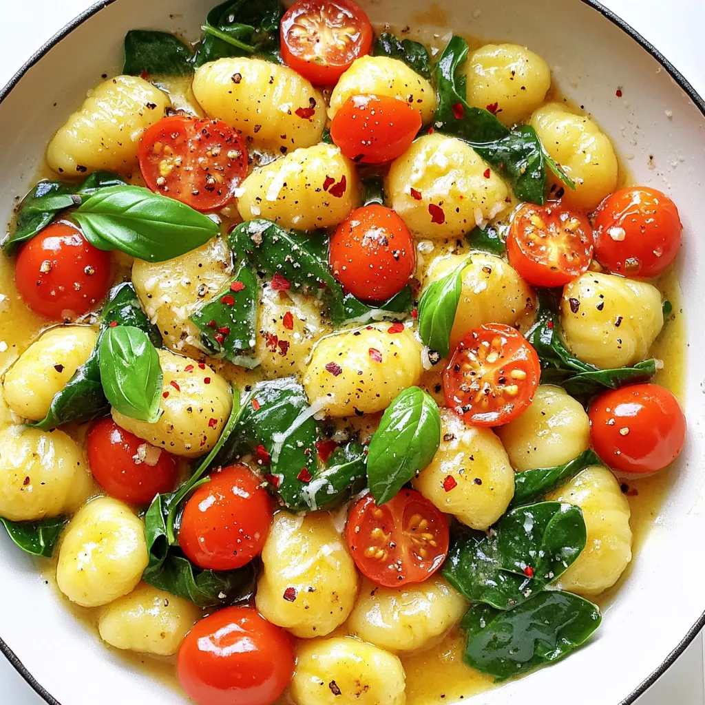 - 1 lb potato gnocchi - 4 tablespoons unsalted butter - 5 cloves garlic, minced - 1 cup cherry tomatoes, halved - 2 cups fresh spinach - 1/2 teaspoon red pepper flakes (optional) - Salt and pepper to taste - 1/4 cup fresh basil, chopped - Grated Parmesan cheese for serving (optional) Gather these ingredients for a quick meal. I love the potato gnocchi because it has a soft texture. Unsalted butter brings a rich flavor, and garlic adds a nice kick. The cherry tomatoes give a sweet burst, while fresh spinach adds color and nutrients. Red pepper flakes can spice things up, but you can skip them if you prefer milder food. Salt and pepper help balance the flavors. Fresh basil adds a lovely aroma, and Parmesan cheese makes everything taste even better. You can find most of these items in any store. Make sure to check the produce aisle for fresh ingredients. Using high-quality items makes a big difference in taste. This dish is not only quick but also packed with flavor and nutrition. To start, you need to cook the gnocchi. Fill a large pot with water. Add a good amount of salt. Bring the water to a boil. Once boiling, add the gnocchi. Cook them until they float, which takes about 2-3 minutes. Use a slotted spoon to remove them. Set the gnocchi aside. If you're using store-bought gnocchi, this step is quick and easy. For homemade gnocchi, make sure to use a light hand when rolling them. This helps them stay fluffy. Now, let's make the sauce. In a large skillet, melt the butter over medium heat. Watch for the butter to foam up. Once it does, add the minced garlic. Sauté the garlic for about 1-2 minutes. Be careful not to let it brown. If garlic gets brown, it will taste bitter. The key to a great garlic butter sauce is timing. You want the garlic to smell fragrant but stay white. This gives the sauce a nice flavor without the bitterness. Next, it's time to add the tomatoes. Toss in the halved cherry tomatoes and cook them for about 3-4 minutes. This helps soften them and release their juices. After that, gently add the cooked gnocchi to the skillet. Now, toss in the fresh spinach. Stir everything together carefully. Cook for another 2-3 minutes. You want the spinach to wilt but still look fresh. Finally, season the dish. Sprinkle in the red pepper flakes, if you like some heat. Add salt and pepper to taste. Mix everything well so the gnocchi are coated in the garlic butter sauce. Your Garlic Butter Gnocchi Skillet is almost ready to enjoy! To get the best gnocchi, timing is key. Cook the gnocchi in salted boiling water. Wait until they float to the top, usually after 2-3 minutes. This shows they are done. Be careful not to overcook them; they can become mushy. For brands, I recommend De Cecco or Giovanni Rana. They have great flavor and texture. You can make this dish even better by adding herbs. Try thyme or oregano for a savory touch. For a kick, add red pepper flakes or a dash of cayenne. Adjust the heat to fit your taste. If you like it mild, skip the spice. Garnish your dish with fresh basil and grated Parmesan. This adds color and taste. You can also use parsley or chives for a fresh twist. Pair your gnocchi with a light salad or crusty bread. A glass of white wine works well, too. It complements the garlic and butter flavors perfectly. {{image_2}} You can switch out spinach for kale or arugula. Both give a nice bite. If you don’t have cherry tomatoes, try diced bell peppers or zucchini. For extra protein, add cooked chicken, shrimp, or even chickpeas. Each option adds its own flavor, making this dish your own. To make this meal gluten-free, use gluten-free gnocchi. Many brands offer tasty options, so check your store. For vegan choices, swap the butter for olive oil or a vegan butter. You can also use nutritional yeast instead of Parmesan cheese for a cheesy taste without dairy. Different skillets heat in unique ways. If you use a non-stick skillet, you might need less butter. If you have cast iron, let it heat well before adding ingredients. Cooking on an induction cooktop offers quick heat. Adjust your cooking time as needed to keep the gnocchi from sticking. To keep your garlic butter gnocchi fresh, use airtight containers. Glass or plastic containers work well. Make sure the gnocchi cools before sealing. Store in the fridge for up to three days. If you notice any change in color or smell, it's best to toss it. When reheating, use a skillet over medium heat. Add a splash of water or broth to keep moisture. Stir gently to avoid breaking the gnocchi. Heat until warm, about five minutes. You want the gnocchi soft and tasty, not dry. If you want to freeze the gnocchi, place it in a single layer on a tray. Freeze for about an hour, then transfer to a freezer bag. This helps prevent clumping. It can last up to three months in the freezer. To thaw, place it in the fridge overnight before reheating. It takes about 20 minutes to make this dish. You need 10 minutes to prep and 10 minutes to cook. First, boil the gnocchi for 2-3 minutes. Then, you sauté the garlic and tomatoes while the gnocchi cooks. Finally, mix everything in the skillet for a few minutes. Yes, you can use frozen gnocchi. Frozen gnocchi is quick and easy. You don’t need to thaw it first. Just add it directly into boiling water. However, frozen gnocchi may be softer than fresh. You might need to adjust the cooking time. It’s always good to check the package instructions too. You can serve this dish with many sides. Try a simple green salad for a fresh touch. Garlic bread pairs well, too. For drinks, a light white wine works nicely. Lemonade is a great non-alcoholic choice. Enjoy experimenting to find your perfect match! This blog post covered how to make Garlic Butter Gnocchi Skillet. You learned essential ingredients, step-by-step instructions, and helpful tips. Remember, choosing good gnocchi and perfecting the garlic sauce is key. Feel free to customize with your favorite ingredients and seasonings. Enjoy experimenting with flavors and variations. With practice, you can make this dish your own. Try it out; you might find your new favorite meal!