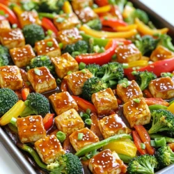 - 14 oz firm tofu, pressed and cubed - 1 red bell pepper, sliced - 1 yellow bell pepper, sliced - 1 cup broccoli florets - 1 carrot, julienned - 1 cup sugar snap peas - 3 tablespoons sweet chili sauce - 2 tablespoons soy sauce - 1 tablespoon olive oil - 1 teaspoon garlic powder - Salt and pepper to taste - Sesame seeds and green onions for garnish I suggest using extra-firm tofu for the best texture. Brands like Nasoya and House Foods make great choices. For sweet chili sauce, try Mae Ploy or Thai Kitchen; they deliver fantastic flavor. Kikkoman is my go-to for soy sauce. You can use any good olive oil, but I prefer California Olive Ranch for its rich taste. If you can't find firm tofu, silken tofu works but will be softer. You can swap bell peppers with zucchini or eggplant for a different taste. For a low-sodium option, choose a low-sodium soy sauce. If you want a sweeter sauce, mix honey with your chili sauce. For a nutty twist, add roasted peanuts on top instead of sesame seeds! Start by gathering all your ingredients. You need 14 oz of firm tofu, two bell peppers, broccoli, a carrot, and sugar snap peas. Press the tofu to remove excess water. This makes it crispier. Cut the tofu into cubes. Slice the red and yellow bell peppers. Cut the broccoli into small florets. Julienne the carrot, and trim the sugar snap peas. In a mixing bowl, combine the cubed tofu with sweet chili sauce, soy sauce, olive oil, garlic powder, salt, and pepper. Toss everything well so the tofu gets a nice coat. This adds flavor to every bite. Preheat your oven to 400°F (200°C). Line a large baking sheet with parchment paper. Spread the marinated tofu cubes evenly on the sheet. Arrange the sliced vegetables around the tofu. You can drizzle more sweet chili sauce over the veggies if you want. Add a pinch of salt and pepper to season. Bake everything for 25-30 minutes. Halfway through, flip the tofu and veggies for even roasting. You want them caramelized and golden brown. When done, take them out of the oven and let them cool for a couple of minutes. To get the best roast, do not overcrowd the pan. Give each piece space to breathe. This helps them brown better. If you prefer more crunch, check the veggies earlier. You can also use a broiler for the last few minutes. This adds a nice char to the dish. Remember to garnish with sesame seeds and chopped green onions for that extra flair! Tofu holds a lot of water. Pressing it helps it absorb flavors. To press tofu, wrap it in a clean kitchen towel. Place a heavy object, like a cast-iron pan, on top. Let it sit for 15-30 minutes. This step makes the tofu firmer and more flavorful. To make your dish pop, use high-quality sauces. Sweet chili sauce adds a nice kick. Soy sauce brings depth to the flavor. Adding garlic powder boosts the taste. You can also sprinkle fresh herbs on top. Green onions add a nice crunch and color. One common mistake is not pressing the tofu enough. This leads to a soggy texture. Another mistake is overcrowding the pan. This can steam the veggies instead of roasting them. Make sure to space everything out on the baking sheet. Lastly, don’t skip the flipping step. It helps everything cook evenly. {{image_2}} You can add more veggies to this dish. Try zucchini, cauliflower, or asparagus. These veggies add flavor and color. Just cut them into bite-sized pieces. Toss them with the tofu and sauce before baking. They will roast nicely alongside the others. Want a kick? Add red pepper flakes or fresh chili peppers. You can also mix in some chopped ginger for extra spice. This will give the dish a nice heat. If you love heat, go for spicy chili sauce instead of sweet chili sauce. It will change the flavor and make it bold. This recipe is easy to make gluten-free. Just use tamari instead of soy sauce. It tastes great and works well. For a nut-free version, skip any nuts in your veggie mix. You can also swap tofu for chickpeas or lentils. They will soak up the sauce and still taste amazing. After enjoying your sheet-pan sweet chili tofu, store leftovers in an airtight container. Make sure to let the dish cool down to room temperature first. This helps to keep the tofu and veggies fresh. Place the container in the fridge. Leftovers stay good for about 3 to 4 days. To reheat, you can use a microwave or an oven. If using a microwave, place your portion in a bowl and cover it. Heat for 1 to 2 minutes until warm. If you prefer the oven, preheat it to 350°F (175°C). Spread the leftovers on a baking sheet and warm for about 10 minutes. This helps keep the tofu crispy. For meal prep, you can freeze the sweet chili tofu and veggies. First, let the dish cool completely. Then, portion it into freezer-safe containers. Be sure to leave some space at the top, as food expands when frozen. This dish can last in the freezer for about 2 to 3 months. When ready to eat, thaw overnight in the fridge before reheating. Yes, you can use different types of tofu. Firm tofu works best for this dish. Extra-firm tofu gives a nice texture. Soft or silken tofu may break apart during cooking. If you prefer a different protein, try tempeh or seitan. To keep your veggies crisp, avoid overcrowding the pan. Ensure each piece has space to roast. Cut the veggies into similar sizes for even cooking. Also, do not overbake them. Check for doneness around 25 minutes. The veggies should be bright and slightly tender. This dish pairs well with rice or quinoa. You can also serve it with a fresh salad. If you want a crunch, try serving with crispy noodles. For extra flavor, drizzle some soy sauce or sesame oil. This meal lasts about 3 to 4 days in the fridge. Store it in an airtight container. Reheat it in the oven or microwave. The tofu may lose some crispness when reheated, but it will still taste great. This blog covered key ingredients for your dish, offered step-by-step cooking tips, and shared useful tricks. I explained variations to suit different tastes and dietary needs. Finally, I detailed how to store and reheat leftovers properly. Remember, cooking is about creativity and fun. Don't be afraid to try new flavors or adjust as you go. You can make this dish your own while keeping it simple and delicious. Enjoy your cooking journey!