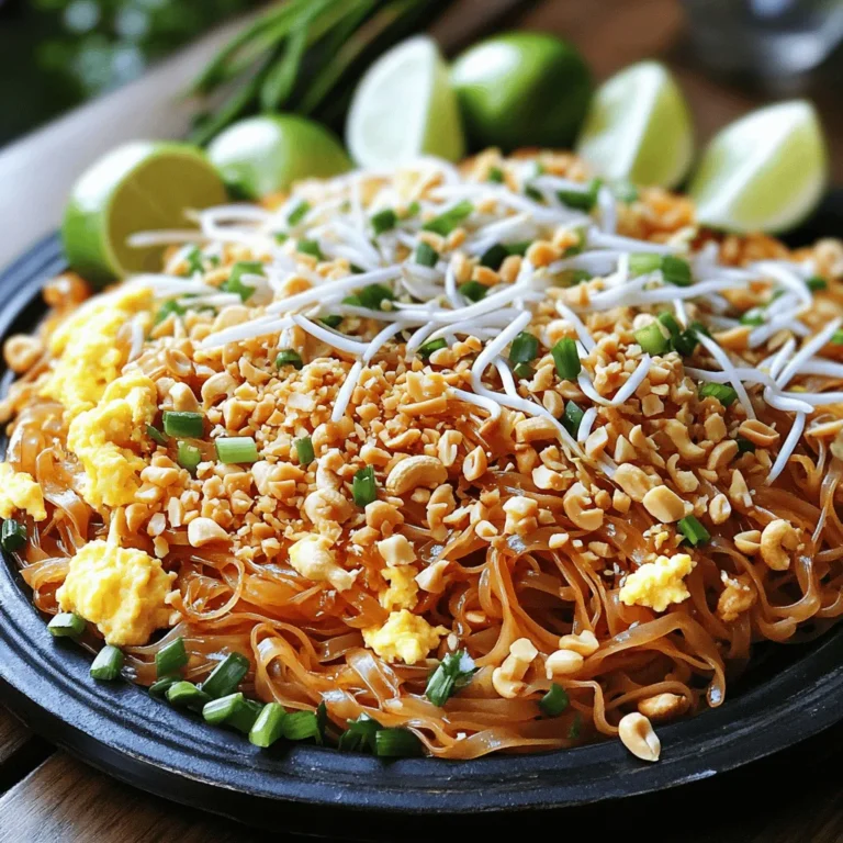 - 8 oz rice noodles - 2 tablespoons vegetable oil - 2 cloves garlic, minced - 1 cup bean sprouts - 2 scrambled eggs - 1 cup protein of choice (tofu, shrimp, or chicken) - 3 tablespoons soy sauce - 1 tablespoon tamarind paste - 1 tablespoon brown sugar - 1 teaspoon chili powder - 2 green onions, sliced - 1 tablespoon crushed peanuts - Lime wedges for serving When making Pad Thai, it's key to gather all your ingredients first. This helps you cook smoothly. The rice noodles are the star. They soak up flavors and give a nice texture. Use fresh garlic for a punch. The bean sprouts add crunch, while the protein makes it hearty. For the sauce, tamarind paste gives that sweet and tangy kick. Brown sugar balances the flavors. Chili powder adds a bit of heat. Adjust the spice to match your taste. For garnish, green onions provide freshness. Crushed peanuts add a lovely crunch. Lime wedges give a bright finish. These touches elevate your dish, making it look and taste amazing. Enjoy the process of cooking Pad Thai. It's simple yet rewarding! - Soak the rice noodles in hot water for about 20 minutes. - Drain and set aside to keep them firm. - Heat vegetable oil in a large skillet over medium-high heat. - Add minced garlic and sauté for 30 seconds until it smells great. - Add your protein choice, like tofu, shrimp, or chicken, and cook until browned, about 4-5 minutes. - Push the protein to one side and pour in scrambled eggs. Stir to cook. Mix with protein when done. - Add the soaked noodles and bean sprouts to the skillet. Toss everything together well. - In a small bowl, mix soy sauce, tamarind paste, brown sugar, and chili powder. Pour this over the noodles. Toss to coat evenly. - Stir-fry for an extra 2-3 minutes. Ensure the noodles heat through and are coated in sauce. - Remove from heat and sprinkle green onions and crushed peanuts on top for crunch. - Use quality tamarind paste: Fresh tamarind adds a rich, tangy flavor. Look for paste made from real tamarind. It brightens the dish and enhances the taste. - Adjust soy sauce for saltiness: Not all soy sauce is the same. Start with less and add more until you find the right saltiness. This lets the other flavors shine through. - Importance of high heat in stir-frying: High heat cooks the noodles quickly and gives them that charred flavor. Make sure your skillet or wok is hot before adding ingredients. - Steps to prevent noodles from sticking: Rinse soaked noodles in cold water before cooking. Stir them often while cooking. This keeps them loose and prevents sticking. - Plating suggestions with lime and cilantro: Serve Pad Thai on a large platter. Add lime wedges and fresh cilantro on top. This adds color and freshness. - Additional toppings for enhanced flavor: Try adding extra crushed peanuts, chili flakes, or bean sprouts on top. These add crunch and depth to each bite. {{image_2}} You can choose different proteins for Pad Thai. Tofu works well for a vegan meal. Shrimp adds a nice seafood touch. Chicken is another great option. Each protein brings its flavor and texture. If you want a veggie dish, use only tofu and skip the eggs. This makes it fully vegan. You can also mix proteins for more variety. Feel free to add more veggies. Bell peppers add crunch and sweetness. Carrots bring color and nutrition. Mushrooms offer a hearty texture. You can also adjust the spice level. If you like heat, add more chili powder. For a milder dish, use less. Customize each plate to match your taste. You can try different sauces too. Peanut sauce gives a rich and nutty flavor. Sweet chili sauce adds a touch of sweetness. Fresh herbs like cilantro or basil make a big difference. They add freshness and aroma. Experiment with these options to create your ideal Pad Thai. To keep your Pad Thai noodles fresh, store leftovers in airtight containers. Make sure to seal them well. This will help keep moisture in and prevent the noodles from drying out. In the fridge, they will stay good for about three to four days. If you want to keep them longer, freezing is a great option. When it’s time to enjoy your leftovers, you can reheat them in two main ways: the microwave or stovetop. The microwave is quick, but it can lead to dryness. To avoid this, add a splash of water before heating. Stir the noodles halfway through to heat them evenly. For stovetop reheating, use a non-stick pan. Add a bit of oil or water, then warm on low heat. This helps maintain the noodles' texture and taste. Freezing cooked Pad Thai noodles is simple. First, let them cool completely. Then, place them in freezer-safe bags. Squeeze out as much air as possible. This will prevent freezer burn. Cooked noodles can last up to three months in the freezer. When you’re ready to eat, thaw them overnight in the fridge. To reheat, use the stovetop method for the best results. If they seem dry, add a little oil or a splash of water to help them regain their original flavor. Pad Thai is a mix of flavors and textures. A traditional Pad Thai has key ingredients, including: - 8 oz rice noodles - 2 tablespoons vegetable oil - 2 cloves garlic, minced - 1 cup bean sprouts - 2 scrambled eggs - 1 cup protein of choice (tofu, shrimp, or chicken) - 3 tablespoons soy sauce - 1 tablespoon tamarind paste - 1 tablespoon brown sugar - 1 teaspoon chili powder - 2 green onions, sliced - 1 tablespoon crushed peanuts - Lime wedges for serving These ingredients come together to create a delicious dish. The rice noodles are the base. They soak up the sauce and add chewiness. The protein adds heartiness, while the bean sprouts offer crunch. Making rice noodles at home is easy. You need rice flour, water, and a bit of salt. Here are the basic steps: 1. Mix rice flour, water, and salt in a bowl until smooth. 2. Pour the mixture into a flat pan. 3. Steam it for about 10 minutes until firm. 4. Let it cool and slice into noodles. These fresh noodles will make your Pad Thai taste even better. Yes, you can easily make Pad Thai gluten-free. Here are some alternatives: - Use gluten-free rice noodles instead of regular ones. - Choose gluten-free soy sauce or tamari instead of regular soy sauce. These swaps will keep the dish tasty while catering to dietary needs. Enjoy your cooking! In this article, we covered Pad Thai from ingredients to cooking techniques. You learned about the main ingredients and how to make authentic flavors shine. We explored variations for proteins and suggested ways to enhance taste. I provided tips for storage and reheating, helping you enjoy every bite later. Remember, Pad Thai is versatile and fun to make. Your kitchen can be a delicious adventure! Enjoy trying out new flavors and share your creations with friends.