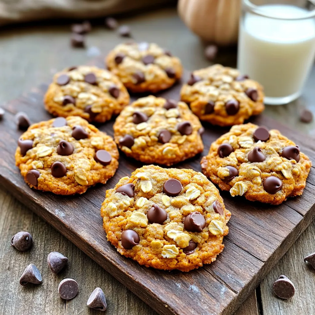 When making Pumpkin Oatmeal Chocolate Chip Cookies, you need the right ingredients. Each one adds flavor and texture. Here’s what you’ll need: - 1 cup pumpkin puree - 1/2 cup brown sugar - 1/4 cup granulated sugar - 1/2 cup unsalted butter, softened - 1 large egg - 1 teaspoon vanilla extract - 1 cup rolled oats - 1 cup all-purpose flour - 1/2 teaspoon baking soda - 1/2 teaspoon baking powder - 1 teaspoon ground cinnamon - 1/2 teaspoon ground nutmeg - 1/4 teaspoon salt - 1 cup semi-sweet chocolate chips These ingredients work together to create a soft, chewy cookie. The pumpkin puree gives moisture and flavor. The sugars add sweetness, while the butter makes them rich and tasty. The oats add a nice chew and heartiness. Spices like cinnamon and nutmeg bring warmth and comfort. The baking soda and baking powder help the cookies rise, giving them a light texture. Finally, the chocolate chips melt to create gooey pockets of sweetness. Gather these items, and you’re ready to bake! 1. First, preheat your oven to 350°F (175°C). This step is key for even baking. Line a baking sheet with parchment paper. This helps the cookies not stick. 2. In a large bowl, combine 1/2 cup of softened unsalted butter, 1/2 cup of brown sugar, and 1/4 cup of granulated sugar. Beat these together until creamy. This mixes air into the butter and gives cookies a nice rise. 3. Next, add in 1 cup of pumpkin puree, 1 large egg, and 1 teaspoon of vanilla extract. Mix until everything looks smooth and blended. This makes the cookies moist and flavorful. 1. In another bowl, whisk together 1 cup of rolled oats, 1 cup of all-purpose flour, 1/2 teaspoon of baking soda, and 1/2 teaspoon of baking powder. This helps to aerate the dry mix. 2. Then, add in 1 teaspoon of ground cinnamon, 1/2 teaspoon of ground nutmeg, and 1/4 teaspoon of salt. This adds warm flavors to your cookies. The spices make them smell wonderful. 1. Gradually add the dry mixture into the wet ingredients. Stir until just combined. Avoid overmixing, or your cookies may turn out tough. 2. Now, gently fold in 1 cup of semi-sweet chocolate chips. This step ensures the chips are evenly spread through the dough. 3. Using a tablespoon, scoop the dough onto the prepared baking sheet, spacing them about 2 inches apart. The cookies will spread as they bake. 4. Bake in the oven for 12-15 minutes. Watch for the edges to turn golden brown. 5. Once baked, let the cookies cool on the baking sheet for about 5 minutes. Then, transfer them to a wire rack to cool completely. This helps them firm up and enhances their texture. To get the best cookies, start with creaming the butter and sugars. Mix them until they look fluffy. This step adds air and helps the cookies rise. After adding wet ingredients, don’t overmix. Stir just until combined. Overmixing makes cookies tough. Use high-quality vanilla extract for great taste. Fresh spices like cinnamon and nutmeg can elevate your cookies. You can add optional mix-ins, like nuts or dried fruit, for more fun flavors. Experimenting keeps things exciting! Stack a few cookies on a rustic wooden board. It makes a lovely display. Sprinkle some extra chocolate chips around them for a sweet touch. For serving, pair the cookies with a glass of cold milk or hot coffee. This combo is comforting and perfect for sharing. {{image_2}} You can make your pumpkin oatmeal chocolate chip cookies healthier. Try using natural sweeteners like honey or maple syrup instead of brown and granulated sugar. This change can reduce refined sugars. Another smart swap is using whole wheat flour instead of all-purpose flour. Whole wheat adds fiber and nutrients. You can also increase the oats for more texture and health benefits. You can add nuts or seeds to your cookies for extra crunch. Chopped walnuts or pecans work well. If you prefer seeds, try pumpkin or sunflower seeds. Mixing in different types of chocolate can change the taste. You can use dark chocolate for a richer flavor or even white chocolate for a sweet twist. Each option gives your cookies a unique touch. To make your cookies festive, consider adding cranberries or raisins. These dried fruits give a nice burst of flavor. You can also use chai spices instead of cinnamon for a warm, spicy kick. Chai spices like cardamom and ginger will make your cookies stand out. These twists will bring seasonal cheer to your baking. To keep your pumpkin oatmeal chocolate chip cookies fresh, store them at room temperature. Place them in a cool, dry spot. Use a plate or a cookie jar with a lid. This helps keep the cookies soft for a few days. If you want to keep them longer, refrigeration is a good option. Just place the cookies in an airtight container. They can last up to a week this way. For even longer storage, freeze the cookies. Wrap them in plastic wrap, then place them in a freezer bag. They can stay good for up to three months. Using airtight containers is key. This prevents air from making the cookies stale. You can also place a slice of bread in the container. This will help keep the cookies soft. If your cookies lose their softness, don’t worry. You can restore their texture. Just pop them in the microwave for 10-15 seconds. This will make them warm and gooey again. Enjoy your cookies as if they are fresh out of the oven! Yes, you can use fresh pumpkin. Fresh pumpkin adds a bright flavor. To prepare fresh pumpkin, follow these steps: - Choose a sugar pumpkin for the best taste. - Cut it in half and remove the seeds. - Roast the halves at 350°F (175°C) for about 45 minutes. - Scoop out the soft flesh and mash it into a smooth puree. This fresh puree can replace canned pumpkin in your cookie recipe. It offers a unique taste that many love. You can make these cookies gluten-free easily. Here are some flour alternatives: - Use almond flour for a nutty flavor. - Try oat flour, made by grinding rolled oats. - Use a gluten-free all-purpose flour blend, ensuring it has xanthan gum for texture. Substituting these flours keeps the cookies soft and tasty while meeting gluten-free needs. Knowing when your cookies are done is key. Look for these visual cues: - The edges should be golden brown. - The center may look slightly soft but will firm up as they cool. - A toothpick inserted in the center should come out with a few moist crumbs. Baking time is usually 12-15 minutes, but keep an eye on them to avoid overbaking. You learned how to make pumpkin cookies. We covered the ingredients, steps, tips, and storage. You can enjoy different flavors or try healthier options. The key is to balance the texture and taste. Remember to store cookies in airtight containers for freshness. Now it’s time to bake and share these delicious treats with your friends! Happy baking!