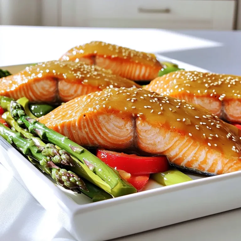 - 4 salmon fillets (about 6 oz each) - 1/4 cup pure maple syrup - 3 tablespoons soy sauce (or tamari for gluten-free) - 2 tablespoons olive oil - 2 cloves garlic, minced - 1 teaspoon fresh ginger, grated - Salt and pepper to taste - 1 lb asparagus, trimmed - 1 red bell pepper, sliced - 1/2 teaspoon sesame seeds (optional, for garnish) - Fresh cilantro or parsley (for garnish) For this maple glazed salmon, you need fresh ingredients. The salmon fillets should be thick and firm. Look for fillets with bright color and shiny skin. Pure maple syrup gives the best flavor. Choose a good soy sauce or tamari for depth. Fresh garlic and ginger add a nice punch to the glaze. The asparagus should be bright green and crisp. Red bell pepper adds sweetness and color to the dish. If you want, add sesame seeds or fresh herbs at the end. These will make your dish look beautiful and add more flavor. Keep your ingredients handy and fresh for the best results. This way, you can enjoy a delicious meal that tastes like a gourmet dish. First, I preheat the oven to 400°F (200°C). This temperature helps the salmon cook evenly and stay juicy. Next, I line a large baking sheet with parchment paper. This makes cleanup a breeze later. In a small bowl, I whisk together the glaze ingredients. I mix 1/4 cup of pure maple syrup, 3 tablespoons of soy sauce, 2 tablespoons of olive oil, 2 minced garlic cloves, and 1 teaspoon of grated fresh ginger. I also add salt and pepper to taste. This glaze will give the salmon a sweet and savory flavor. I place the salmon fillets skin-side down on one side of the baking sheet. Each fillet gets a good brush of the maple glaze. I save some glaze for later. On the other side, I arrange the trimmed asparagus and sliced red bell pepper. I drizzle them with olive oil and season with salt and pepper. Then, I toss the veggies to coat them in the oil and seasoning. This mix of salmon and veggies makes for a colorful and tasty dish. I bake the salmon and veggies in the preheated oven for about 12-15 minutes. The salmon is done when it flakes easily with a fork. The veggies should be tender but still crisp. During the last 2 minutes, I turn on the broiler. This step caramelizes the glaze and adds extra flavor. I watch closely to prevent burning. Once done, I take it out and drizzle the reserved glaze over everything. Finally, I sprinkle sesame seeds on top and add fresh cilantro or parsley for a pop of color. To check if your salmon is done, use a fork. Gently flake the thickest part. If it flakes easily, it’s ready. Salmon should reach an internal temperature of 145°F. Use a meat thermometer for best results. For skinless fillets, place them on parchment. This helps prevent sticking. Brush the glaze on top for flavor. Skinless salmon cooks faster, so watch it closely. You can adjust the glaze to suit your taste. Add more maple syrup for sweetness or more soy sauce for salt. A squeeze of lemon adds brightness. If you like heat, try adding red pepper flakes or a dash of hot sauce. This will give your dish a nice kick without overpowering the maple flavor. Lining your sheet pan with parchment paper makes cleanup a breeze. It catches drips and spills. Once you are done cooking, just lift it out and toss it away. For tools, have a spatula and tongs ready. They make transferring food easy. A damp cloth can wipe down surfaces quickly. Enjoy your delicious meal without the mess! {{image_2}} You can use more than just salmon in this recipe. If you prefer a lighter fish, try cod or halibut. Both have a flaky texture that works well. You can also use trout for a richer flavor. If you want a meat option, chicken breast is a great choice. Just adjust the cooking time to ensure it cooks through. Tofu is perfect for a plant-based meal. Firm tofu absorbs the glaze well, giving it a tasty twist. Feel free to mix up your veggies! Broccoli and green beans are excellent options. They roast nicely and add a bright color. You can also try carrots or zucchini for a different taste. Seasonal veggies can change the dish too. In the fall, butternut squash adds a sweet note. In the summer, cherry tomatoes bring freshness. Want to shake things up? Add fruits like orange slices or peach chunks. They caramelize well and add a sweet zing. Nuts, like pecans or walnuts, can give crunch and depth. You can also play with spices. A pinch of cayenne adds heat. Or, try a mix of herbs like thyme or rosemary. These tweaks let you make this dish your own! To store leftover maple glazed salmon, first let it cool to room temperature. This step prevents condensation in your storage container. Once cooled, place the salmon in an airtight container. It keeps the fish fresh longer. Store any leftover vegetables in a separate container. This helps maintain their crunch. - Use glass or plastic containers with tight lids. - Avoid using metal containers, which can react with the glaze. When it's time to enjoy leftovers, I recommend reheating the salmon gently. Preheat your oven to 300°F (150°C). Place the salmon on a baking sheet and cover it with foil. This keeps it moist. Heat for about 10-15 minutes or until warmed through. For the veggies, you can reheat them in a skillet. Just add a splash of olive oil. Toss them over medium heat for a few minutes. This method helps avoid sogginess. If you want to freeze leftovers, wrap the salmon tightly in plastic wrap. Then, place it in a freezer bag. Remove as much air as possible before sealing. This keeps the salmon from getting freezer burn. You can freeze the vegetables too, but they may become softer once thawed. To thaw, place the salmon in the fridge overnight. This slow process keeps it safe and tasty. If you're in a hurry, you can thaw it in cold water for about an hour. It takes about 12 to 15 minutes to cook salmon in the oven. The fish should be cooked at 400°F (200°C). To know it is done, the salmon should flake easily with a fork. The internal temperature should reach 145°F (63°C). If you use fillets that are thicker, you may need to add a few minutes to the cooking time. Yes, you can make the maple glaze in advance. Mix the ingredients together and store them in an airtight container. Keep it in the fridge for up to three days. This way, you save time when you are ready to cook. Just remember to give it a good stir before using it. Great side dishes for maple glazed salmon include: - Roasted asparagus - Sautéed spinach - Quinoa or rice - Mashed potatoes - Steamed broccoli These options pair well with the sweet and savory flavors of the salmon. You can also add a light salad for freshness. This article covered how to make maple glazed salmon with vegetables. You learned about the key ingredients, step-by-step instructions, and tips for perfect cooking. I shared fun variations and storage tips, too. You can enjoy experimenting with flavors and adapt this recipe to fit your taste. Cooking can be fun, and this sheet pan meal is easy to make and clean up. I hope you feel ready to try this tasty dish!