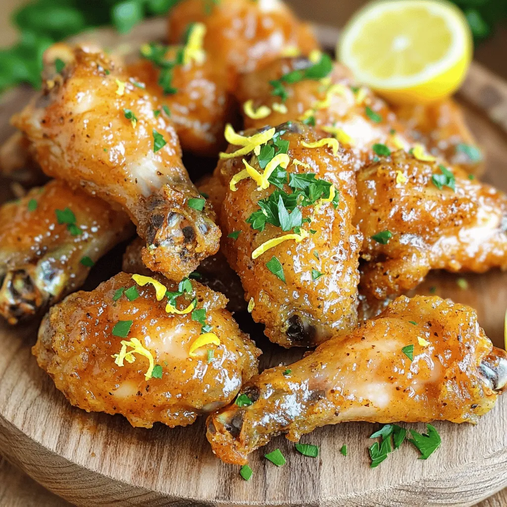- 2 lbs chicken wings - 2 tablespoons olive oil - 1 tablespoon lemon zest (freshly grated) - 2 tablespoons lemon juice (freshly squeezed) - 1 teaspoon black pepper - 1 teaspoon garlic powder - 1 teaspoon onion powder - 1 teaspoon paprika - 1 teaspoon salt - Fresh parsley, chopped (for garnish) To make these wings, you need fresh chicken wings. I like to use about 2 pounds. The olive oil helps the wings get crispy. Lemon zest and juice give them that fresh, tangy flavor. Black pepper, garlic powder, onion powder, paprika, and salt pack in extra taste. Fresh parsley is great for a colorful finish. When you gather these ingredients, make sure your lemon is fresh. The zest and juice will be the stars of the show. Each spice adds a layer of flavor, so don’t skip any. They all work together to make your wings tasty and bright. These crispy and flavorful wings are perfect for any gathering. You can serve them as a snack or part of a meal. Enjoy the zesty flavor that brightens up your day! Pat dry the chicken wings with paper towels. This step is key for crispiness. Moisture makes wings soggy. Removing it helps the skin get crispy. You want that crunch with every bite. In a large bowl, combine olive oil, lemon zest, lemon juice, black pepper, garlic powder, onion powder, paprika, and salt. Mix well until smooth. Add the chicken wings and coat them fully. Let the wings marinate for at least 20 minutes. For a stronger flavor, marinate up to 2 hours in the fridge. Preheat your air fryer to 400°F (200°C). This takes about 5 minutes. Place a single layer of wings in the air fryer basket. Cook them for 25-30 minutes. Flip the wings halfway through to cook evenly. They should look golden brown and crispy. Check that the internal temperature hits 165°F (75°C). If not, cook them a few more minutes. To get those wings nice and crispy, space them out in the air fryer. If they touch, they won't crisp well. You want hot air to flow all around each wing. Also, use a light cooking spray. This adds extra crunch to the skin. A little bit goes a long way! Want to kick up the flavor? Try adding some spices. Smoked paprika can give a nice twist. You can also add dried thyme or oregano for a fresh taste. If you want to change the citrus, use lime or orange. Each option brings its own zest! Marinate your wings for at least 20 minutes. This helps them soak up all that flavor. For even better taste, let them sit overnight in the fridge. The longer they marinate, the more flavor they get. Just make sure to keep them covered! {{image_2}} You can enjoy these wings with tasty dips. Here are some ideas: - Ranch dressing - Blue cheese dressing - Honey mustard You can also glaze your wings after cooking. Brush on more lemon juice or a light honey glaze for extra flavor. Want to spice things up? Add hot sauce to your marinade. A teaspoon or two will do the trick! If you prefer milder wings, skip the hot sauce. You can also use sweet chili sauce for a hint of sweetness. If you don’t have an air fryer, you can bake the wings. Preheat your oven to 425°F (220°C). Spread the wings on a baking sheet and cook for 35-40 minutes. Flip them halfway for even crispiness. You can also fry the wings on the stovetop. Heat oil in a pan over medium heat. Cook the wings for about 10 minutes on each side until they turn golden brown. To keep your lemon pepper wings fresh, refrigerate them right away. Place the cooled wings in an airtight container. This helps to maintain their flavor and texture. You can also use plastic wrap or a sealed bag. Make sure to squeeze out the air to prevent freezer burn. Store them in the fridge for up to 3 days. When you reheat the wings, you want to keep them crispy. The best way is to use the air fryer again. Heat it to 350°F (175°C) and cook for about 5-8 minutes. This method revives the crispy texture. Avoid using the microwave, as it can make the wings soggy. If you must use a microwave, place a paper towel under the wings to absorb moisture. If you have extra wings, freezing is a great option. Place them in a single layer on a baking sheet first. Freeze for about an hour until solid. Then, transfer them to a freezer-safe bag. This prevents them from sticking together. To enjoy, thaw the wings in the fridge overnight. Avoid thawing them in hot water, as it can ruin the texture. I usually air fry lemon pepper wings for 25 to 30 minutes. Flip them halfway through. This ensures they cook evenly and get crispy. Check that the wings reach 165°F inside. If they're not done, add a few more minutes. The time might change based on your air fryer model. Always keep an eye on them for the best results. Yes, you can use frozen chicken wings! Just add extra time to cook. I recommend air frying them for 30 to 35 minutes. You do not need to thaw them first. Place them in a single layer in the air fryer. Make sure to check the internal temperature for safety. Lemon pepper wings pair well with many sides. Here are some great ideas: - Celery sticks: They add crunch and freshness. - Carrot sticks: A sweet, colorful option. - Fries: Crispy fries make a classic combo. - Coleslaw: A creamy side for balance. For drinks, try pairing with a cold beer or lemonade. Garnish your wings with some extra lemon zest and chopped parsley for a pop of color. This makes your dish look fancy and tasty! This post covered how to make delicious lemon pepper chicken wings. We discussed the key ingredients, preparation steps, and cooking techniques. I shared tips for crispiness and flavor boosts. You also learned some great storage options and variations to try. Experimenting with wings is fun and tasty. With these steps, you can make them just right. Enjoy your wings, and don’t forget to share them with family and friends!