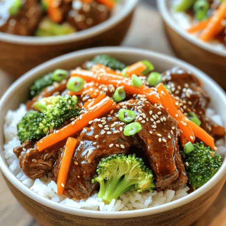 - 2 lbs beef chuck roast, cut into 1-inch cubes - 1/2 cup soy sauce - 1/4 cup beef broth - 1 cup carrots, julienned - 1 cup broccoli florets - 4 green onions, sliced for garnish - Sesame seeds for garnish - 1/4 cup brown sugar - 3 cloves garlic, minced - 1 tablespoon fresh ginger, grated - 1 tablespoon sesame oil - 1 teaspoon red pepper flakes Gathering the right ingredients is key to making delicious Slow Cooker Korean Beef Bowls. Start with quality beef chuck roast, as it becomes tender when slow-cooked. The soy sauce adds a salty, savory depth, while the beef broth keeps things juicy. Next, you’ll want vibrant vegetables. Carrots and broccoli not only add color but also give a nice crunch. For garnishing, green onions and sesame seeds bring freshness and texture to the dish. To enhance the flavor, use brown sugar for sweetness. Minced garlic and grated ginger bring warmth and depth. A splash of sesame oil adds richness, and red pepper flakes can bring a kick. Adjust the amount based on your spice preference. With these ingredients, you set the stage for a meal that will impress everyone at your table. - First, cut 2 lbs of beef chuck roast into 1-inch cubes. - In a large bowl, combine the beef with 1/2 cup soy sauce, 1/4 cup beef broth, and 1/4 cup brown sugar. - Add 3 cloves of minced garlic, 1 tablespoon of grated ginger, 1 tablespoon of sesame oil, and 1 teaspoon of red pepper flakes. - Mix well to coat the beef evenly. - Next, julienne 1 cup of carrots and cut 1 cup of broccoli into florets. - Transfer the beef mixture into the slow cooker and spread it evenly. - Add the carrots and broccoli to the slow cooker. Mix them in with the beef. - Cover the slow cooker. Cook on low for 6-8 hours or on high for 3-4 hours. - The beef will be tender and flavors will meld together. - Once cooked, shred the beef lightly with two forks. - Mix the shredded beef with the vegetables in the slow cooker. - Serve a generous scoop of the Korean beef mixture over a bowl of cooked rice. - Garnish with sliced green onions and a sprinkle of sesame seeds. Enjoy your meal! For tender beef, cook it for 6-8 hours on low heat. If you are short on time, use the high setting for 3-4 hours. The beef chuck roast softens well and absorbs the flavors. Let the beef rest after cooking. This helps the flavors meld together. A quick stir before serving mixes everything nicely. Serve your Korean beef bowls with a side of kimchi. This adds a spicy and tangy kick. For rice, I recommend using jasmine or sticky rice. Both pair perfectly with the beef and veggies. You can also try cauliflower rice for a low-carb option. For a beautiful presentation, use colorful bowls. Place the beef and veggies on top of the rice, then add garnishes. Slice green onions and sprinkle them on top. A few sesame seeds add crunch and charm. You can also add a lime wedge for a pop of color and flavor. {{image_2}} You can change the beef cut for this dish. Chuck roast works well, but brisket or flank steak are also tasty. If you want to swap vegetables, use what you like. Bell peppers or snap peas add a nice crunch. You can also mix in mushrooms for an earthy flavor. Want more heat? Add extra red pepper flakes or some sriracha sauce. A dash of chili paste will also spice things up. If you prefer sweet, mix in more brown sugar or honey. A touch of pineapple can balance the spice and add a fruity twist. For a gluten-free option, use tamari instead of soy sauce. This keeps the flavor while meeting your needs. If you want a vegetarian dish, swap the beef for hearty mushrooms or tofu. Use vegetable broth instead of beef broth for a full flavor. To store leftovers, let the beef cool completely. Place it in an airtight container. Make sure to include the veggies and sauce. For best taste, enjoy within three days. This keeps the flavors fresh and vibrant. To freeze the dish, first cool it down. Use freezer-safe bags or containers for storage. Remove as much air as possible. You can freeze it for up to three months. When you are ready to eat, thaw it overnight in the fridge. To reheat, use the stove or microwave. For the stove, add a splash of water and heat on low. Stir often to keep it moist. In the microwave, cover it with a damp paper towel. This helps keep the beef juicy. Enjoy your meal warm and delicious! How long can you store Korean beef bowls in the refrigerator? You can store Korean beef bowls in the fridge for up to four days. Make sure to place them in an airtight container. This way, the flavors stay fresh, and you can enjoy them for lunch or dinner later. Can I use frozen beef in this recipe? Yes, you can use frozen beef for this dish. Just remember to thaw it first. This helps the beef cook evenly. If you forget to thaw it, you can still cook it in the slow cooker. Just add some extra cooking time. What can I substitute for soy sauce? If you need a soy sauce substitute, try tamari or coconut aminos. These options work well and are gluten-free too. They help keep the dish flavorful and balanced. Is there a low-sugar option for this recipe? Yes, you can use a sugar substitute like stevia or monk fruit. These options can reduce the sweetness without losing taste. You can also cut the brown sugar amount in half if you prefer. How does the slow cooker affect the beef's texture? The slow cooker makes the beef very tender. Cooking it low and slow helps break down the meat's fibers. This creates a melt-in-your-mouth texture that you will love. Can I cook it on the stove instead of a slow cooker? You can cook this recipe on the stove. Just use a large pot, and simmer the beef on low heat. Stir it often and check for tenderness. It should take about one to two hours to get it just right. This blog post covered everything you need to make delicious Korean beef bowls. We discussed main ingredients like beef chuck, soy sauce, and flavorful additions. You learned how to prepare, cook, and serve this dish perfectly. I shared tips for customizing ingredients and making it suitable for any diet. Finally, you discovered storage and reheating methods for leftovers. Enjoy trying this recipe and making it your own! The joy of cooking begins when you experiment and share with others.