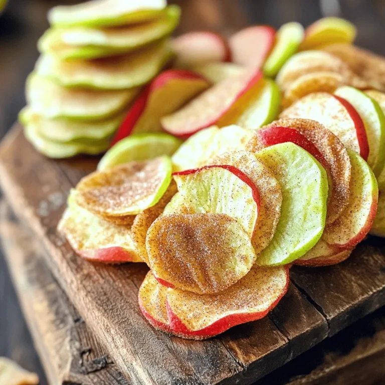 - 2 large apples (such as Granny Smith or Honeycrisp) - 2 tablespoons granulated sugar - 1 teaspoon ground cinnamon - 1/4 teaspoon salt - 1 teaspoon lemon juice (to prevent browning) I love making air fryer cinnamon apple chips. First, the apples are key. I recommend using Granny Smith or Honeycrisp. They add the right balance of sweet and tart. You need two large apples for this recipe. Next, you will need sugar, cinnamon, and salt. The sugar helps to caramelize the apples. Cinnamon brings warmth and flavor, while salt enhances the taste. You also have the option to add lemon juice. It keeps the apple slices from turning brown. This step is not required but can help maintain color. Gather these ingredients for a crunchy and sweet snack that is easy to make! First, wash and dry your apples well. This helps remove any dirt or wax. Next, core the apples. You can use an apple corer or a knife. Slice the apples thinly, about 1/8 inch thick. A mandoline works great for even slices. To keep the apple slices fresh, toss them in lemon juice. This step is optional but helps prevent browning. In a small bowl, mix the sugar, cinnamon, and salt. Stir until everything is well combined. Now, preheat your air fryer to 300°F (150°C) for about 5 minutes. Lightly spray or brush the air fryer basket with oil. This keeps the apple chips from sticking. Toss the apple slices with the cinnamon sugar mixture, ensuring they are well coated. Arrange the apple slices in a single layer in the basket. Avoid overcrowding; this helps them cook evenly. Air fry the slices for about 15-20 minutes. Flip them halfway through to ensure they brown nicely. Keep an eye on them in the last few minutes to avoid burning. Once done, let the chips cool on a wire rack to make them extra crispy. To get the best apple chips, slice your apples evenly. Use a mandoline or sharp knife. Aim for 1/8 inch thick slices. This helps them cook at the same rate. Thicker slices may stay soft, while thinner ones can burn. Next, avoid overcrowding your air fryer. Place the apple slices in a single layer. This allows hot air to flow freely around each slice. If you stack them, they won’t get crispy. Cook in batches if needed to keep them crunchy. You can enhance the flavor of your apple chips with different spices. Try adding nutmeg or ginger for a warm twist. If you want more sweetness, use brown sugar instead of granulated sugar. This gives a rich, caramel flavor. For a fun dip, serve the chips with yogurt or caramel. They also pair well with peanut butter for a protein boost. These simple additions make your snack even more enjoyable. {{image_2}} The apple you choose makes a big difference in flavor. For cinnamon apple chips, I like using Granny Smith or Honeycrisp. - Granny Smith: These apples are tart and crisp. They hold up well in the air fryer. - Honeycrisp: These are sweet and juicy. They add a nice balance to the cinnamon. Other good options include Fuji or Gala apples. Each type brings a unique taste and texture. Experimenting can lead to exciting new flavors! You can elevate your apple chips with different spices. Adding nutmeg or ginger opens up a world of taste. - Nutmeg: This spice adds warmth and a hint of sweetness. It pairs well with cinnamon. - Ginger: A bit of ginger gives your chips a spicy kick. It works great with sweet apples. Try mixing in these spices with your cinnamon for a fun twist. You can also add vanilla or even a touch of cayenne for heat. The options are endless! To keep your apple chips fresh, use airtight containers. This method keeps air out and moisture in. Store the chips at room temperature. Avoid placing them in the fridge; it can make them soggy. To keep apple chips crispy, add a small packet of silica gel or uncooked rice in the container. These absorb extra moisture and help maintain crunch. You can also layer parchment paper between the chips to prevent sticking. If stored correctly, apple chips last about 1-2 weeks. You will know they are fresh if they feel crisp and crunchy. Watch for signs of spoilage. If the chips feel soft or chewy, it’s time to toss them. Any odd smell or discoloration also means they are no longer good. You can tell apple chips are done when they look golden brown and feel crispy. Check them at around 15 minutes. If they still feel soft, give them a few extra minutes. Keep a close eye on them to avoid burning. Yes, you can make apple chips without sugar. Just skip the sugar in the recipe. The apples will still taste great. You can use cinnamon and salt for flavor. If you want extra sweetness, try adding a bit of honey after they cook. Any air fryer works well for apple chips. Look for one with adjustable temperature settings. A basket-style air fryer is great because it allows for even cooking. Make sure it has a good airflow to get that perfect crisp. Absolutely! You can use many fruits like pears, bananas, and even peaches. Just slice them thin, like you do with apples. Adjust the cooking time as needed. Each fruit has its own moisture level and sweetness, so watch them closely! You now know how to make tasty air fryer apple chips. We covered the main ingredients, step-by-step instructions, and helpful tips. Remember to slice your apples evenly for the best crunch. Feel free to try different spices or apples to mix things up. Store your apple chips in an airtight container to keep them fresh. Enjoy your delicious snack anytime!