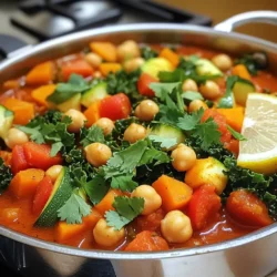 To make a delicious Moroccan Chickpea Harissa Stew, gather these key items: - 2 tablespoons olive oil - 1 large onion, diced - 3 cloves garlic, minced - 1 teaspoon ground cumin - 1 teaspoon ground coriander - 1 teaspoon smoked paprika - 1-2 tablespoons harissa paste (adjust to taste) - 1 can (15 oz) chickpeas, drained and rinsed - 1 can (15 oz) diced tomatoes - 3 cups vegetable broth - 2 medium carrots, diced - 1 red bell pepper, diced - 1 zucchini, diced - 1 cup kale or spinach, chopped - Salt and pepper to taste You can make this stew your own by adding some optional ingredients. Here are a few ideas: - Sweet potatoes for added sweetness - Eggplant for a rich texture - Other beans for varied protein - Different greens, like Swiss chard - A splash of lemon juice for brightness Garnishes can elevate your stew. Here are some great options: - Fresh cilantro, chopped - Lemon wedges for a zesty kick - A dollop of yogurt for creaminess - Crusty bread for dipping - Cooked grains, like quinoa or couscous, as a base Each ingredient enhances flavor and nutrition, making your stew hearty and satisfying. You can mix and match based on your preferences or what you have at home. Enjoy this warm, vibrant dish! Start by heating 2 tablespoons of olive oil in a large pot over medium heat. Once the oil is hot, add 1 large diced onion. Sauté it for about 5 minutes, until it looks soft and clear. Next, stir in 3 minced garlic cloves, 1 teaspoon of ground cumin, 1 teaspoon of ground coriander, and 1 teaspoon of smoked paprika. You can also add 1 to 2 tablespoons of harissa paste, depending on how spicy you like your stew. Sauté this mix for another minute. The smell will be amazing! Now, it’s time to add the rest of your ingredients. Pour in 1 can of drained and rinsed chickpeas, 1 can of diced tomatoes, and 3 cups of vegetable broth. Then, add 2 diced carrots, 1 diced red bell pepper, and 1 diced zucchini. Stir everything well to mix it up. Bring the stew to a boil, then lower the heat. Cover the pot and let it simmer for about 20 to 25 minutes. Check to see if the vegetables are tender. After that, stir in 1 cup of chopped kale or spinach. Cook for an extra 5 minutes until the greens wilt. Finally, season with salt and pepper to taste. Your stew is now ready to serve! Enjoy it hot, garnished with fresh cilantro and lemon wedges on the side. To control the heat in your stew, use harissa paste wisely. Start with one tablespoon for a mild kick. If you like it spicier, add more paste little by little. Taste after each addition, so you find your sweet spot. You can also add fresh chili peppers for extra heat. Just chop them finely and stir them in with the other spices. To boost the flavor, sauté the onions and garlic until they are soft and fragrant. This step brings out their natural sweetness. Adding smoked paprika gives a nice depth to the stew. Consider tossing in a bay leaf while it simmers. Just remember to remove it before serving. Fresh herbs like cilantro or parsley brighten the dish. Squeeze fresh lemon juice just before serving for a zesty finish. Leftover stew can be stored in an airtight container in the fridge for up to three days. If you want to keep it longer, freeze it for up to three months. When reheating, add a splash of vegetable broth to keep it moist. Heat it on the stove over low heat, stirring often. You can also use a microwave; just cover it to avoid splatters. Enjoy your stew again with fresh garnishes! {{image_2}} You can add protein to make the stew heartier. Chickpeas are great, but you can use meat or other beans too. For meat, try diced chicken or lamb. Cook it first in the pot before adding the other ingredients. If you want more plant-based options, add lentils for a boost. They cook well and add a nice texture. This stew is already vegan and vegetarian-friendly. The chickpeas provide protein and fiber. You can keep it meat-free by sticking to the original recipe. This dish is packed with veggies, making it wholesome. If you want to add some creaminess, consider coconut milk. It pairs well with the spices and adds richness. You can switch out vegetables based on the season. In spring, add fresh peas or asparagus. In summer, use eggplant or bell peppers. Fall brings squash or sweet potatoes, and winter can feature root veggies like parsnips and turnips. Using seasonal produce brings fresh flavors and makes it fun to cook! Each serving of Moroccan Chickpea Harissa Stew has about 250-300 calories. This number can change based on how much oil and harissa you use. This stew serves 4 to 6 people, making it a great choice for sharing. This stew is packed with nutrients. Here’s what you get in each serving: - Protein: 10-12 grams - Fiber: 8-10 grams - Carbohydrates: 35-40 grams - Fat: 6-8 grams These nutrients help fuel your body and keep you full. Chickpeas are high in protein and fiber. They help you feel full longer and support digestion. Tomatoes are rich in vitamins C and K, promoting skin health. Carrots give you beta-carotene, which is good for your eyes. Kale or spinach adds iron and calcium, boosting your immune system. This stew is not just tasty; it’s also a healthy meal choice. You can increase the spice by adding more harissa paste. Start with one extra tablespoon. If you like more heat, try adding crushed red pepper flakes. Adjust the spice level to suit your taste. Remember, heat can build up over time, so taste as you go! Yes, you can use frozen vegetables. They are easy and quick to cook. Just add them in the same way as fresh ones. Keep in mind that frozen veggies may cook faster. Check for doneness a little early. Yes, you can make this in a slow cooker. Start by sautéing the onion and garlic. Then, add all ingredients to the slow cooker. Cook on low for 6-8 hours or high for 3-4 hours. This method gives the stew a deep flavor. Just remember to add greens near the end of cooking! This blog post covered how to make Moroccan Chickpea Harissa Stew. We detailed essential and optional ingredients, made serving suggestions, and provided step-by-step instructions. I also shared tips on adjusting the heat, flavor enhancement, and leftovers. Variations allow you to customize the stew further, ensuring it meets your taste. Plus, I outlined its nutritional value and answered common questions. Take these ideas to create a delicious stew. Enjoy exploring flavors and cooking techniques!