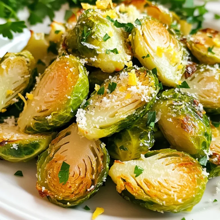 - 1 lb Brussels sprouts, trimmed and halved - 3 tablespoons olive oil - 4 cloves garlic, minced - 1/2 cup grated Parmesan cheese - 1 teaspoon garlic powder - 1/2 teaspoon black pepper - Salt to taste - 1 tablespoon lemon zest (optional) Alternatives for Olive Oil If you don’t have olive oil, you can use avocado oil or melted coconut oil. These oils will still give great flavor and help your Brussels sprouts crisp up nicely. Cheese Variations If you want to switch it up, try using Pecorino Romano or nutritional yeast for a vegan option. Both options can give a unique twist to the dish while keeping it tasty. Best Times to Buy Brussels Sprouts Brussels sprouts are best in late fall to early winter. Look for bright green, firm sprouts. They should feel heavy for their size. Organic vs. Conventional Choosing organic Brussels sprouts often means fewer pesticides. If possible, go for organic to enjoy better flavor and a cleaner plate. - Preheat the Air Fryer Start by preheating your air fryer to 375°F (190°C). This step helps get the Brussels sprouts crispy. - Preparing Brussels Sprouts Take 1 pound of Brussels sprouts. Trim the ends and cut them in half. This size helps them cook evenly. - Tossing Ingredients Together In a big bowl, add the halved Brussels sprouts. Pour in 3 tablespoons of olive oil. Add 4 cloves of minced garlic, 1 teaspoon of garlic powder, and 1/2 teaspoon of black pepper. Sprinkle in salt to taste. Mix well until each sprout is coated. - Air Frying Process Add 1/2 cup of grated Parmesan cheese to the bowl. Stir until the cheese sticks to the sprouts. Place the sprouts in the air fryer basket. Make sure they are in a single layer. Cook for 15-20 minutes. Shake the basket halfway through to ensure even cooking. You want them golden brown and crispy. - How to Plate Brussels Sprouts Serve the Brussels sprouts on a white plate. This contrast highlights their golden color. - Garnishing Options For extra flair, toss the cooked sprouts with lemon zest. You can also add more Parmesan cheese on top. Freshly chopped parsley adds color and freshness. - Ensuring Even Cooking To get the best results, spread the Brussels sprouts in a single layer. This lets hot air flow freely around each piece. If you stack them too much, they won’t cook evenly. Shake the basket halfway through cooking to help them brown all over. - Avoiding Soggy Brussels Sprouts Make sure to dry the Brussels sprouts well after washing. Water can make them steam instead of crisp. Use enough olive oil to coat them lightly, but not so much that they soak. This balance keeps them crunchy. - Additional Seasoning Ideas To boost flavor, try adding smoked paprika or onion powder. A sprinkle of lemon juice right before serving adds brightness. You can also toss in some parmesan at the end for extra cheesy goodness. - How to Make It Spicier If you like heat, add red pepper flakes or cayenne pepper to the mix. You can also drizzle a bit of hot sauce before serving. This gives your Brussels sprouts a nice kick. - Adjusting Time for Different Sizes If your Brussels sprouts are larger, increase the cooking time by a few minutes. Check for doneness by piercing them with a fork. They should be tender inside and crispy outside. - Cooking for a Larger Batch When making more than one pound, cook in batches. Overcrowding the basket can lead to uneven cooking. Keep the first batch warm in the oven while you cook the rest. This way, all your sprouts stay hot and tasty. {{image_2}} You can easily make a vegan version of Air Fryer Garlic Parmesan Brussels Sprouts. For cheese alternatives, try nutritional yeast. It has a cheesy flavor and is packed with nutrients. You can also use a vegan Parmesan cheese. It melts well and adds great taste. For flavor boosters, add a splash of soy sauce. It gives a nice umami punch. You can also sprinkle in some lemon juice for brightness. This will enhance the overall flavor and keep it fresh. If you love heat, let's spice it up! Adding chili flakes is a great start. Just a pinch will add warmth without overpowering the taste. For more heat, try incorporating hot sauces. Sriracha or a smoky chipotle sauce fits well here. Mix it in with the oil before tossing it with the Brussels sprouts. You can mix in other vegetables for extra flavor and texture. Adding garlic mushrooms works wonders. The garlic pairs perfectly with the earthy mushrooms. Just slice them and toss them in with the sprouts. Mixing with carrots is another tasty option. The sweetness of the carrots balances the savory sprouts. Cut them into thin sticks or rounds for even cooking. This adds color and flavor to your dish, making it even more appealing. To keep your Brussels sprouts fresh, store them in airtight containers. Glass or plastic containers with tight lids work best. This keeps out air and moisture. You can also use zip-top bags. Just squeeze out the air before sealing. In the fridge, leftovers last about 3 to 5 days. If you want them to stay tasty, eat them within this time. Check for any signs of spoilage before eating. If they smell off or look slimy, it’s best to toss them. When reheating, you want to keep that crispy texture. The air fryer is your best friend here. Set it to 350°F (175°C) and heat for about 5 minutes. This brings back the crunch! The microwave is quicker but can make them soggy. If you must use it, cover the bowl with a paper towel. This helps absorb moisture. Heat in short bursts of 30 seconds until warm. To freeze Brussels sprouts, first let them cool completely. Spread them out on a baking sheet. This prevents them from sticking together. Freeze for about 1 hour until firm. Once frozen, transfer them to a freezer-safe bag. Make sure to label it with the date. They can stay in the freezer for up to 3 months. To thaw, place them in the fridge overnight. If you’re in a hurry, you can microwave them on low. Just be careful not to cook them. This way, you can enjoy your Brussels sprouts later! Cook Brussels sprouts in the air fryer for 15 to 20 minutes. Start at 375°F (190°C). Shake the basket halfway through. This helps them cook evenly. Look for a golden-brown color for the best results. Yes, you can use frozen Brussels sprouts. Just remember to thaw them first. Drain any excess water. This will help them crisp up better in the air fryer. If your Brussels sprouts aren’t crispy, check a few things. Make sure they are not overcrowded in the basket. Shaking the basket halfway through cooking helps too. If they still lack crunch, try cooking them a little longer. Absolutely! Adding bacon gives your Brussels sprouts a great flavor. Cook the bacon first, then toss it in with the sprouts. You can also add chicken or shrimp for extra protein. Just adjust cooking times to ensure everything is cooked through. This article covered how to make crispy Brussels sprouts in an air fryer. You learned about the key ingredients, easy steps, and helpful tips. Remember, swapping ingredients can enhance flavor, and storing leftovers correctly keeps them tasty. Experiment with different variations, like vegan or spicy options, to find your favorite. With these insights, you can enjoy delicious Brussels sprouts anytime! Happy cooking!