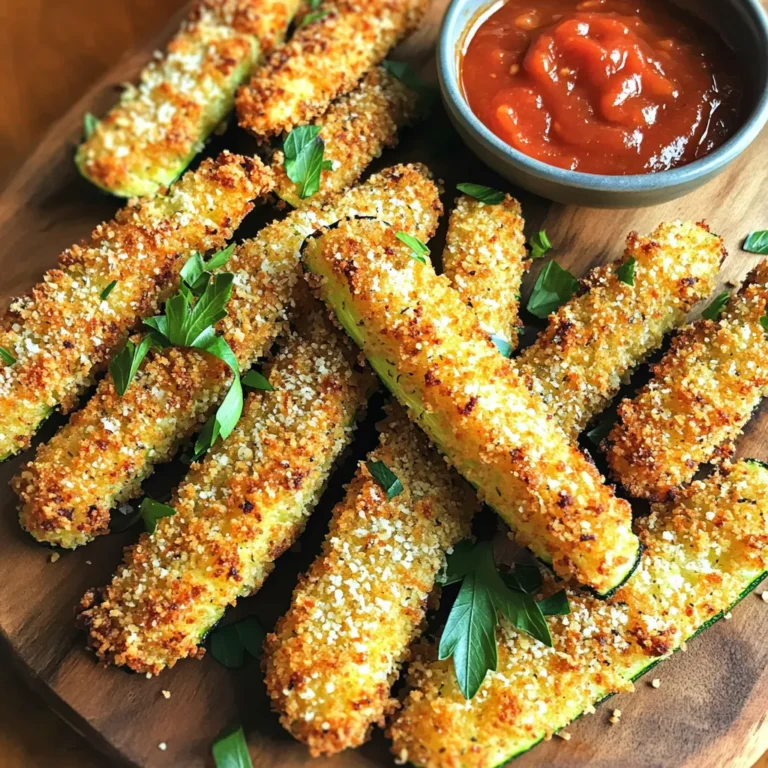 - 2 medium zucchinis, cut into fries - 1 cup breadcrumbs (preferably panko) - 1/2 cup grated Parmesan cheese - 1 teaspoon garlic powder - 1 teaspoon onion powder - 1/2 teaspoon paprika - 1/2 teaspoon salt - 1/4 teaspoon black pepper - 2 large eggs - Cooking spray (preferably olive oil) - Each serving has about 150 calories. - Macronutrient breakdown: 8g protein, 10g carbs, 8g fat. - Prep time: 15 minutes - Total time: 25 minutes - Servings: 4 These air fryer zucchini fries are a great snack. You can make them in no time. The ingredients are simple and healthy. Using panko makes them extra crunchy. The mix of garlic, onion, and paprika gives them a nice flavor. You can dip them in your favorite sauce. Enjoy them as a side or a snack! To make zucchini fries, start with two medium zucchinis. First, wash them well. Then, cut each zucchini into fries, about half an inch thick. This size helps them cook evenly. Uniform sizes ensure all fries will be crispy. If some are bigger, they may not cook through. Aim for consistent shapes. Next, you need to prepare the coating. In a bowl, mix one cup of panko breadcrumbs, half a cup of grated Parmesan cheese, one teaspoon of garlic powder, one teaspoon of onion powder, half a teaspoon of paprika, half a teaspoon of salt, and a quarter teaspoon of black pepper. Stir until it is all combined. In another bowl, beat two large eggs to create the egg wash. This wash helps the coating stick well to the zucchini. Now, it’s time to air fry! Preheat your air fryer to 400°F (200°C) for about five minutes. This step is key to achieving the best crunch. Dip each zucchini fry into the egg wash first. Let any excess egg drip off. Then coat each fry in the breadcrumb mixture. Press gently to help the crumbs stick. Lightly spray the air fryer basket with cooking spray to prevent sticking. Place the fries in a single layer, ensuring they aren’t overcrowded. This allows hot air to circulate and crisp them up. Air fry at 400°F (200°C) for 10-12 minutes. Shake the basket halfway through for even cooking. When they are golden and crispy, they are ready to eat! To make your zucchini fries extra crispy, use panko breadcrumbs instead of regular ones. Panko is lighter and crunchier. It gives a great texture that you will love. Regular breadcrumbs can make the fries softer. Cooking spray also plays a key role. A light spray helps the fries crisp up nicely. Use olive oil spray for a tasty touch. It adds flavor while keeping the fries from sticking. One big mistake is overcrowding the air fryer. If you pack too many fries in, they won't cook well. Leave space between them. This allows hot air to circulate and crisp every fry. Another mistake is not letting excess egg drip off. If you dip the fries in the egg wash, shake off the extra. This helps the breadcrumbs stick better. If the egg is too thick, the coating will be soggy. Zucchini fries taste great with dipping sauces. Marinara and ranch are popular choices. You can also try a spicy aioli for some heat. For sides, consider a fresh salad or a bowl of soup. A light dip in ranch pairs well with a hearty meal. Enjoy your fries as a tasty snack or a side dish! {{image_2}} You can change the flavor of your zucchini fries easily. Try adding herbs like Italian seasoning or basil. A pinch of cayenne pepper adds a nice kick if you like heat. You can also switch up the cheese. Instead of Parmesan, try mozzarella or cheddar for a different taste. If you need a gluten-free option, choose gluten-free breadcrumbs. These are easy to find in stores. You can also use chickpea flour as a coating. It gives a nice crunch and adds protein. You can bake zucchini fries if you don’t have an air fryer. Preheat your oven to 425°F (220°C). Place the coated fries on a baking sheet. Bake for about 20-25 minutes, flipping halfway through. This gives you crispy fries without the air fryer. Adjust the time based on how crispy you like them. To keep your zucchini fries fresh, store them in the fridge. Place them in an airtight container. This helps keep them crispy and tasty. You can also use a resealable plastic bag. Just make sure to remove as much air as you can. Leftovers stay good for about 2-3 days. To reheat zucchini fries in an air fryer, set it to 375°F (190°C). Place the fries in a single layer and heat for about 5-7 minutes. This makes them crispy again. If you prefer the oven, preheat it to 400°F (200°C). Spread the fries on a baking sheet and bake for 10-12 minutes. This method also helps restore their crunch. Yes, you can freeze zucchini fries! First, let them cool completely. Then, lay them out in a single layer on a baking sheet. Freeze them for about 1-2 hours until firm. Once frozen, transfer them to a freezer bag. Be sure to label the bag with the date. When you want to eat them, just cook them straight from the freezer. No need to thaw! Air fryer zucchini fries last about 3 to 4 days in the fridge. To keep them fresh: - Store them in an airtight container. - Place a paper towel inside to absorb moisture. - Avoid stacking them to prevent sogginess. If you want longer shelf life, freeze them. Frozen zucchini fries can last up to 3 months. Just make sure to wrap them tightly. Yes, you can use other vegetables! Here are some great options: - Carrots: Cut into thin sticks for a sweet crunch. - Sweet potatoes: These add a nice sweetness and color. - Eggplant: A unique option with a different texture. - Bell peppers: Cut into strips for a colorful twist. Feel free to experiment with your favorite veggies. Just adjust the cooking time if needed. Zucchini fries taste great with many dips. Here are some popular choices: - Marinara sauce: A classic that adds a rich tomato flavor. - Ranch dressing: Creamy and herby, it compliments the fries well. - Garlic aioli: Adds a nice garlic flavor. - Spicy ketchup: For those who love a kick! Try different dips to find your favorite combo. Enjoy exploring new flavors! Air fryer zucchini fries are easy and fun to make. You just need simple ingredients, quick prep, and some helpful tips to get them crispy. Remember to cut zucchini evenly and mix the right seasonings. Avoid common mistakes like overcrowding the fryer. You can try different herbs or even use other veggies. Whether you serve them as a snack or side, they bring delicious flavor. With proper storage and reheating, your leftovers will taste great, too. Enjoy your cooking journey with these tasty fries!