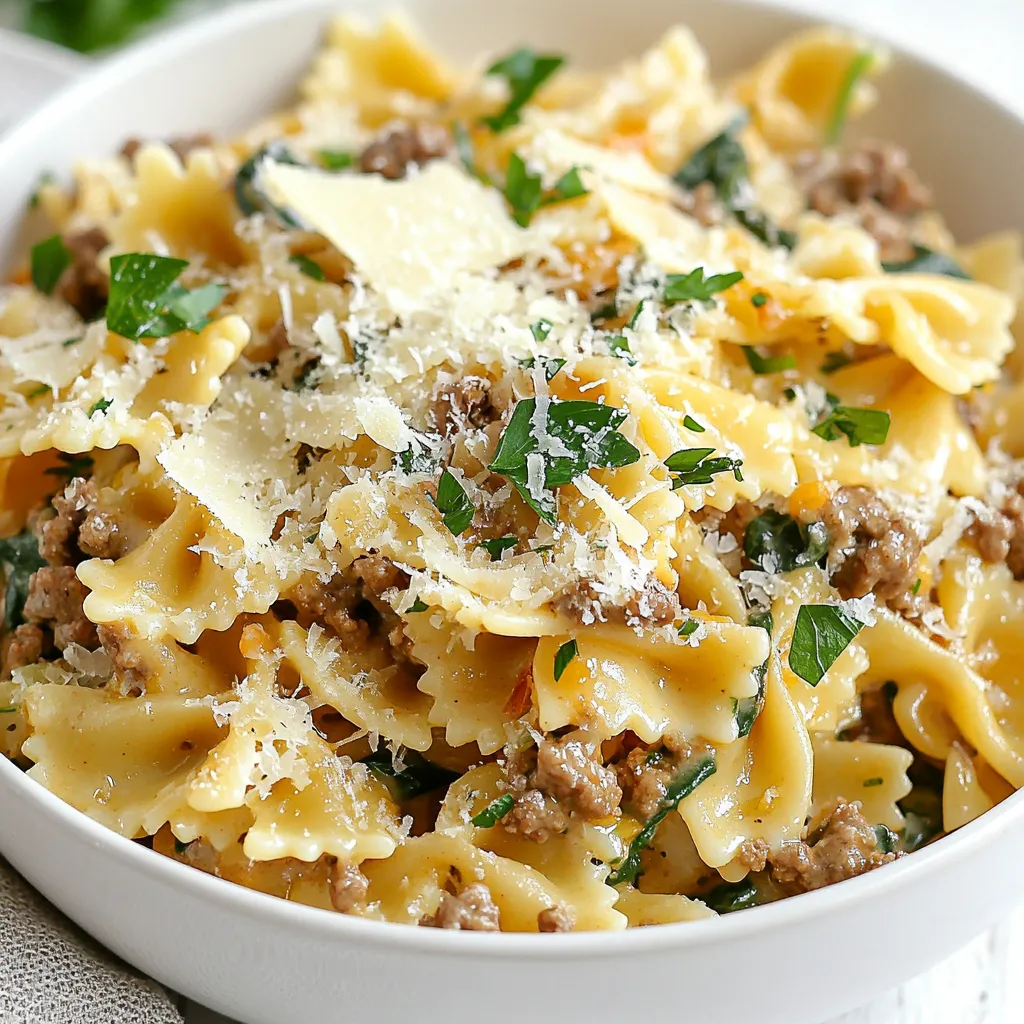 To make Creamy Parmesan Beef Bowtie Pasta, you need a few key items: - 12 oz bowtie pasta - 1 lb ground beef - 1 cup heavy cream These ingredients form the base of your dish. The bowtie pasta gives you a fun shape. The ground beef adds protein and flavor. The heavy cream makes the sauce rich and smooth. Next, we add some flavor boosters to make the dish pop: - 1 small onion, finely chopped - 2 cloves garlic, minced - 1 teaspoon Italian seasoning - Fresh parsley for garnish Onion and garlic give a sweet, savory taste. Italian seasoning adds a nice herbal note. Fresh parsley adds color and freshness to each serving. For extra flair, consider these garnishes: - Additional Parmesan cheese - Black pepper - Red pepper flakes Adding more Parmesan cheese makes it even cheesier. Black pepper adds a little kick. Red pepper flakes can make it spicy if you like heat! {{ingredient_image_1}} To start, fill a large pot with water. Add salt and bring it to a boil. Once boiling, add 12 oz of bowtie pasta. Cook it according to the package instructions until it is al dente. This usually takes about 8 to 10 minutes. After cooking, save ½ cup of pasta water before draining the pasta. Set the pasta aside for later. Next, heat a large skillet over medium heat. Pour in 1 tablespoon of olive oil. Add 1 small finely chopped onion to the skillet. Sauté the onion for 2-3 minutes until it becomes soft and translucent. Now, add 2 minced garlic cloves. Stir well and cook for another minute. Then, add 1 lb of ground beef to the skillet. Cook the beef for 5-7 minutes until it turns brown and is no longer pink. Break the beef apart as it cooks. Season it with salt, pepper, and 1 teaspoon of Italian seasoning. Lower the heat to medium-low. Pour in 1 cup of heavy cream to the skillet. Stir it gently and let it come to a light simmer. Gradually add 1 cup of grated Parmesan cheese. Mix it until the cheese melts and blends smoothly into the cream. If the sauce is too thick, you can add a bit of the reserved pasta water. Just add it a little at a time until you reach the right consistency. To get the perfect creamy sauce, keep an eye on the heat. Use medium-low heat when adding the heavy cream. This helps the cream warm up slowly and prevents it from curdling. If your sauce is too thick, add a little reserved pasta water. This will help thin it out and keep it smooth. For al dente pasta, cook the bowtie pasta until it's firm but not hard. Follow the package instructions for the right time. Make sure to stir the pasta while it cooks. This helps it cook evenly and prevents sticking. To avoid overcooking, set a timer a minute early. Drain the pasta as soon as it’s done to stop the cooking process. Want to add more flavor? Try using fresh herbs like basil or thyme. They add a bright taste to the dish. You can also mix in some chopped bell peppers or zucchini for extra veggies. These not only enhance the taste but also add color to your plate. Pro Tips Perfect Pasta Texture: Always cook your pasta al dente for the best texture. It will continue to cook slightly when mixed with the sauce. Fresh Garlic Flavor: Add minced garlic towards the end of sautéing the onions to preserve its fresh flavor and prevent burning. Adjust Sauce Consistency: Use the reserved pasta water gradually to adjust the sauce's consistency, ensuring it clings perfectly to the pasta. Garnish for Presentation: Fresh parsley not only adds a pop of color but also enhances flavor. Sprinkle it generously before serving. {{image_2}} You can easily switch the ground beef for ground turkey or chicken. Both options taste great and are lighter. Just follow the same cooking steps. For a vegetarian twist, use a meat substitute like lentils or tempeh. These options will still give you a hearty meal. To make this dish gluten-free, use gluten-free bowtie pasta. Many brands offer great alternatives that taste similar. For thickening the sauce, try cornstarch or arrowroot powder. Mix it with a little water before adding it to your sauce. Want to twist the flavors? Try adding sun-dried tomatoes for a sweet and tangy kick. They pair well with the creamy sauce. You can also play with different cheese varieties. Goat cheese or mozzarella can add a unique flavor profile. To keep your creamy Parmesan beef bowtie pasta fresh, use an airtight container. Glass or plastic containers work well. Make sure to let the pasta cool before sealing. Store it in the fridge for up to three days. You can reheat using a microwave or the stovetop. If using a microwave, place the pasta in a bowl and cover it to avoid drying out. For stovetop, warm it in a skillet over low heat. Add a splash of water or cream to keep it moist. This helps the sauce stay creamy. You can freeze creamy Parmesan beef bowtie pasta, but it's best to do this without the spinach. Freeze the pasta in a sturdy container or freezer bag. When ready to eat, thaw it in the fridge overnight. Reheat it gently on the stovetop, adding a bit of cream or water to restore its creamy texture. Yes, you can prep this dish in advance. Cook the pasta and beef as usual. Let them cool and store them separately in the fridge. When you’re ready to eat, just heat the beef and cream mixture. Then, add the pasta and spinach. This makes dinner quick and easy. If you're looking for a lighter option, try using half-and-half or whole milk. You can also use a dairy-free option like coconut milk or cashew cream. These alternatives will change the taste slightly but still keep it creamy. Adjust the cheese amount for the best flavor. To add heat, sprinkle in some red pepper flakes while cooking the beef. You can also use hot sauce or diced jalapeños for more kick. Adjust the amount based on your spice level preference and enjoy the extra flavor! This blog covered how to make Creamy Parmesan Beef Bowtie Pasta. You learned about essential ingredients like bowtie pasta, ground beef, and heavy cream. We explored cooking steps, tips for a smooth sauce, and flavor boosts. I shared variations, including gluten-free and vegetarian options. Lastly, we discussed storing and reheating your leftovers. Now, you have the tools to create a delicious pasta dish that suits your taste. Enjoy experimenting with flavors and ingredients to make it uniquely yours!