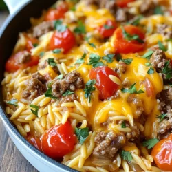 To make a tasty Cheeseburger Orzo Skillet, gather these ingredients: - 1 cup orzo pasta - 1 pound ground beef or turkey - 1 medium onion, diced - 2 cloves garlic, minced - 1 cup cherry tomatoes, halved - 1 cup beef broth - 1 tablespoon ketchup - 1 tablespoon mustard - 1 teaspoon Worcestershire sauce - 1 teaspoon smoked paprika - 1 cup shredded cheddar cheese - Salt and pepper to taste - Fresh parsley, chopped (for garnish) These ingredients come together to create a filling, one-pan meal. The orzo absorbs all the flavors, making it rich and satisfying. You can easily adapt this recipe for different diets. Here are some ideas: - Use ground turkey or chicken for a lighter option. - Swap beef broth for vegetable broth for a vegetarian dish. - Replace the orzo with gluten-free pasta if needed. - Use dairy-free cheese to make it vegan. These alternatives keep the dish delicious while meeting various dietary needs. When choosing your ingredients, focus on quality. Here are my go-to brands: - For pasta, I recommend Barilla or DeLallo. They have great texture. - Use 80/20 ground beef for flavor and juiciness. Brands like Certified Angus Beef offer quality options. - Look for fresh produce at your local market. Organic cherry tomatoes taste better. - For cheese, I love Tillamook or Cabot for their rich flavor. Choosing quality ingredients enhances the taste of your Cheeseburger Orzo Skillet. Enjoy the cooking process and the delicious meal that follows! {{ingredient_image_1}} 1. First, grab a large skillet and heat it over medium heat. Add 1 pound of ground beef or turkey. Cook it until it turns brown. Break it up with a spoon as it cooks. Drain any extra fat. This keeps the dish lighter. 2. Next, toss in 1 medium diced onion and 2 minced garlic cloves. Sauté these for about 3-4 minutes. You want the onion to become clear. This step adds a sweet flavor. 3. Stir in 1 cup of halved cherry tomatoes. Cook for another 2 minutes. You will see them soften a bit. This brings a fresh taste to the dish. 4. Now, add 1 cup of orzo pasta to the skillet. Pour in 1 cup of beef broth, 1 tablespoon of ketchup, 1 tablespoon of mustard, and 1 teaspoon of Worcestershire sauce. Add 1 teaspoon of smoked paprika, then season with salt and pepper. Stir everything well. 5. Bring the mixture to a boil. Once boiling, lower the heat and cover the skillet. Let it simmer for about 10-12 minutes. Stir occasionally until the orzo is soft and has taken in most of the liquid. 6. When the orzo is ready, take the skillet off the heat. Sprinkle 1 cup of shredded cheddar cheese on top. Cover it again for 1-2 minutes. This helps the cheese melt nicely. 7. Finally, garnish your dish with chopped fresh parsley before serving. This adds a pop of color and freshness. - Browning the meat: 5-7 minutes - Sautéing onions and garlic: 3-4 minutes - Cooking tomatoes: 2 minutes - Simmering orzo: 10-12 minutes - Melting cheese: 1-2 minutes These times ensure each ingredient shines through. - Browning meat: Look for a rich brown color. - Onions and garlic: They should be soft and clear. - Tomatoes: They will soften and release juices. - Orzo: It should be tender and absorb most liquid. - Cheese: It should be gooey and melty on top. These cues help you know when to move to the next step. Enjoy making this dish! To make your cheeseburger orzo skillet shine, use fresh ingredients. Fresh herbs, like parsley, add brightness. The right seasoning is key. Balance the savory beef with a touch of sweetness from ketchup and a hint of tang from mustard. Smoked paprika gives a warm, rich flavor. Always taste as you go. Adjust salt and pepper to your liking. One mistake is overcooking the orzo. It should be tender, not mushy. Stir often to prevent sticking. Another pitfall is not draining excess fat from the meat. This can make the dish greasy. Also, don’t skip the cheese. It adds creaminess and flavor. Finally, remember to cover the skillet while simmering. This keeps moisture in and helps the orzo cook evenly. Presentation makes your meal appealing. Serve directly from the skillet for a cozy look. For a fancier vibe, plate the orzo in bowls. Top with extra cheese and parsley for color. You can also add sliced cherry tomatoes on top for a fresh touch. A sprinkle of extra smoked paprika adds a pop of color and flavor. Pro Tips Cook the Orzo Al Dente: To ensure your orzo has a perfect texture, cook it al dente. It will continue to absorb liquid as it sits, so you want it slightly firm when you remove it from the heat. Add Extra Veggies: Feel free to incorporate more vegetables like bell peppers, zucchini, or spinach for added nutrition and flavor. Just sauté them alongside the onions and garlic. Customize the Cheese: While cheddar is classic, try mixing different cheeses like mozzarella or pepper jack for a unique twist. Each cheese will lend its own flavor profile. Store Leftovers Properly: If you have leftovers, store them in an airtight container in the fridge. Reheat gently on the stove with a splash of broth to restore moisture. {{image_2}} You can easily change the protein in this dish. If you want a leaner option, use turkey instead of beef. Ground chicken works well too. For a vegetarian choice, try using lentils or black beans. You can also use crumbled tofu for a plant-based protein. These swaps keep the dish tasty while adding variety. Feel free to add more veggies to boost nutrition. Chopped bell peppers add a sweet crunch. Spinach or kale can bring a nice green color and extra vitamins. You can even toss in some corn for a pop of sweetness. For spices, consider adding Italian herbs, like oregano or basil, for extra flavor. A pinch of red pepper flakes can add some heat if you like spice. Cheddar cheese is classic, but you can mix it up. Try mozzarella for a gooey texture. Pepper jack adds a spicy kick, while feta gives a tangy twist. You could even use Gouda for a rich, smoky flavor. Mixing different cheeses can create a unique taste that suits your mood. To store leftovers of your Cheeseburger Orzo Skillet, let it cool first. Then, place it in an airtight container. Make sure to seal it well to keep moisture out. This will help keep the flavors fresh. Store it in the fridge for up to 3 days. If you want to keep it longer, freezing is a great option. To reheat your leftovers, use a skillet on medium heat. Add a splash of beef broth or water to keep it moist. Stir often to help it heat evenly. You can also use a microwave. Place the orzo in a microwave-safe dish, cover it, and heat in 30-second bursts. Stir between each burst until it’s hot. For freezing, place your cooled Cheeseburger Orzo Skillet in a freezer-safe container. Leave some space at the top, as it may expand. This dish freezes well for up to 3 months. When ready to eat, thaw it overnight in the fridge. Reheat it in a skillet or microwave as described above. Enjoy the same great taste even after freezing! Yes, you can use other pasta types. Penne or fusilli work well, too. Just adjust the cooking time. Follow the package instructions for perfect doneness. Keep the same amount of broth for flavor. To make this dish gluten-free, swap orzo for gluten-free pasta. Many brands offer tasty options. Check the labels to ensure they fit your diet. Also, use gluten-free broth to stay safe. Fresh salads make a great side. A simple green salad is light and refreshing. You could also serve steamed veggies for added nutrients. Garlic bread pairs nicely, too. It complements the flavors well. In this blog post, we explored how to make a tasty Cheeseburger Orzo Skillet. We covered key ingredients, step-by-step instructions, and helpful tips for the best results. We also discussed variations for different diets and how to store leftovers effectively. Remember, cooking is about creativity. Don't be afraid to try new flavors and ingredients. Enjoy making this dish and share it with friends and family. Happy cooking!