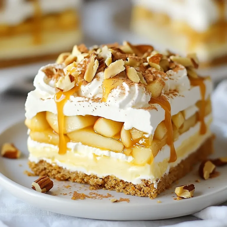 To make this tasty treat, gather these simple ingredients: - 1 package (14 oz) graham crackers - 2 cups heavy cream - 1 cup powdered sugar - 1 teaspoon vanilla extract - 1 package (3.4 oz) instant vanilla pudding mix - 2 cups milk - 2 medium apples, peeled and diced - 1 cup caramel sauce (store-bought or homemade) - 1 teaspoon cinnamon - 1/2 cup chopped nuts (walnuts or pecans, optional) You can switch things up with these fun extras: - Add chocolate chips for a sweet twist. - Use different nuts like almonds or hazelnuts. - Swap apples for pears for a new flavor. If you have dietary needs, here are some easy swaps: - Use dairy-free cream for a vegan option. - Replace milk with almond or oat milk. - Choose gluten-free graham crackers for a gluten-free version. This recipe remains flexible and delicious, allowing you to enjoy it your way! {{ingredient_image_1}} Start by grabbing a large mixing bowl. Pour in two cups of heavy cream. Use a hand mixer to whip the cream until you see soft peaks. Now, add one cup of powdered sugar and one teaspoon of vanilla extract. Keep mixing until stiff peaks form. In another bowl, combine one package of instant vanilla pudding mix with two cups of milk. Whisk this mixture until it is smooth and slightly thick. Next, gently fold the whipped cream into the pudding mixture. Make sure it blends well without losing volume. This cream will be the star of your cake! Now, take a 9x13 inch baking dish. Start with a layer of graham crackers at the bottom. Cover them well, so they form a solid base. On top of the graham crackers, spread half of your cream mixture evenly. Then, sprinkle half of the diced apples across the cream. Drizzle some caramel sauce over the apples. Don't forget a dash of cinnamon for extra flavor! Next, add another layer of graham crackers. Repeat the process with the remaining cream mixture, the rest of the apples, and more caramel sauce. Finish with a final layer of graham crackers on top. Cover your dish tightly with plastic wrap. Place it in the fridge for at least four hours. For the best taste, let it chill overnight. This time helps the flavors blend and the graham crackers soften. When you're ready to serve, drizzle more caramel sauce on top. You can also sprinkle with chopped nuts if you like. This dessert tastes even better when it's cold and the flavors are fully developed! Whipping cream is simple but needs some care. Start with cold heavy cream. Cold cream whips better and faster. Use a large bowl to avoid splatters. Beat the cream with a mixer on medium speed. Gradually add powdered sugar and vanilla. Stop when you see stiff peaks. This means your cream is ready. Don’t overwhip it; it can turn into butter. Choosing apples is key for this dessert. Look for firm apples that are crisp. Granny Smith apples add a nice tartness. Honeycrisp offers sweetness, which balances well. Always peel and dice your apples before adding them. This helps them mix well with the other flavors. Fresh apples give the best taste, so pick ones that are in season. Some things can go wrong when making this cake. If your whipped cream is too runny, it may need more whipping. Check if you added enough sugar. If the layers slide apart, let the cake chill longer. This helps it set up better. If you don’t have enough caramel, add more when serving. A drizzle on top always makes it look great. Pro Tips Use Cold Ingredients: Make sure your heavy cream and milk are cold for better whipping and a creamier texture. Chill Overnight: For the best flavor and texture, allow the cake to chill overnight. This lets the graham crackers soften perfectly. Customize Your Apples: Experiment with different apple varieties like Granny Smith for tartness or Fuji for sweetness to suit your taste. Add a Crunch: For added texture, consider mixing in some crushed nuts into the cream layers or sprinkling them on top before serving. {{image_2}} To make a chocolate version, swap some ingredients. Use chocolate graham crackers instead of regular ones. You can also add chocolate pudding mix in place of vanilla. This gives the dessert a rich, chocolatey twist. Drizzle chocolate sauce along with the caramel. It will be a chocolate lover's dream! For a gluten-free dessert, choose gluten-free graham crackers. Check the label to ensure they fit your needs. You can also use almond flour or coconut flour for a different flavor. This way, everyone can enjoy the cake without worry. The taste remains just as delightful! If you want a vegan option, use plant-based milk, like almond or oat milk. Instead of heavy cream, whip coconut cream for the filling. Replace eggs with a vegan pudding mix. You can also find vegan caramel sauce at stores. These changes keep the dessert creamy and tasty! To keep your Caramel Apple Éclair Cake fresh, cover it tightly with plastic wrap. This helps prevent air from drying it out. Store it in the fridge for up to five days. If you notice any change in texture or smell, it’s best to toss it. You can freeze this cake if you want to prepare it early. Make the cake but skip the final layer of graham crackers and toppings. Wrap the cake well in plastic wrap and foil. Freeze it for up to three months. When ready to eat, thaw it in the fridge overnight. Add the last layer and toppings just before serving. The cake stays fresh in the fridge for about five days. If you freeze it, it keeps for three months. For the best taste, I recommend eating it fresh. Always check for any signs of spoilage before serving. Enjoy your dessert while it’s at its best! Yes, you can make Caramel Apple Éclair Cake a day ahead. In fact, it tastes even better after resting. This allows the flavors to mix well. Just cover it tightly with plastic wrap. Store it in the fridge until you are ready to serve. If you don’t have graham crackers, you can use vanilla wafers or digestive biscuits. Both options work well and provide a nice texture. You can even try shortbread cookies for a richer flavor. Just remember to adjust the sweetness based on your choice. Making homemade caramel sauce is simple and fun! Here’s how: 1. In a saucepan, combine 1 cup of sugar and 1/4 cup of water. 2. Heat over medium heat until the sugar dissolves. 3. Let it boil without stirring until it turns a golden color. 4. Remove it from heat and carefully add 1/2 cup of heavy cream. 5. Stir until smooth. Let it cool before using. This sauce adds a delicious touch to your dessert! You’ve learned how to make a delicious caramel apple éclair cake. We covered ingredients, steps, and various tips to ensure your cake turns out perfectly. You can mix it up with different flavors or dietary options. Remember to store leftovers well to keep them fresh. I hope you feel ready to try this fun recipe. Enjoy baking and sharing this tasty treat!