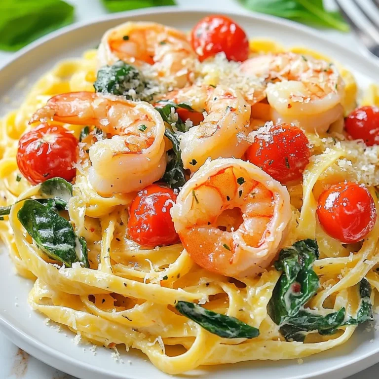 - 8 oz fettuccine pasta - 1 lb large shrimp, peeled and deveined - 3 tablespoons olive oil - 4 cloves garlic, minced - 1 teaspoon red pepper flakes - 1 cup cherry tomatoes, halved - 1 cup heavy cream - ½ cup grated Parmesan cheese - 2 cups fresh spinach - Salt and pepper to taste - Fresh basil for garnish Gathering fresh and quality ingredients is key to this dish. The fettuccine pasta gives a nice base. Use large shrimp for the best texture. Olive oil adds a rich flavor while garlic boosts the aroma. Red pepper flakes add a hint of spice, but you can adjust this to your taste. Cherry tomatoes lend sweetness and color. Heavy cream makes the sauce smooth and creamy. Parmesan cheese adds depth, while fresh spinach gives a pop of color and nutrition. Don’t forget to season with salt and pepper to enhance all the flavors. Finally, fresh basil adds a lovely touch when serving. Enjoy the process of choosing each ingredient; it sets the stage for a great meal. {{ingredient_image_1}} To cook the pasta, start by boiling a large pot of salted water. Use enough water to allow the pasta to move freely. Once the water boils, add 8 ounces of fettuccine pasta. Follow the package instructions and cook until it is al dente, which means it should be tender but still have a slight bite. This usually takes about 8-10 minutes. Before draining, reserve one cup of pasta water. This water is full of starch and great for adjusting sauce thickness. After reserving the water, drain the pasta and set it aside. Next, we focus on the shrimp. Heat a large skillet over medium heat and add 2 tablespoons of olive oil. Once the oil is hot, add 1 pound of large shrimp that is peeled and deveined. Season the shrimp with salt and pepper to taste. Cook each side for about 2-3 minutes, or until they turn pink and opaque. This means they are perfectly cooked. Remove the shrimp from the skillet and set them aside. In the same skillet, add the remaining tablespoon of olive oil. Then, sauté 4 cloves of minced garlic for about 30 seconds. This will bring out its lovely flavor. Next, add 1 teaspoon of red pepper flakes for a touch of heat. Then, toss in 1 cup of halved cherry tomatoes. Cook them for about 4-5 minutes, until they soften and release their juices. This creates a flavorful base for your sauce. Now, let’s make it creamy. Reduce the heat to low and stir in 1 cup of heavy cream. Allow it to simmer for 2-3 minutes. This will thicken the sauce slightly. After that, mix in ½ cup of grated Parmesan cheese. Stir until the cheese melts and the sauce is smooth. This creamy base is what makes it special. Now it’s time to bring it all together. Add the cooked pasta, sautéed shrimp, and 2 cups of fresh spinach to the skillet. Toss everything together well. The heat will wilt the spinach nicely. If the sauce is too thick, add a bit of the reserved pasta water until you reach your desired consistency. Finally, taste the dish and adjust the seasoning with more salt and pepper if needed. Once it’s just right, remove it from the heat. Garnish with fresh basil for a pop of color and flavor before serving. Enjoy your Marry Me Shrimp Pasta; it’s sure to impress! When cooking shrimp, timing is key. For large shrimp, cook them for about 2-3 minutes on each side. They should turn pink and opaque. If you use smaller shrimp, reduce the time to about 2 minutes per side. Overcooking shrimp makes them tough and rubbery. To avoid this, watch them closely. As soon as they change color, take them off the heat. To boost the flavor of your dish, think about adding some herbs and spices. Fresh basil works well here, along with parsley or dill. For a kick, consider adding more red pepper flakes. Seasoning in layers is important. Start with salt and pepper while cooking the shrimp. Then, add garlic and spices to the sauce. This builds up rich flavors. To round out your meal, pair the pasta with a fresh salad. A simple green salad or a Caprese salad complements the dish well. For sides, garlic bread or roasted veggies are great options. When it comes to drinks, a crisp white wine like Sauvignon Blanc pairs nicely. If you prefer non-alcoholic drinks, try sparkling water with lemon. Pro Tips Fresh Ingredients: Use fresh shrimp and seasonal vegetables for the best flavor and texture in your dish. Adjusting Heat: If you prefer a milder dish, reduce the amount of red pepper flakes or omit them entirely. Perfectly Creamy Sauce: For a rich sauce, let the cream cook down slowly and stir continuously to avoid curdling. Garnish Wisely: Fresh basil not only adds color but also enhances the aroma and flavor of the dish, so don’t skip it! {{image_2}} You can switch up the proteins in this dish. Chicken works great in place of shrimp. Just cut it into bite-sized pieces and cook until golden brown. You can also try other seafood like scallops or crab. For a vegetarian option, use plant-based shrimp or even chickpeas. Both will give you a nice texture and flavor. If you need a gluten-free meal, many brands offer gluten-free pasta. Look for options made from rice or lentils. They cook a bit differently, so check the package for timing. Make sure to taste as it cooks to get the right texture. Adding fresh veggies can boost flavor and nutrition. Spinach is a great choice, but try adding bell peppers, zucchini, or broccoli too. Seasonal veggies can give you the freshest taste. In summer, use ripe tomatoes and fresh herbs. In winter, try roasted root vegetables for a cozy twist. - Let the pasta cool before storing. - Use an airtight container for best results. - Keep the pasta in the fridge for up to three days. - If you notice any off smells, it’s best to discard it. - Use a skillet to reheat for the best texture. - Add a splash of water or cream to keep it moist. - Heat on low to avoid overcooking the shrimp. - Make sure the shrimp reaches a safe temperature of 145°F (63°C). The name "Marry Me Shrimp Pasta" comes from its delicious taste. Many say it is so good you might want to propose! This dish combines tender shrimp, creamy sauce, and fresh spinach. Each bite is full of flavor, making it perfect for a loved one or any special occasion. Yes! You can prep this dish ahead of time. Cook the pasta and shrimp but keep the sauce separate. Store each part in the fridge. When ready to eat, simply warm the sauce and mix everything together. This way, you save time on busy nights. If you want a lighter option, try substituting heavy cream with: - Half-and-half - Coconut milk - Greek yogurt (thin with a bit of water) These options still create a creamy texture but with fewer calories. Freezing this dish is not ideal. The shrimp can become tough, and cream sauces may separate. If you must freeze it, store the pasta and sauce separately. When ready, thaw in the fridge overnight and reheat gently. This pasta pairs well with: - Garlic bread - A fresh garden salad - Steamed broccoli These sides add freshness and balance to the meal, making it even more enjoyable. This Marry Me Shrimp Pasta recipe is simple and delicious. You learned about the ingredients, cooking steps, and handy tips. Use fresh shrimp, creamy sauce, and vibrant veggies for great taste. Feel free to explore variations by swapping proteins or adding different vegetables. Remember to store leftovers properly for later enjoyment. This dish can bring smiles at any meal. Dive into cooking, and impress yourself or someone special with a great meal. Enjoy the flavors and share your results!