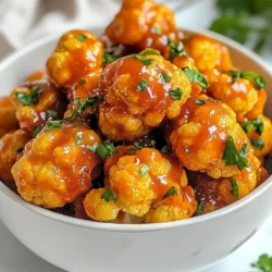 - 1 large cauliflower head, cut into florets - 1 cup all-purpose flour - 1 teaspoon garlic powder - 1 teaspoon onion powder - 1 teaspoon smoked paprika - 1 teaspoon salt - 1/2 teaspoon black pepper - 1 cup water (or plant-based milk for a richer taste) - 1 cup buffalo sauce (mild or hot based on preference) - 2 tablespoons olive oil - Fresh parsley, chopped (for garnish) The key to crispy buffalo cauliflower lies in the batter. The flour creates a nice coating. The spices add flavor. You can use milk for a creamier texture. The cauliflower absorbs the sauce well after frying. - Bread crumbs for extra crunch - Nutritional yeast for a cheesy flavor - Other vegetables like broccoli or carrots Want to switch things up? Add bread crumbs for a crunchier bite. Nutritional yeast gives a cheesy taste without dairy. You can also mix in other veggies for variety. - Extra spices like cayenne or chili powder for heat - Ranch or blue cheese dressing for dipping - Lemon juice for a zesty kick Feel free to experiment with spices! If you like heat, cayenne is perfect. Pair your buffalo cauliflower with ranch or blue cheese dressing. A splash of lemon juice brightens the flavors. {{ingredient_image_1}} Start by cutting your large cauliflower head into bite-sized florets. Each floret should be similar in size for even cooking. Place them in a large bowl. This helps keep them from getting mushy. In another bowl, mix the dry ingredients: flour, garlic powder, onion powder, smoked paprika, salt, and black pepper. Then, whisk in a cup of water or plant-based milk. You want this mix to be smooth and like pancake batter. Dip each floret into the batter until well coated. Let any extra batter drip off before placing them on a plate. Preheat your air fryer to 375°F (190°C) for about 5 minutes. Lightly spray the basket with olive oil. Arrange the battered florets in a single layer. Make sure not to overcrowd the basket. Air fry them for 12 to 15 minutes. Shake the basket halfway through to make sure they cook evenly. Look for a golden brown color and crisp texture. Once the cauliflower is crispy and cooked, remove it from the air fryer. Place the hot florets in a large bowl. Drizzle your favorite buffalo sauce over the cauliflower. Toss gently to make sure every piece gets coated. If you want extra crispiness, you can return the coated florets to the air fryer. Cook for another 3 to 5 minutes at 375°F (190°C). This is a great way to enhance that crunchy texture. Enjoy your flavorful snack! To get that perfect crisp, follow these steps: - Batter Consistency: Make sure your batter is smooth. It should feel like pancake batter. - Coating: Coat each cauliflower floret well. This helps it crisp up nicely. - Single Layer Cooking: Avoid overcrowding the air fryer. Cook in batches if needed. - Shake the Basket: Halfway through cooking, shake the basket. This helps them cook evenly. For a tastier dish, consider these tips: - Season Your Batter: Add more spices like cayenne for heat. Garlic powder and onion powder enhance flavor. - Use Different Sauces: Mix buffalo sauce with ranch or blue cheese for unique flavors. - Garnish: Fresh parsley adds color and a fresh taste. It makes the dish pop! If you need swaps, here are some ideas: - Flour Options: Use almond flour or chickpea flour for a gluten-free version. - Milk Choices: Replace water with almond milk or oat milk for richer flavor. - Buffalo Sauce Alternatives: Try BBQ sauce for a sweeter taste or sriracha for more heat. These tips keep your dish fun and adaptable! Pro Tips Choose the Right Cauliflower: Select a large, fresh cauliflower head with tight florets and vibrant green leaves for the best flavor and texture. Adjust the Spice Level: Feel free to mix mild and hot buffalo sauces or add a touch of honey for sweetness if you prefer a milder flavor. Keep It Crispy: Make sure not to overcrowd the air fryer basket to ensure even cooking and crispiness. Work in batches if necessary. Garnish for Flavor: Adding chopped fresh herbs like parsley or cilantro not only enhances the presentation but also adds a fresh flavor contrast to the spicy buffalo sauce. {{image_2}} You can choose how hot you want your buffalo cauliflower. For a spicy kick, use a hot buffalo sauce. If you prefer mild flavors, choose a milder sauce. You can even mix sauces. Try half hot and half mild for a balanced taste. Adding a bit of honey or maple syrup can also tone down the heat. If you need a gluten-free option, use gluten-free flour. Almond flour or chickpea flour works great. Substitute the all-purpose flour with the gluten-free option in the batter. The rest of the recipe stays the same. This way, you can enjoy the crispy snack without worry. Besides the air fryer, you can bake or roast the cauliflower. For baking, preheat your oven to 425°F (220°C). Spread the battered florets on a baking sheet lined with parchment paper. Bake for about 20–25 minutes, flipping them halfway. If you want to grill, place the florets on skewers. Grill them over medium heat until they get crispy and charred. Each method gives a unique taste. To keep your Air Fryer Buffalo Cauliflower fresh, place leftovers in an airtight container. Make sure to store them in the fridge. They will stay good for about 3 days. Avoid stacking the pieces too close. This helps prevent sogginess. When reheating, use the air fryer for best results. Preheat your air fryer to 375°F (190°C). Place the cauliflower in a single layer. Heat for about 5 to 7 minutes. This will help restore that crispy texture. You can also use an oven. Set it to 375°F (190°C) and bake for 10 minutes. If you want to freeze your buffalo cauliflower, first let it cool completely. Spread the florets on a baking sheet in a single layer. Freeze for 1 to 2 hours until firm. Then, transfer them to a freezer bag. They can stay frozen for up to 3 months. When you are ready to eat, cook them straight from the freezer. No need to thaw! To make buffalo cauliflower vegan, swap regular flour for chickpea flour. Use plant-based milk instead of water for the batter. This keeps the dish fully plant-based. Finally, check your buffalo sauce to ensure it is vegan-friendly. Yes, you can use frozen cauliflower. Just thaw and drain it well before using it in the recipe. Make sure the florets are dry to help the batter stick. Buffalo cauliflower tastes great with ranch or blue cheese dressing. You can also try a creamy avocado dip or a tangy tahini sauce. These pair well with the spicy kick. Cook the buffalo cauliflower for about 12 to 15 minutes at 375°F (190°C). Shake the basket halfway through for even cooking. If you want extra crispiness, you can air fry it for an additional 3 to 5 minutes after tossing it in sauce. Yes, you can prepare the batter ahead. Store it in the fridge for up to 24 hours. Just give it a quick stir before using, as it may thicken slightly. In this article, we explored how to make Air Fryer Buffalo Cauliflower with ease. We covered key ingredients, step-by-step instructions, and tips for the perfect texture. You can try variations and learn how to store leftovers too. With simple ways to adjust spice levels and sauces, you can make it just right for you. Enjoy your crispy, flavor-packed dish anytime you crave it!