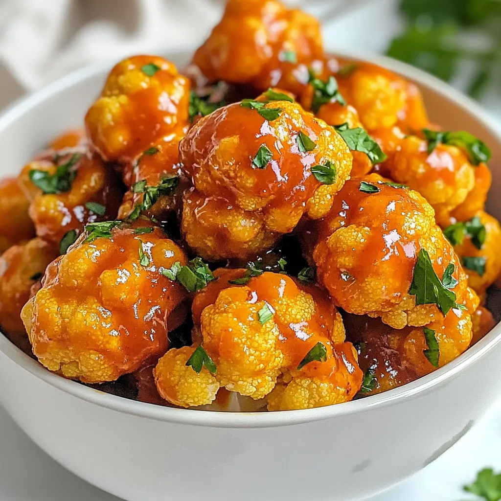 - 1 large cauliflower head, cut into florets - 1 cup all-purpose flour - 1 teaspoon garlic powder - 1 teaspoon onion powder - 1 teaspoon smoked paprika - 1 teaspoon salt - 1/2 teaspoon black pepper - 1 cup water (or plant-based milk for a richer taste) - 1 cup buffalo sauce (mild or hot based on preference) - 2 tablespoons olive oil - Fresh parsley, chopped (for garnish) The key to crispy buffalo cauliflower lies in the batter. The flour creates a nice coating. The spices add flavor. You can use milk for a creamier texture. The cauliflower absorbs the sauce well after frying. - Bread crumbs for extra crunch - Nutritional yeast for a cheesy flavor - Other vegetables like broccoli or carrots Want to switch things up? Add bread crumbs for a crunchier bite. Nutritional yeast gives a cheesy taste without dairy. You can also mix in other veggies for variety. - Extra spices like cayenne or chili powder for heat - Ranch or blue cheese dressing for dipping - Lemon juice for a zesty kick Feel free to experiment with spices! If you like heat, cayenne is perfect. Pair your buffalo cauliflower with ranch or blue cheese dressing. A splash of lemon juice brightens the flavors. {{ingredient_image_1}} Start by cutting your large cauliflower head into bite-sized florets. Each floret should be similar in size for even cooking. Place them in a large bowl. This helps keep them from getting mushy. In another bowl, mix the dry ingredients: flour, garlic powder, onion powder, smoked paprika, salt, and black pepper. Then, whisk in a cup of water or plant-based milk. You want this mix to be smooth and like pancake batter. Dip each floret into the batter until well coated. Let any extra batter drip off before placing them on a plate. Preheat your air fryer to 375°F (190°C) for about 5 minutes. Lightly spray the basket with olive oil. Arrange the battered florets in a single layer. Make sure not to overcrowd the basket. Air fry them for 12 to 15 minutes. Shake the basket halfway through to make sure they cook evenly. Look for a golden brown color and crisp texture. Once the cauliflower is crispy and cooked, remove it from the air fryer. Place the hot florets in a large bowl. Drizzle your favorite buffalo sauce over the cauliflower. Toss gently to make sure every piece gets coated. If you want extra crispiness, you can return the coated florets to the air fryer. Cook for another 3 to 5 minutes at 375°F (190°C). This is a great way to enhance that crunchy texture. Enjoy your flavorful snack! To get that perfect crisp, follow these steps: - Batter Consistency: Make sure your batter is smooth. It should feel like pancake batter. - Coating: Coat each cauliflower floret well. This helps it crisp up nicely. - Single Layer Cooking: Avoid overcrowding the air fryer. Cook in batches if needed. - Shake the Basket: Halfway through cooking, shake the basket. This helps them cook evenly. For a tastier dish, consider these tips: - Season Your Batter: Add more spices like cayenne for heat. Garlic powder and onion powder enhance flavor. - Use Different Sauces: Mix buffalo sauce with ranch or blue cheese for unique flavors. - Garnish: Fresh parsley adds color and a fresh taste. It makes the dish pop! If you need swaps, here are some ideas: - Flour Options: Use almond flour or chickpea flour for a gluten-free version. - Milk Choices: Replace water with almond milk or oat milk for richer flavor. - Buffalo Sauce Alternatives: Try BBQ sauce for a sweeter taste or sriracha for more heat. These tips keep your dish fun and adaptable! Pro Tips Choose the Right Cauliflower: Select a large, fresh cauliflower head with tight florets and vibrant green leaves for the best flavor and texture. Adjust the Spice Level: Feel free to mix mild and hot buffalo sauces or add a touch of honey for sweetness if you prefer a milder flavor. Keep It Crispy: Make sure not to overcrowd the air fryer basket to ensure even cooking and crispiness. Work in batches if necessary. Garnish for Flavor: Adding chopped fresh herbs like parsley or cilantro not only enhances the presentation but also adds a fresh flavor contrast to the spicy buffalo sauce. {{image_2}} You can choose how hot you want your buffalo cauliflower. For a spicy kick, use a hot buffalo sauce. If you prefer mild flavors, choose a milder sauce. You can even mix sauces. Try half hot and half mild for a balanced taste. Adding a bit of honey or maple syrup can also tone down the heat. If you need a gluten-free option, use gluten-free flour. Almond flour or chickpea flour works great. Substitute the all-purpose flour with the gluten-free option in the batter. The rest of the recipe stays the same. This way, you can enjoy the crispy snack without worry. Besides the air fryer, you can bake or roast the cauliflower. For baking, preheat your oven to 425°F (220°C). Spread the battered florets on a baking sheet lined with parchment paper. Bake for about 20–25 minutes, flipping them halfway. If you want to grill, place the florets on skewers. Grill them over medium heat until they get crispy and charred. Each method gives a unique taste. To keep your Air Fryer Buffalo Cauliflower fresh, place leftovers in an airtight container. Make sure to store them in the fridge. They will stay good for about 3 days. Avoid stacking the pieces too close. This helps prevent sogginess. When reheating, use the air fryer for best results. Preheat your air fryer to 375°F (190°C). Place the cauliflower in a single layer. Heat for about 5 to 7 minutes. This will help restore that crispy texture. You can also use an oven. Set it to 375°F (190°C) and bake for 10 minutes. If you want to freeze your buffalo cauliflower, first let it cool completely. Spread the florets on a baking sheet in a single layer. Freeze for 1 to 2 hours until firm. Then, transfer them to a freezer bag. They can stay frozen for up to 3 months. When you are ready to eat, cook them straight from the freezer. No need to thaw! To make buffalo cauliflower vegan, swap regular flour for chickpea flour. Use plant-based milk instead of water for the batter. This keeps the dish fully plant-based. Finally, check your buffalo sauce to ensure it is vegan-friendly. Yes, you can use frozen cauliflower. Just thaw and drain it well before using it in the recipe. Make sure the florets are dry to help the batter stick. Buffalo cauliflower tastes great with ranch or blue cheese dressing. You can also try a creamy avocado dip or a tangy tahini sauce. These pair well with the spicy kick. Cook the buffalo cauliflower for about 12 to 15 minutes at 375°F (190°C). Shake the basket halfway through for even cooking. If you want extra crispiness, you can air fry it for an additional 3 to 5 minutes after tossing it in sauce. Yes, you can prepare the batter ahead. Store it in the fridge for up to 24 hours. Just give it a quick stir before using, as it may thicken slightly. In this article, we explored how to make Air Fryer Buffalo Cauliflower with ease. We covered key ingredients, step-by-step instructions, and tips for the perfect texture. You can try variations and learn how to store leftovers too. With simple ways to adjust spice levels and sauces, you can make it just right for you. Enjoy your crispy, flavor-packed dish anytime you crave it!