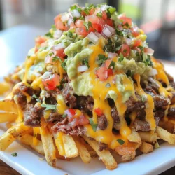 To make delicious carne asada fries, you need fresh ingredients. Here’s what to gather: - 1 lb flank steak - 4 large russet potatoes - 2 tablespoons olive oil - 1 cup shredded cheddar cheese These base ingredients create a hearty and satisfying meal. The right seasonings make the steak shine. Use these for a tasty marinade: - 1 teaspoon chili powder - 1 teaspoon cumin - 1 teaspoon garlic powder - 1 teaspoon onion powder - Salt and pepper to taste Mix these in a bowl. Rub the blend over the flank steak. Let it marinate for at least 30 minutes. This step adds depth and flavor. Toppings can take your fries to the next level. Consider adding: - 1/2 cup sour cream - 1/2 cup guacamole - 1/2 cup pico de gallo - Fresh cilantro for garnish - Sliced jalapeños (optional) These extras bring freshness and creaminess. Feel free to mix and match according to your taste! {{ingredient_image_1}} To start, we will marinate the flank steak. First, mix one teaspoon each of chili powder, cumin, garlic powder, and onion powder in a small bowl. Add salt and pepper to taste. This spice mix adds a lot of flavor. Now, rub this mixture all over the flank steak. Let it sit for at least 30 minutes. For more flavor, you can refrigerate it overnight. Next, let’s prepare the fries. Preheat your oven to 425°F (220°C). Take four large russet potatoes and cut them into fries. Soak the fries in cold water for 30 minutes. This step helps make them crispy. After soaking, drain the fries and dry them with a towel. Now, toss the fries in two tablespoons of olive oil until they are coated. Spread them on a baking sheet lined with parchment paper in a single layer. Bake for 30 to 35 minutes, flipping halfway through. The fries should be golden and crispy. While the fries bake, cook the marinated flank steak. Grill the steak over high heat for about 4 to 5 minutes on each side. This will give you a nice medium-rare. Cook it longer if you like it more done. Once cooked, let the steak rest for 5 minutes. Then, slice it thinly against the grain. Now it’s time to assemble the dish! Once the fries are done, take them out of the oven. Top the hot fries with the sliced carne asada. Sprinkle one cup of shredded cheddar cheese over the top. Put the loaded fries back in the oven for 5 minutes until the cheese melts. After melting, drizzle half a cup of sour cream and half a cup of guacamole over the cheese. Add a generous scoop of half a cup of pico de gallo. Lastly, garnish with fresh cilantro and sliced jalapeños if you like a bit of heat. Enjoy your tasty carne asada fries! To get the best flavor, marinate the steak well. First, mix chili powder, cumin, garlic powder, onion powder, salt, and pepper. Rub this blend over the flank steak. Let it sit for at least 30 minutes. If you have more time, marinate overnight in the fridge. This helps the flavors soak in deeply. Always slice the steak against the grain. This keeps it tender and easy to chew. Start by cutting the russet potatoes into fries. Soak them in cold water for 30 minutes. This removes extra starch and helps them crisp up. After soaking, drain the fries and dry them with a towel. Coat them in olive oil. Spread the fries in a single layer on a baking sheet. Bake at 425°F (220°C) for 30-35 minutes. Flip them halfway for even cooking. When they are golden, you will know they are perfect. To melt cheese perfectly, sprinkle shredded cheddar over the hot fries and steak. Return the loaded fries to the oven for 5 minutes. The heat will melt the cheese nicely. Watch closely to avoid burning. A great tip is to use a broiler for 1-2 minutes for a bubbly finish. Just keep an eye on it! Enjoy your cheesy, savory creation while it’s hot. Pro Tips Marination Magic: Allow the flank steak to marinate overnight for a deeper flavor infusion. Perfectly Cut Fries: Ensure your potato fries are uniformly cut for even cooking and crispiness. Resting the Steak: Let the grilled steak rest before slicing to retain its juices and tenderness. Cheese Melting Tip: Broil the loaded fries for a minute after melting the cheese for a golden finish. {{image_2}} You can switch up the protein in carne asada fries. Try chicken, pork, or shrimp. Marinate these proteins like you do with steak. Use the same spices for tasty results. Each meat adds its own flavor. Chicken works well for a lighter dish. Pork gives a savory twist. Shrimp adds a seafood touch. Want a meat-free option? Use grilled veggies or tofu instead. For the veggies, consider bell peppers, zucchini, and mushrooms. Season them like steak for great taste. Tofu absorbs flavors well, so marinate it too. This way, you still enjoy the rich flavors of carne asada fries. Get creative with toppings! Besides cheese, sour cream, and guacamole, try these ideas: - Black beans for extra protein - Corn salsa for sweetness - Radishes for a crunchy bite - Chipotle crema for a spicy kick Mix and match toppings to fit your mood. You can even add a fried egg on top for breakfast-style fries. Enjoy making this dish uniquely yours! After enjoying your carne asada fries, you may have some left. Store the leftovers in an airtight container. Place the fries and steak in separate containers. This keeps them fresh and prevents sogginess. You can store them in the fridge for up to three days. To reheat the fries, use the oven. Preheat it to 400°F (200°C). Spread the fries on a baking sheet. Bake for about 10 minutes until they are hot and crispy again. For the steak, use a skillet over medium heat. Warm it for a few minutes on each side to keep it juicy. Avoid using the microwave, as it can make both the fries and steak soft. If you want to save some fries and steak for later, freezing is an option. First, let the fries cool completely. Then, place them in a single layer on a baking sheet. Freeze them for about an hour. This prevents them from sticking together. After they are frozen, transfer them to a freezer bag. For the steak, slice it thinly and wrap it tightly in plastic wrap. Store both items for up to three months. When you're ready to eat, thaw them in the fridge overnight before reheating. Carne Asada Fries are a tasty dish that combines crispy fries and grilled steak. You start with golden, crispy potato fries. Then, you top them with marinated, grilled flank steak. Next, add melty cheese, sour cream, guacamole, and pico de gallo. The result is a delicious, filling meal perfect for any time. Yes, you can make Carne Asada Fries in advance. Prepare the steak and fries separately. Store each in airtight containers in the fridge. You can grill the steak and bake the fries ahead of time. When you are ready to eat, just reheat and assemble. This makes it easy to enjoy them later! Carne Asada Fries pair well with many side dishes. Here are some great options: - Mexican street corn (elote) - Simple green salad with lime dressing - Black beans for added protein - Chips and salsa for a crunchy side These sides can add variety and balance to your meal! Carne asada fries are a fun dish to make. We explored the key ingredients, marinating techniques, and preparation steps. I shared tips for perfect fries and melted cheese. You can customize with different proteins or toppings, even for vegetarians. Store leftovers properly to keep them tasty. Enjoy experimenting with flavors and find your favorite combination! This dish is a great way to impress family and friends.