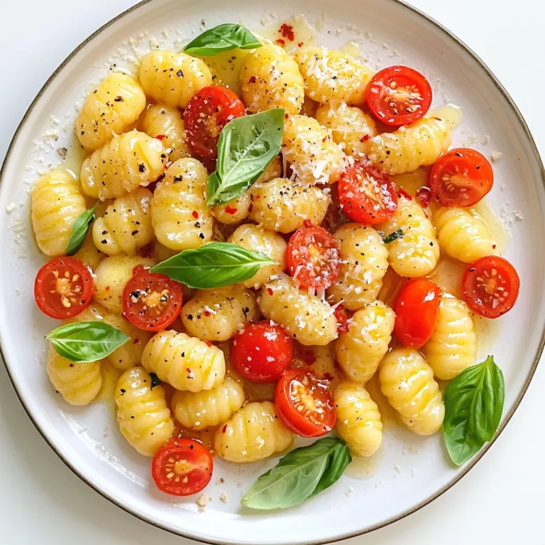 - 1 package (16 oz) potato gnocchi - 4 tablespoons unsalted butter - 4 cloves garlic, minced - 1 teaspoon red pepper flakes - 1/2 cup cherry tomatoes, halved - 1/4 cup fresh basil, chopped - Salt and pepper, to taste - Grated Parmesan cheese (optional) Gathering the right ingredients is key. Start with a package of potato gnocchi. This dish shines with the right type. You will also need unsalted butter for that rich flavor. Garlic is a must. I use fresh cloves, minced finely. Red pepper flakes add a nice kick. Adjust the amount to your taste. Cherry tomatoes bring sweetness and color. Fresh basil gives the dish a burst of freshness. Don't forget salt and pepper for seasoning! For a cheesy finish, use grated Parmesan if you like. Each ingredient plays a role in making this dish shine. - Bring a large pot of salted water to a boil. - Add the gnocchi and cook until they float (about 2-3 minutes). - Drain and set aside. Cooking gnocchi is simple. You only need to wait for them to float. This means they are done. Make sure to salt the water well. This adds flavor right from the start. - Melt the butter in a skillet over medium heat. - Add minced garlic and red pepper flakes, sautéing until fragrant. For the garlic butter, I melt the butter gently. This keeps it from burning. Once it bubbles, I add the minced garlic and red pepper flakes. This mix smells great and adds depth to the dish. Keep an eye on the garlic. It should be soft but not brown. - Toss cooked gnocchi in the garlic butter. - Add halved cherry tomatoes and cook for an additional 2-3 minutes. - Season with salt and pepper to taste. Next, I add the cooked gnocchi to the skillet. I toss them gently in the garlic butter. This makes sure each piece is coated well. Then, I add the halved cherry tomatoes. These add sweetness and color. I cook everything for just a few minutes. Season with salt and pepper to bring all the flavors together. - Stir in chopped basil before serving. At the end, I stir in the chopped basil. This adds a fresh taste and bright color. I love how the basil wilts just a bit in the warm dish. It makes the gnocchi look and taste amazing. To get the best gnocchi, cook it until it floats. This means it's ready! If you cook it too long, it can turn mushy. Adjust the red pepper flakes based on how spicy you like your food. Start small, and then add more if needed. Use fresh garlic for a stronger aroma and taste. Fresh garlic brings a nice punch to the dish. You can also try adding herbs like thyme or parsley. These herbs can add layers of flavor that make your meal even better. Serve your gnocchi with a sprinkle of grated Parmesan cheese. This adds a creamy texture and salty flavor. You can also pair it with a side salad or some crusty bread. These sides balance the dish and make for a complete meal. {{image_2}} You can easily change this dish to suit your taste. Here are a few ideas: - Add spinach or kale for more nutrition. Both greens wilt nicely with heat and boost your meal's vitamins. - Swap cherry tomatoes for sun-dried tomatoes. Sun-dried tomatoes add a rich flavor that pairs well with garlic butter. Want a vegan version? It's simple! - Replace butter with olive oil or vegan butter. This keeps the meal rich without using dairy. - Instead of Parmesan cheese, use nutritional yeast. It gives a cheesy flavor without dairy. If you need a gluten-free option, just choose gluten-free gnocchi. Many brands offer tasty choices. This way, everyone can enjoy this quick and easy dish. Store your leftover Minute Garlic Butter Gnocchi in an airtight container. This helps keep the gnocchi fresh. It’s best to eat them within 2-3 days. After that, they might lose their flavor and texture. To reheat, use a skillet. Heat it over medium heat and add a splash of water or broth. This will help keep your gnocchi moist. Stir gently until heated through. You can also use the microwave if you prefer. Set it on low power, stirring occasionally. This method works well, but it might not keep the same texture. Enjoy your tasty meal again! It takes about 15 minutes to make this dish. You can prep the ingredients in 5 minutes. Cooking the gnocchi takes just 2-3 minutes. The garlic butter takes another 5 minutes. It is quick and perfect for busy nights. You can prepare the garlic butter in advance. Store it in the fridge for up to a week. Cook the gnocchi fresh when ready to eat. This way, they stay soft and tasty. Avoid cooking everything early, as gnocchi can get mushy. The best way is to boil them in salted water. Bring a large pot to a rolling boil. Add the gnocchi and wait for them to float. This means they are done! Drain them and toss with your sauce right away. Yes, you can use frozen gnocchi. There’s no need to thaw them first. Just add them straight to boiling water. They may take a minute longer to cook, so keep an eye on them. Serve this gnocchi with a light salad or some crusty bread. A sprinkle of grated Parmesan adds great flavor. You could also pair it with grilled chicken or shrimp for extra protein. This blog post shared a simple, tasty recipe for garlic butter gnocchi. We covered the key ingredients, detailed step-by-step cooking instructions, and offered helpful tips. You learned about variations, storage tips, and answered common questions. Enjoy making garlic butter gnocchi your own. This dish is flexible, so have fun with it! Don’t forget to share your creations or favorite tweaks. Cooking should be enjoyable and rewarding. Happy cooking!
