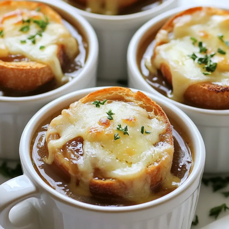 To make the best French onion soup, gather the following ingredients: - 4 large yellow onions, thinly sliced - 4 tablespoons unsalted butter - 2 tablespoons olive oil - 1 teaspoon sugar - 4 cups beef broth (or vegetable broth for a vegetarian option) - 1 bay leaf - 2 teaspoons fresh thyme leaves (or 1 teaspoon dried thyme) - Salt and pepper to taste - 8 slices of French baguette - 2 cups shredded Swiss cheese - Fresh parsley for garnish (optional) Each ingredient plays a role in creating rich flavors. The onions provide sweetness when caramelized. The butter and olive oil give a nice base for cooking. Sugar helps with the caramelization, making the onions golden and sweet. Broth is the heart of the soup, adding depth. Thyme and bay leaf bring in earthy notes, while salt and pepper enhance all flavors. French baguette adds texture, and Swiss cheese offers creaminess. Fresh parsley brightens the dish and makes it look nice. Collect these ingredients before you start cooking for a smooth experience. {{ingredient_image_1}} Cooking the onions Start by melting the butter and olive oil in a large pot over medium heat. Add the thinly sliced onions and sugar. Stir them often. Cook for 25 to 30 minutes. The onions will turn caramelized and golden brown. This step is key for good flavor. Adding broth and seasoning Once the onions are ready, stir in the bay leaf and thyme. Cook for one more minute. Now pour in the beef broth. Let it simmer for 20 minutes. Don’t forget to add salt and pepper to taste. This helps build the soup's rich flavor. Toasting baguette slices While the soup simmers, preheat your oven broiler to high. Place the slices of baguette on a baking sheet. Toast them under the broiler for 2 to 3 minutes on each side. They should be golden and crispy. This adds a nice texture to the soup. Broiling the cheese-topped soup Remove the bay leaf from the soup. Ladle the soup into oven-safe bowls. Top each bowl with the toasted baguette slices. Now, sprinkle the shredded Swiss cheese generously over the bread. Place the bowls back under the broiler for 3 to 5 minutes. Watch for the cheese to become bubbly and golden brown. Garnish with parsley Carefully take the bowls out of the oven. They will be hot! If you like, garnish with fresh parsley. This adds a pop of color and freshness. Ideal serving conditions Serve the soup hot. It’s perfect for chilly days or when you need comfort food. Enjoy this savory dish with friends or family. To make great French onion soup, you need perfectly caramelized onions. Start by cooking them low and slow. Use medium heat to avoid burning. Stir them often to ensure even cooking. This takes about 25 to 30 minutes. If your onions start to brown too fast, lower the heat. To enhance sweetness, add a teaspoon of sugar when you start cooking the onions. This helps them caramelize better. If you see dark bits forming, those can burn. Just scrape them off the pot to keep the flavor clean. Swiss cheese is a classic choice, but you can try other types. Gruyère gives a nutty flavor, while Provolone adds a nice kick. For a fun twist, use mozzarella for a stretchier texture. To melt cheese perfectly, add it right before broiling. Make sure to cover the bread well. When you broil, keep an eye on it. Cheese can go from melted to burnt quickly. You want it bubbly and golden, not charred. For extra flavor, add spices and herbs. Fresh thyme works great, or try rosemary for a different taste. A dash of black pepper adds warmth. Balancing sweetness is key. If your soup is too sweet, add a splash of vinegar or lemon juice. This adds acidity and brightens the dish. Taste as you go to find the perfect balance. Pro Tips Caramelization is Key: Take your time when caramelizing the onions; this process develops the rich flavor of the soup. Stir frequently to prevent sticking and ensure even browning. Choose Your Broth Wisely: The flavor of your broth is crucial. A high-quality beef broth will yield a deeper flavor, while vegetable broth can create a lighter, vegetarian version that still shines. Toasting the Bread: Don't skip toasting the baguette slices! This step adds a lovely crunch that contrasts beautifully with the soup and prevents the bread from becoming too soggy. Experiment with Cheeses: While Swiss cheese is traditional, feel free to mix in other cheeses like Gruyère or mozzarella for a different flavor profile and texture. {{image_2}} You can make a delicious vegetarian version of French onion soup. Just swap the beef broth for vegetable broth. This keeps the rich taste while making it meat-free. To add more flavor, toss in some sautéed mushrooms. They bring a nice earthiness that pairs well with the sweet onions. Cheese is key in French onion soup. While Swiss cheese is classic, you can try Gruyère or Provolone. Gruyère adds a nutty flavor and melts beautifully. Provolone gives a sharper taste. Experimenting with different cheeses can change the whole dish and make it your own. You can get creative with your soup by adding bacon or sautéed mushrooms. Crispy bacon brings a smoky taste that complements the sweet onions. Sautéed mushrooms add depth and a nice texture. These choices make your soup heartier and more satisfying. Don’t be afraid to mix things up! To keep your French onion soup fresh, store it in the fridge. Use an airtight container. Make sure the soup cools down first. It should stay good for about 3-4 days. I recommend not adding the cheese and bread until you are ready to eat. This helps keep everything tasty and fresh. When you're ready to enjoy leftovers, reheat the soup slowly. You can use a pot on the stove or a microwave. If using the stove, heat on low to avoid burning. Stir often to keep the flavor. If using a microwave, heat in short bursts. This helps keep the soup hot without overcooking it. Freezing is a great way to save extra soup. Pour portions into freezer bags or containers. Leave some space at the top, as soup expands when frozen. It’s best to freeze it without the bread and cheese. This way, it stays fresh. You can keep it in the freezer for up to 3 months. When ready to eat, thaw it in the fridge overnight before reheating. Enjoy your cozy meal anytime! The best onion for French onion soup is the yellow onion. Yellow onions have a nice balance of sweetness and sharpness. They caramelize well, giving you rich flavor. White onions are sharper and less sweet. They can work, but the taste will differ. Sweet onions, like Vidalia, add a strong sweetness. They might be too sweet for some. Stick with yellow onions for the best results. Yes, you can make French onion soup ahead of time. I recommend making it a day before you plan to serve it. This helps the flavors blend better. Store it in the fridge after it cools. When you are ready to eat, just reheat it on the stove. This soup tastes even better the next day. To lower the salt in French onion soup, choose low-sodium broth. You can also dilute salty soup with water. Adding more onions can help balance the saltiness too. If you taste it and find it too salty, add a bit more sugar or thyme. These can help mask the salt taste. Yes, you can make French onion soup in a slow cooker. Start by caramelizing the onions in a pan first. This step adds depth to the flavor. Then, place the onions in the slow cooker. Add the broth, bay leaf, and thyme. Cook it on low for 6-8 hours. This method makes the soup very rich and tasty. When it's done, follow the same steps to broil the cheese on top. Enjoy! In this post, we explored how to make a delicious French onion soup. We discussed the key ingredients, like yellow onions, broth, and cheese. You learned step-by-step preparation and baking methods. Tips for caramelizing onions and flavor enhancements were shared. Try making variations to suit your taste, like vegetarian options. Remember to store leftovers properly and reheat them for the best flavor. French onion soup is a warm delight, perfect for gatherings. Enjoy every bite!