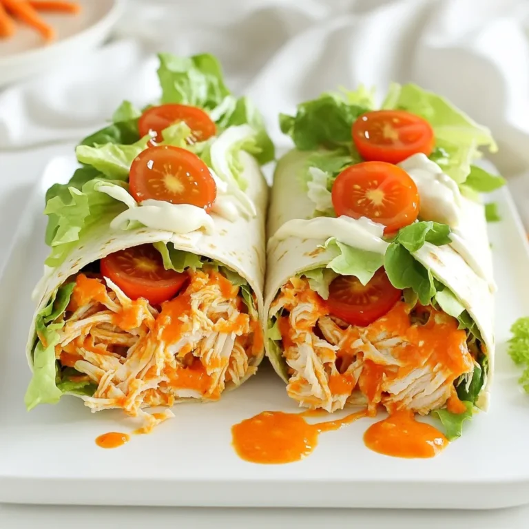 - 2 cups cooked chicken, shredded - ½ cup Buffalo sauce - 1 tablespoon olive oil - 1 cup Romaine lettuce, chopped - ½ cup cherry tomatoes, halved - ½ cup shredded carrots - ½ cup ranch dressing - Blue cheese dressing (alternative) To make Buffalo chicken wraps, you need simple, tasty ingredients. First, gather your main items. Use cooked chicken that you shred. Mix in Buffalo sauce to give it that fiery kick. Olive oil adds a nice touch when cooking the chicken. Next, for crunch and freshness, add Romaine lettuce. It gives a great texture. Cherry tomatoes add sweetness, while shredded carrots bring color and a bit of crunch. These fresh additions make the wraps more fun to eat. Finally, choose your dressing. Ranch dressing is creamy and cool, while blue cheese dressing adds a bold flavor. Both work well and allow you to customize your wrap. Try them both to see which you prefer! First, take 2 cups of cooked chicken and shred it into small pieces. In a large bowl, mix the shredded chicken with ½ cup of Buffalo sauce. Ensure the chicken is fully coated. Set it aside to marinate for about 10 minutes. This step helps the flavors blend well. While the chicken marinates, heat 1 tablespoon of olive oil in a skillet over medium heat. Once the oil is hot, add the marinated chicken. Cook the chicken for about 5-7 minutes, stirring occasionally. You want it heated through and slightly crisped on the edges. This adds a nice texture. Now, lay out 4 large flour tortillas on a clean surface. Divide the cooked Buffalo chicken evenly among the tortillas. Next, add your toppings: 1 cup of chopped Romaine lettuce, ½ cup of halved cherry tomatoes, and ½ cup of shredded carrots. Drizzle with ½ cup of ranch or blue cheese dressing. If you like heat, add sliced jalapeños. To wrap, fold the sides of each tortilla inward. Then, roll it up tightly from the bottom to the top. This keeps all the delicious filling inside. Cut each wrap in half diagonally for easier handling and dipping. Now you're ready to enjoy your flavor-packed Buffalo chicken wraps! To make your Buffalo chicken wraps shine, you can adjust the spice level. If you want a milder flavor, use less Buffalo sauce. If you enjoy heat, add more sauce or some sliced jalapeños. This way, you control the heat. Next, choose your dressing wisely. Ranch dressing gives a cool contrast to the spicy chicken. Blue cheese offers a strong flavor that pairs well with Buffalo sauce. Try both to find your favorite. A good wrap keeps all the tasty fillings inside. To ensure this, fold the sides of the tortilla inward first. Then, roll it from the bottom to the top tightly. This method helps avoid spillage when you take a bite. Cutting your wraps diagonally makes them look nice and easy to eat. This way, you can show off the colorful filling and make it more appealing on the plate. When serving your wraps, use a large platter. Lay the wraps down and add a small bowl of extra ranch dressing for dipping. You can also garnish the plate with fresh herbs or extra veggies for a pop of color. Some great dipping sauces to try include extra ranch or a spicy salsa. This adds variety and fun to your meal. Enjoy every bite! {{image_2}} You can switch up the protein in your wraps. Grilled shrimp adds a light, fresh taste. It pairs well with the spicy sauce. Tofu is a great plant-based option. Marinate it in the Buffalo sauce for the best flavor. Cook it until golden and crispy for a tasty twist. Feel free to get creative with flavors. BBQ sauce brings a sweet and smoky taste. It works well with chicken for a new vibe. You can try sriracha for more heat. This spicy sauce will give your wraps an extra kick. Mix and match to find what you love best! If you want a plant-based wrap, there are plenty of choices. Use plant-based chicken for a similar texture. Pair it with dairy-free dressings for a creamy touch. These options are delicious and satisfying. You won't miss the meat at all! To keep your Buffalo chicken wraps fresh, wrap them tightly in plastic wrap or foil. You can also use a sealed container. Make sure to store them in the fridge. They will stay good for about 3 days. If you want to keep the veggies crisp, store them separately. This way, they won't get soggy. You can freeze Buffalo chicken wraps for later. To do this, wrap each one in plastic wrap first. Then, place them in a freezer-safe bag or container. They can last up to 2 months in the freezer. When you're ready to eat, let them thaw in the fridge overnight for best results. Reheating your wraps can make a big difference in taste. The microwave is quick but may make the tortilla soft. For a better texture, use a skillet. Heat it on medium heat and warm the wrap for about 3-4 minutes on each side. This keeps the outside crispy while warming the filling nicely. Buffalo chicken wraps are a fun and tasty dish. They combine shredded chicken, spicy Buffalo sauce, and fresh veggies. You wrap them in soft tortillas. This dish comes from Buffalo, New York. It started with Buffalo wings, a popular snack. Now, people love to make wraps for a quick meal. Yes, you can make Buffalo chicken wraps ahead of time. Here are some tips for meal prep: - Cook the chicken: Prepare the chicken and sauce in advance. Store them in separate containers. - Chop the veggies: Cut up the lettuce, tomatoes, and carrots. Keep them fresh in the fridge. - Wrap and store: You can wrap them tightly in foil or plastic wrap. Refrigerate for up to two days. - Reheat carefully: If you want to warm them, use a skillet for the best taste. Buffalo chicken wraps can be spicy, but you control the heat. Use less Buffalo sauce for a milder flavor. Add more sauce for extra spice. You can also add jalapeños for more heat. If you prefer no spice, try BBQ sauce instead. Enjoy finding the right heat for your taste! You learned how to make tasty Buffalo chicken wraps. We covered essential ingredients, step-by-step cooking, and tips for the best flavor. You can add fresh veggies or choose your favorite dressing. Plus, I shared storage tips and fun variations. Buffalo chicken wraps are fun to make and perfect for any meal. Enjoy your creation!