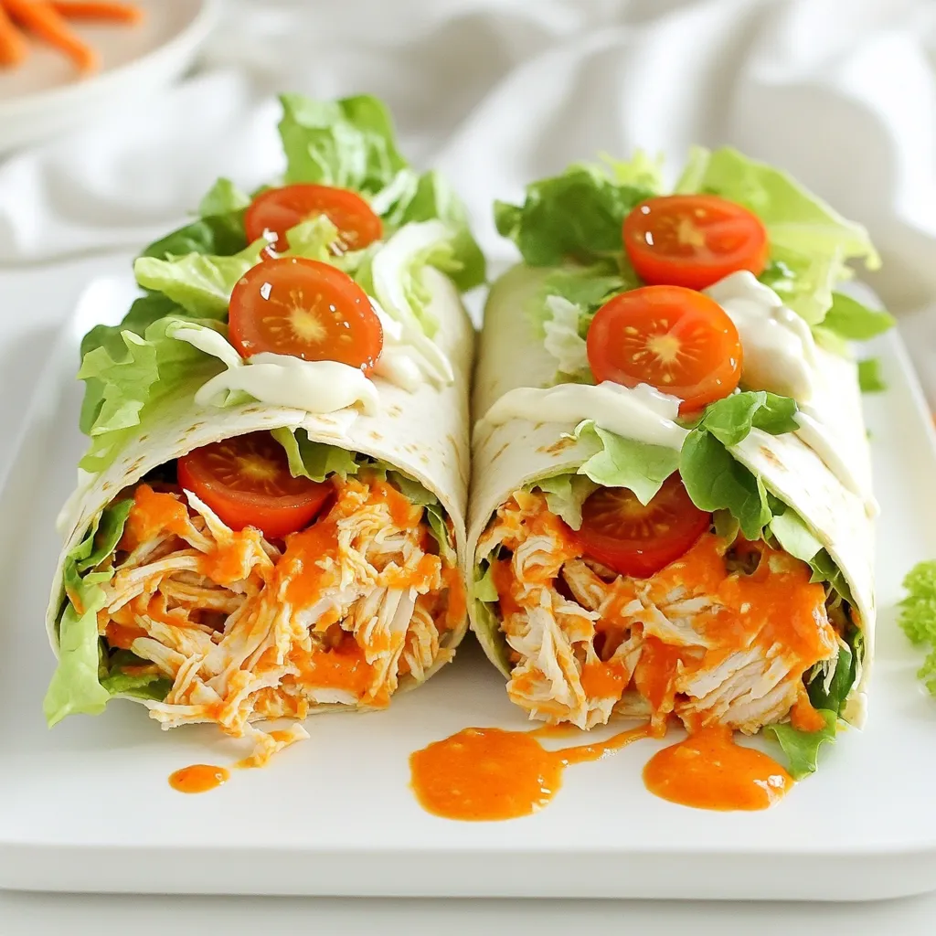 - 2 cups cooked chicken, shredded - ½ cup Buffalo sauce - 1 tablespoon olive oil - 1 cup Romaine lettuce, chopped - ½ cup cherry tomatoes, halved - ½ cup shredded carrots - ½ cup ranch dressing - Blue cheese dressing (alternative) To make Buffalo chicken wraps, you need simple, tasty ingredients. First, gather your main items. Use cooked chicken that you shred. Mix in Buffalo sauce to give it that fiery kick. Olive oil adds a nice touch when cooking the chicken. Next, for crunch and freshness, add Romaine lettuce. It gives a great texture. Cherry tomatoes add sweetness, while shredded carrots bring color and a bit of crunch. These fresh additions make the wraps more fun to eat. Finally, choose your dressing. Ranch dressing is creamy and cool, while blue cheese dressing adds a bold flavor. Both work well and allow you to customize your wrap. Try them both to see which you prefer! First, take 2 cups of cooked chicken and shred it into small pieces. In a large bowl, mix the shredded chicken with ½ cup of Buffalo sauce. Ensure the chicken is fully coated. Set it aside to marinate for about 10 minutes. This step helps the flavors blend well. While the chicken marinates, heat 1 tablespoon of olive oil in a skillet over medium heat. Once the oil is hot, add the marinated chicken. Cook the chicken for about 5-7 minutes, stirring occasionally. You want it heated through and slightly crisped on the edges. This adds a nice texture. Now, lay out 4 large flour tortillas on a clean surface. Divide the cooked Buffalo chicken evenly among the tortillas. Next, add your toppings: 1 cup of chopped Romaine lettuce, ½ cup of halved cherry tomatoes, and ½ cup of shredded carrots. Drizzle with ½ cup of ranch or blue cheese dressing. If you like heat, add sliced jalapeños. To wrap, fold the sides of each tortilla inward. Then, roll it up tightly from the bottom to the top. This keeps all the delicious filling inside. Cut each wrap in half diagonally for easier handling and dipping. Now you're ready to enjoy your flavor-packed Buffalo chicken wraps! To make your Buffalo chicken wraps shine, you can adjust the spice level. If you want a milder flavor, use less Buffalo sauce. If you enjoy heat, add more sauce or some sliced jalapeños. This way, you control the heat. Next, choose your dressing wisely. Ranch dressing gives a cool contrast to the spicy chicken. Blue cheese offers a strong flavor that pairs well with Buffalo sauce. Try both to find your favorite. A good wrap keeps all the tasty fillings inside. To ensure this, fold the sides of the tortilla inward first. Then, roll it from the bottom to the top tightly. This method helps avoid spillage when you take a bite. Cutting your wraps diagonally makes them look nice and easy to eat. This way, you can show off the colorful filling and make it more appealing on the plate. When serving your wraps, use a large platter. Lay the wraps down and add a small bowl of extra ranch dressing for dipping. You can also garnish the plate with fresh herbs or extra veggies for a pop of color. Some great dipping sauces to try include extra ranch or a spicy salsa. This adds variety and fun to your meal. Enjoy every bite! {{image_2}} You can switch up the protein in your wraps. Grilled shrimp adds a light, fresh taste. It pairs well with the spicy sauce. Tofu is a great plant-based option. Marinate it in the Buffalo sauce for the best flavor. Cook it until golden and crispy for a tasty twist. Feel free to get creative with flavors. BBQ sauce brings a sweet and smoky taste. It works well with chicken for a new vibe. You can try sriracha for more heat. This spicy sauce will give your wraps an extra kick. Mix and match to find what you love best! If you want a plant-based wrap, there are plenty of choices. Use plant-based chicken for a similar texture. Pair it with dairy-free dressings for a creamy touch. These options are delicious and satisfying. You won't miss the meat at all! To keep your Buffalo chicken wraps fresh, wrap them tightly in plastic wrap or foil. You can also use a sealed container. Make sure to store them in the fridge. They will stay good for about 3 days. If you want to keep the veggies crisp, store them separately. This way, they won't get soggy. You can freeze Buffalo chicken wraps for later. To do this, wrap each one in plastic wrap first. Then, place them in a freezer-safe bag or container. They can last up to 2 months in the freezer. When you're ready to eat, let them thaw in the fridge overnight for best results. Reheating your wraps can make a big difference in taste. The microwave is quick but may make the tortilla soft. For a better texture, use a skillet. Heat it on medium heat and warm the wrap for about 3-4 minutes on each side. This keeps the outside crispy while warming the filling nicely. Buffalo chicken wraps are a fun and tasty dish. They combine shredded chicken, spicy Buffalo sauce, and fresh veggies. You wrap them in soft tortillas. This dish comes from Buffalo, New York. It started with Buffalo wings, a popular snack. Now, people love to make wraps for a quick meal. Yes, you can make Buffalo chicken wraps ahead of time. Here are some tips for meal prep: - Cook the chicken: Prepare the chicken and sauce in advance. Store them in separate containers. - Chop the veggies: Cut up the lettuce, tomatoes, and carrots. Keep them fresh in the fridge. - Wrap and store: You can wrap them tightly in foil or plastic wrap. Refrigerate for up to two days. - Reheat carefully: If you want to warm them, use a skillet for the best taste. Buffalo chicken wraps can be spicy, but you control the heat. Use less Buffalo sauce for a milder flavor. Add more sauce for extra spice. You can also add jalapeños for more heat. If you prefer no spice, try BBQ sauce instead. Enjoy finding the right heat for your taste! You learned how to make tasty Buffalo chicken wraps. We covered essential ingredients, step-by-step cooking, and tips for the best flavor. You can add fresh veggies or choose your favorite dressing. Plus, I shared storage tips and fun variations. Buffalo chicken wraps are fun to make and perfect for any meal. Enjoy your creation!