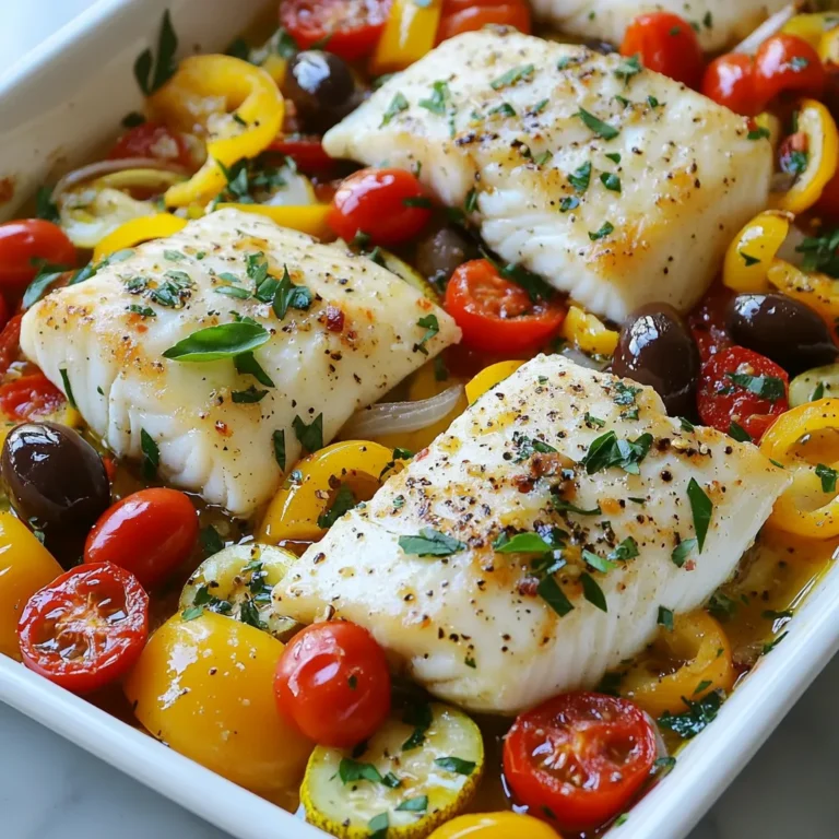 - 4 white fish fillets (such as cod or haddock) - 1 large zucchini, sliced into half-moons - 1 red bell pepper, chopped - 1 yellow bell pepper, chopped - 1 cup cherry tomatoes, halved - 1 red onion, cut into wedges - 4 cloves garlic, minced - 1/4 cup kalamata olives, pitted and halved - 2 tablespoons olive oil - 1 teaspoon dried oregano - 1 teaspoon dried basil - 1/2 teaspoon salt - 1/4 teaspoon black pepper - Juice of 1 lemon The main ingredients in this dish bring bright flavors and textures. The fish fillets serve as the star. Cod or haddock work well because they are mild and flaky. Fresh veggies add crunch and color. I love using zucchini, red and yellow peppers, cherry tomatoes, and red onion. Garlic gives a nice kick. Kalamata olives add a salty touch. The olive oil and herbs tie everything together. - Fresh parsley - Additional lemon zest Garnishes can elevate your dish. Fresh parsley offers a burst of color and freshness. A bit of lemon zest brightens the flavors even more. You can add these after cooking. They make your meal look and taste great! {{ingredient_image_1}} 1. Preheat the oven: Start by setting your oven to 400°F (200°C). This ensures your fish cooks evenly. 2. Arrange vegetables in the baking dish: Take a large baking dish and layer it with sliced zucchini, chopped red and yellow bell peppers, halved cherry tomatoes, and red onion wedges. This mix adds color and flavor. 1. Drizzle and season: Pour 2 tablespoons of olive oil over the veggies. Add minced garlic, oregano, basil, salt, and black pepper. Toss everything well to coat the vegetables nicely. 2. Add fish and olives: Make room in the center of the dish for the fish fillets. Place 4 white fish fillets, like cod or haddock, in this space. Season each fillet with salt and pepper. Drizzle fresh lemon juice on top and scatter kalamata olives around the fish. 3. Baking instructions: Cover the dish with foil and bake in the preheated oven for 15 minutes. After that, remove the foil and bake for an extra 10-15 minutes. Your fish should be cooked through and flaky when done. Finish by squeezing more lemon juice over the dish and garnish with fresh parsley before serving. To know when your fish is done, look for the flesh to be opaque. It should flake easily with a fork. Overcooking can make it dry, so check it around 25 minutes. Fresh ingredients are key. Always choose fish that smells clean and looks bright. Fresh fish has a firm texture. If you can, buy it the same day you cook. When slicing vegetables, keep them uniform in size. This helps them cook evenly. For the zucchini, cut half-moons about a quarter inch thick. For bell peppers, chop them into bite-sized pieces. This way, they blend well with the fish. To enhance flavors, sprinkle the vegetables with salt before cooking. Toss them in olive oil and spices. This helps to bring out their natural sweetness. Adding garlic boosts flavor too. Don't skip this step! Pro Tips Use Fresh Ingredients: Opt for the freshest fish and vegetables available to enhance the flavor and texture of the dish. Don’t Overcook the Fish: Keep a close eye on the fish; it should be flaky and opaque but not dry. Start checking for doneness at the 20-minute mark. Customize Your Vegetables: Feel free to add or substitute with seasonal vegetables like asparagus or artichokes to suit your taste. Experiment with Herbs: Try adding fresh herbs like dill or cilantro for a different flavor profile that complements the Mediterranean theme. {{image_2}} If you want to switch up the fish, there are great options. Instead of cod or haddock, try tilapia or snapper. Both have a mild taste and cook nicely. Salmon adds a richer flavor and a nice color. You can also use trout for a different texture. Just make sure the fish is fresh! You can change the vegetables based on what you have. Seasonal veggies work well. In summer, use eggplant or bell peppers. In fall, try root vegetables like carrots and squash. You can also add artichokes or asparagus for more Mediterranean flair. Mixing different colors makes the dish more appealing and tasty! Store your leftover baked fish in an airtight container. This keeps it fresh. Place it in the fridge. It lasts up to three days. Make sure to cool it first. You can keep the veggies with the fish. They also taste great later. To reheat fish, use the oven. Preheat it to 350°F (175°C). Place the fish in a baking dish. Add a splash of water or broth. This helps keep it moist. Cover with foil to trap steam. Heat for about 10 minutes. Check if it’s warm all the way through. Enjoy your meal without it drying out! Can I use frozen fish for this recipe? Yes, you can use frozen fish. Just make sure to thaw it first. Thawed fish cooks better and tastes great. If you cook it from frozen, it may take longer to bake. Adjust the time as needed to ensure the fish is fully cooked. How can I make this dish dairy-free? This recipe is naturally dairy-free! All the ingredients are plant-based. You don’t need to change anything. Just follow the steps as they are. Enjoy the fresh flavors without any dairy. What side dishes pair well with Mediterranean baked fish? Many side dishes work well. Here are some ideas: - A simple green salad with lemon dressing - Couscous or quinoa for a hearty grain - Roasted potatoes for a filling option - Grilled asparagus or green beans for a veggie boost These sides complement the fish and add variety to your meal. This blog post covered a simple and delicious Mediterranean baked fish recipe. We discussed key ingredients like white fish and fresh veggies, along with tips for perfect cooking. I shared variations to suit your taste, storage advice for leftovers, and answered common questions. Cooking can be fun and easy. Try this recipe to inspire your meals. You'll enjoy how fresh flavors come together. Remember, the right fish and vegetables can make a big difference!