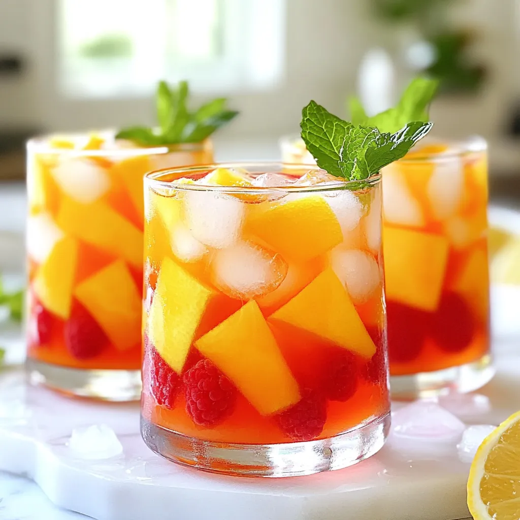 - Fresh raspberries - Ripe peaches - Freshly squeezed lemon juice - Granulated sugar - Cold water - Fresh mint leaves - Ice cubes - You can use frozen raspberries if fresh ones are not available. They will work well and still taste great. For peaches, canned peaches can be a quick option, but fresh is best. - For a healthier drink, try using honey or agave syrup instead of granulated sugar. They add a unique flavor and have a lower glycemic index. - You can infuse your lemonade with herbs like basil or rosemary for a twist. Just muddle them with the fruit before blending. - When selecting ripe peaches, look for ones that are slightly soft and have a sweet aroma. This means they are ready to eat. Avoid hard or overly soft peaches. - Choose plump, firm raspberries that are deep red. They should not be mushy or moldy. Fresh is best for the brightest flavor. - Always use fresh lemon juice. Bottled juice lacks the zing and brightness that fresh juice brings. Squeeze your lemons just before use for the best taste. {{ingredient_image_1}} - Blending the raspberry and peach mixture First, gather 1 cup of fresh raspberries and 2 ripe peaches. Pitting and dicing the peaches helps them blend better. Place both fruits in a blender. Blend until the mix is smooth. - Straining the puree Next, strain the blended mixture. Use a fine mesh sieve over a bowl. Press the mixture with a spatula. This step removes seeds and pulp, giving you a smooth puree. - Mixing ingredients in the pitcher In a large pitcher, combine the strained raspberry-peach puree. Add 1 cup of freshly squeezed lemon juice and 1 cup of granulated sugar. Stir well until the sugar completely dissolves. Then, pour in 4 cups of cold water. Mix again to combine all the flavors. - Recommended chilling time Refrigerate the mixture for at least 30 minutes. This chilling time allows all the flavors to meld nicely. - How to serve for optimal flavor Serve the lemonade over ice cubes in tall glasses. This keeps the drink cold and refreshing. - Garnishing tips To make it look nice, garnish with fresh mint leaves. They add a pop of color and a hint of freshness. - Pairing with food This drink pairs well with grilled chicken or fresh salads. Its light and fruity taste complements many dishes. - Creative glassware ideas Use mason jars or colorful tumblers for a fun touch. They make the drink feel special and vibrant. - Adding garnishes for a festive touch Consider adding lemon slices or whole raspberries as a garnish. This adds visual appeal and enhances the drink's flavor. - Adjusting sweetness: Taste your lemonade before serving. If it's too tart, add more sugar. Start with one tablespoon at a time. Stir well and taste again. You want a nice balance. - Balancing acidity: The lemon juice gives a bright flavor. If it feels too sharp, add a bit more peach. This helps soften the acidity and creates a smoother sip. - Over-blending the fruits: Blend the raspberries and peaches just until smooth. If you blend too long, the seeds break down. This can make your lemonade gritty. Aim for a silky texture. - Not chilling the lemonade: Don’t skip the chill time! Refrigerate for at least 30 minutes. This step helps the flavors mix. A cold drink is much more refreshing on a hot day. - Ideas for vibrant garnishes: Use fresh mint leaves. They add a pop of color and aroma. You can also slice extra peaches for a fun look. Place them on top of your drink. - Using colorful ice cubes: Freeze some lemonade in ice cube trays. Use these cubes in your drinks. They keep your lemonade cold without watering it down. Plus, they look great! Pro Tips Choose Ripe Fruits: Selecting peaches that are slightly soft to the touch and raspberries that are vibrant in color will enhance the flavor of your lemonade. Adjust Sweetness: Depending on the sweetness of your peaches and personal preference, feel free to adjust the amount of sugar added to the lemonade. Strain for Smoothness: Straining the puree helps create a smoother lemonade without any pulp or seeds, making it more enjoyable to drink. Garnish Creatively: Fresh mint leaves not only add a pop of color but also a refreshing aroma that complements the fruity flavors beautifully. {{image_2}} You can make raspberry peach lemonade even more exciting by mixing in other fruits. Try adding strawberries or blueberries for extra berry flavor. These berries blend well with the peaches and raspberries. You can also add tropical fruits like pineapple or mango. These fruits give your drink a sweet and tangy twist. The mix of flavors will take your lemonade to a new level. You can keep raspberry peach lemonade non-alcoholic for a refreshing drink. But if you want to spice it up, try a spiked version. Add vodka or rum for a fun adult drink. This twist makes it perfect for parties. If you prefer mocktails, mix soda water with the lemonade. This gives you bubbles and keeps it light and refreshing. You can enjoy raspberry peach lemonade in every season. In winter, try a warm version. Heat the lemonade on the stove and enjoy a cozy drink. Add spices like cinnamon or nutmeg for warmth. In summer, keep it chill with ice cubes and fresh mint. You can even freeze some of the lemonade into popsicles. These are perfect for hot days. To keep your raspberry peach lemonade fresh, store it in a clean pitcher. Make sure to cover it tightly. The best temperature is in the fridge. Homemade lemonade lasts about 3 to 5 days. After that, the flavor may fade. You can freeze leftover lemonade for later use. Pour it into ice cube trays. Once frozen, store the cubes in a freezer bag. This way, you can enjoy a cool drink anytime! To thaw, leave the cubes at room temperature for a few minutes. You can also blend them into smoothies for a delicious treat. Do not waste any leftover puree! You can use it in many ways. Mix it into yogurt for a fruity snack. You can also swirl it into oatmeal or spread it on toast. For smoothies, blend the puree with milk or yogurt. It adds great flavor and nutrition! Raspberry peach lemonade stays fresh for about 3 to 5 days in the fridge. To ensure it lasts longer, store it in a sealed container. This keeps out air and light, which can spoil the drink faster. Make sure to give it a good stir before serving, as some ingredients may settle. Yes, you can use frozen fruit. It adds a chill to your drink right away. However, frozen fruit may change the texture. It can make the lemonade a bit thicker. Fresh fruit gives a brighter flavor, but frozen is still tasty. Just be mindful of the sweetness, as frozen fruit can be sweeter. You can sweeten your lemonade with granulated sugar, honey, or agave syrup. Granulated sugar is the most common choice. It dissolves well in the lemonade. Honey adds a nice flavor but may not dissolve as easily. Start with less sweetener, then taste. Add more if you want it sweeter. Raspberry peach lemonade is a refreshing drink you can easily make at home. We covered key ingredients, tasty substitutes, and quality tips. I shared step-by-step instructions and ways to enhance flavor and presentation. You learned about variations and how to store your lemonade. Remember, the right balance of sweetness and acidity makes all the difference. Enjoy your delicious drink with friends or on a hot day! Create your own twists to surprise your taste buds.
