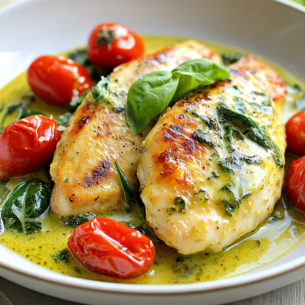 For this creamy pesto chicken skillet, you will need: - 2 boneless, skinless chicken breasts - 1 tablespoon olive oil - Salt and pepper to taste - 1 cup heavy cream - ½ cup prepared pesto sauce - 1 cup cherry tomatoes, halved - 1 cup fresh spinach - ½ cup grated Parmesan cheese - ½ teaspoon garlic powder - ½ teaspoon Italian seasoning - Fresh basil leaves for garnish This list gives you all you need for a flavorful meal. Each ingredient plays a key role in making the dish rich and tasty. You can use fresh or store-bought pesto. Fresh pesto has bright flavors from basil and garlic. It adds a nice depth to the dish. If time is short, store-bought pesto works well too. Just pick one that has good quality ingredients. Check labels for added preservatives. You can switch out some ingredients if needed. Here are a few ideas: - Use chicken thighs instead of breasts for extra juiciness. - Swap heavy cream for Greek yogurt for a lighter version. - If you don’t have cherry tomatoes, any ripe tomato will do, just chop it up. - For a dairy-free option, use coconut milk and nutritional yeast instead of cheese. Feel free to customize the recipe to your taste! Each change can make this dish your own. {{ingredient_image_1}} Start by seasoning the chicken breasts. Use salt, pepper, garlic powder, and Italian seasoning. Make sure to coat both sides well. This step adds great flavor. Heat a large skillet over medium heat. Add one tablespoon of olive oil. Once the oil is hot, place the seasoned chicken in the skillet. Cook for 5-7 minutes on each side. You want a nice golden brown color. When done, remove the chicken and set it aside. In the same skillet, pour in one cup of heavy cream. Add half a cup of prepared pesto sauce. Stir the mixture well. Let it simmer gently. After a minute, add one cup of halved cherry tomatoes. Cook them for about 2 minutes. They should soften up nicely. Now, stir in one cup of fresh spinach. Cook until the spinach wilts, which takes about 1-2 minutes. Finally, reduce the heat to low. Add half a cup of grated Parmesan cheese. Stir until it melts and blends into the sauce. Return the chicken breasts to the skillet. Spoon the creamy pesto sauce over them. Let everything cook together for another 2-3 minutes. This will heat the chicken through. Once done, remove from heat. Garnish with fresh basil leaves. Serve the creamy pesto chicken on a plate. Drizzle extra sauce on top for added flavor. Enjoy your savory dinner delight! To keep chicken tender, start with fresh meat. Use boneless, skinless chicken breasts for best results. Season the chicken with salt, pepper, garlic powder, and Italian seasoning. Let it rest for a few minutes after seasoning. This helps the flavors soak in. Cook the chicken in a hot skillet with olive oil. This creates a nice sear. Cook for 5-7 minutes on each side. Use a meat thermometer to check for doneness. The internal temperature should reach 165°F. Let the chicken rest for a couple of minutes before slicing. This keeps the juices inside. For a smooth, creamy sauce, use heavy cream. It blends nicely with the pesto. After adding the cream, stir until it simmers. This helps the flavors mix well. Add the grated Parmesan cheese slowly. Stir it in until it melts completely. If the sauce is too thick, you can add a splash of chicken broth. This keeps it creamy without making it too runny. Always taste the sauce before serving. Adjust the seasoning if needed. A beautiful plate makes a meal more inviting. Use fresh basil leaves for a pop of color. Sprinkle extra grated Parmesan on top for richness. For added brightness, toss in some halved cherry tomatoes. This not only looks great but adds flavor too. Serve the creamy pesto chicken on a white plate. This contrast makes the dish stand out. Pair it with garlic bread or pasta for a complete meal. Enjoy your creation and impress your family! Pro Tips Tip Title: Use Fresh Ingredients: For the best flavor, opt for fresh basil and spinach instead of dried. Fresh ingredients elevate the dish and provide a vibrant taste. Tip Title: Adjust the Creaminess: If you prefer a lighter sauce, substitute half of the heavy cream with chicken broth. This will still give you a delicious flavor without being overly rich. Tip Title: Perfectly Cooked Chicken: Use a meat thermometer to ensure your chicken reaches an internal temperature of 165°F (75°C) for safe and juicy results. Tip Title: Leftovers Storage: Store any leftovers in an airtight container in the fridge for up to 3 days. Reheat gently on the stove to maintain the creamy texture. {{image_2}} You can easily add more veggies to your creamy pesto chicken skillet. Veggies boost nutrition and flavor. Consider adding: - Zucchini, sliced thin - Bell peppers, chopped - Broccoli florets These vegetables cook fast and blend well with the creamy sauce. Just toss them into the skillet with the cherry tomatoes. This way, you get a colorful and healthy meal. If you want to switch up the protein, try these options. Each gives a new taste: - Shrimp: Cook for about 3-4 minutes until they turn pink. - Tofu: Use firm tofu, cubed and pan-fried until golden. - Turkey: Substitute turkey cutlets for a leaner option. Adjust the cooking time for each protein type. This keeps your meal exciting and tasty. You can make this dish gluten-free and dairy-free with a few swaps. For a gluten-free meal, use: - Gluten-free pasta or rice as a base. - Check the pesto ingredients for gluten. To make it dairy-free, use: - Coconut cream instead of heavy cream. - Nutritional yeast in place of Parmesan for a cheesy flavor. These options let everyone enjoy this dish, no matter their diet. After enjoying your creamy pesto chicken, let the leftovers cool. Place them in an airtight container. This helps keep the chicken fresh. Make sure to store it in the fridge. Your leftovers will last for about three days. If you want to enjoy it later, freezing is a great option. To reheat, use a skillet over low heat. Add a splash of water or cream to keep it moist. Stir gently to warm it through. You can also microwave it. Place the chicken on a safe dish and cover it. Heat in short bursts, checking often to avoid overcooking. This keeps the chicken juicy and tasty. If you plan to freeze the dish, do it soon after cooking. Let it cool completely first. Use freezer-safe containers or bags, removing as much air as possible. Label the bags with the date. Your creamy pesto chicken can stay frozen for up to three months. When ready to eat, thaw it in the fridge overnight before reheating. You can serve this dish with garlic bread or cooked pasta. Both pair well with the creamy sauce. A fresh salad with mixed greens also makes a nice side. The crunch of the salad balances the creaminess. If you want more veggies, try steamed broccoli or roasted zucchini. Yes, you can use dried pesto. However, the flavor will differ. Fresh pesto has bright, bold notes that dried pesto may lack. If you use dried, add a bit more to get good flavor. You can also mix it with oil or water to create a paste. The chicken is done when it reaches an internal temperature of 165°F. You can use a meat thermometer for an accurate reading. The chicken should be golden brown outside and no longer pink inside. If you cut it, the juices should run clear, not pink. This post covered how to make a creamy pesto chicken skillet. We discussed ingredients, cooking steps, and helpful tips. You can use fresh or store-bought pesto, and I shared great substitutions. You learned how to ensure tender chicken and creamy sauce. Plus, I offered ideas for adding nutrition and storing leftovers. Now, you have all you need to try this dish. I hope you enjoy cooking it as much as I do. Happy cooking!