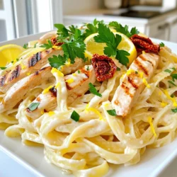 - 2 boneless, skinless chicken breasts - 8 oz fettuccine pasta - 1 cup heavy cream - 1 cup grated Parmesan cheese The chicken breasts serve as the star of this dish. They add protein and flavor. Fettuccine pasta gives a nice base with its flat shape. Heavy cream makes the sauce rich and smooth. Parmesan cheese adds a salty, nutty taste that is key to Alfredo. - 2 tablespoons olive oil - 2 cloves garlic, minced - ½ teaspoon Italian seasoning - Salt and pepper to taste Olive oil helps cook the chicken and adds flavor. Garlic brings a warm aroma that makes the dish inviting. Italian seasoning gives a mix of herbs that enhance every bite. Salt and pepper balance out the flavors, making them pop. - ½ cup sun-dried tomatoes, sliced - Zest of one lemon Sun-dried tomatoes add a sweet and tangy twist. They also provide color and texture. Lemon zest brightens the dish, offering a fresh taste that contrasts well with the cream. You can use these for extra flavor or skip them for a classic dish. How to Grill Chicken Breasts Perfectly To grill chicken breasts, start by preheating your grill to medium-high heat. This helps the chicken cook evenly. Brush both sides of the chicken breasts with 1 tablespoon of olive oil. This adds flavor and keeps the meat juicy. Season them with salt, pepper, and Italian seasoning. Place the chicken on the grill. Cook for 6 to 7 minutes on each side. Use a meat thermometer to check the internal temperature. It should reach 165°F. Once cooked, take the chicken off the grill and let it rest for a few minutes. This resting time helps the juices stay inside the chicken. Tips for Achieving Al Dente Fettuccine For the pasta, fill a large pot with water and add a good amount of salt. Bring it to a boil. Once boiling, add 8 oz of fettuccine pasta. Cook the pasta according to the package instructions. You want it to be al dente, meaning it should be firm to the bite. After cooking, drain the pasta but save ½ cup of the pasta water. This water can help adjust the sauce later. Set the pasta aside while you make the sauce. Step-by-Step Guide to Creamy Alfredo To make the Alfredo sauce, heat a large skillet over medium heat. Add the remaining tablespoon of olive oil. Sauté 2 cloves of minced garlic for about 1 minute until it smells good. Next, pour in 1 cup of heavy cream and let it simmer gently. Stir in 1 cup of grated Parmesan cheese. Keep stirring until the cheese melts and the sauce becomes smooth. For a unique twist, add the zest of one lemon. This will brighten the flavor. Now, add the cooked fettuccine to the skillet. Toss the pasta until it is well coated in the creamy sauce. If the sauce feels too thick, use the reserved pasta water to reach your desired consistency. Finally, slice the grilled chicken into strips. Serve the fettuccine Alfredo topped with the chicken. Optionally, sprinkle some sliced sun-dried tomatoes and chopped parsley for extra flavor and color. Enjoy your delicious meal! To grill chicken perfectly, start with good prep. Brush the chicken with olive oil. Season it well with salt, pepper, and Italian seasoning. This adds flavor. Grill the chicken on medium-high heat. Cook it for 6-7 minutes on each side. Use a meat thermometer to check for doneness. The safe internal temperature is 165°F. This ensures juicy and safe chicken. After grilling, let the chicken rest. This keeps it moist. To make a creamy Alfredo sauce, avoid a grainy texture. Start by heating olive oil in a skillet. Sauté minced garlic for about one minute. Then, add heavy cream and simmer gently. Stir in grated Parmesan cheese slowly. This helps it melt smoothly. If the sauce feels thick, add a bit of reserved pasta water. This keeps it creamy and easy to mix. For serving, plate the fettuccine Alfredo first. Lay the sliced grilled chicken on top. If you want extra flavor, add sun-dried tomatoes. They add a nice touch. Garnish with fresh parsley and lemon zest. This makes the dish bright and colorful. Serve with a side salad or garlic bread for a full meal. Enjoy your delicious creation! {{image_2}} You can change things up by using different types of pasta. Fettuccine is classic, but you can try penne or linguine. These shapes hold the sauce well too. If you want something gluten-free, consider using rice or chickpea pasta. It tastes great with the creamy sauce. Adding seasonal veggies boosts nutrition and flavor. Think about sautéing spinach, zucchini, or bell peppers. You can add them right before mixing in the pasta. This way, they stay fresh and vibrant. For a pop of color, add cherry tomatoes. They bring sweetness and a nice bite to your dish. If you love heat, spice it up! You can add red pepper flakes to the Alfredo sauce. Start with a small pinch, then taste it. If you want more heat, add more. Another idea is to mix in jalapeños or hot sauce. This adds a kick and makes your meal exciting. To keep your Grilled Chicken Alfredo Pasta fresh, store leftovers in an airtight container. Make sure to let it cool to room temperature before sealing. Place the container in the fridge. This helps keep the pasta and chicken tasty for up to three days. When you reheat your pasta, use low heat to keep it creamy. Add a splash of milk or reserved pasta water to help with the texture. Stir gently as it warms up. This method helps avoid a dry or clumpy sauce. You want it to taste just as good as when it was fresh! If you want to freeze your pasta, do it right away. Divide it into single servings and place in freezer-safe bags. Try to remove as much air as possible to prevent freezer burn. To thaw, place it in the fridge overnight. When ready to eat, reheat gently on the stove, adding a bit of cream if needed. To thicken your Alfredo sauce, you can use a few methods. First, cook the sauce longer over low heat. This helps it reduce and become thicker. Second, add more cheese, such as Parmesan. The cheese will melt and give your sauce a creamy texture. Lastly, you can mix in a little cornstarch with water. Stir it into the sauce for a quick thickening boost. Yes, you can use different cheeses in your Alfredo sauce. While Parmesan is classic, you can try Pecorino Romano for a sharper taste. For a creamier sauce, use mozzarella or cream cheese. If you want a nutty flavor, add some Gruyère. Each cheese will change the flavor a bit, so experiment to find your favorite mix! Grilled Chicken Alfredo Pasta lasts about 3 to 4 days in the fridge. Store it in an airtight container to keep it fresh. Make sure to cool it down before putting it in the fridge. If you want to keep it longer, consider freezing it. Just remember to defrost it in the fridge when you're ready to eat! Grilled Chicken Alfredo Pasta involves simple ingredients and clear steps. You start with chicken, fettuccine, and creamy sauce. Flavor with olive oil and garlic, and feel free to add optional items like sun-dried tomatoes. Follow easy steps to grill chicken, cook pasta, and make Alfredo sauce. I shared tips for perfecting your dish and creative variations. In the end, enjoy making this dish your own. With simple changes, you can make it new every time. Dive into this recipe and impress friends and family!