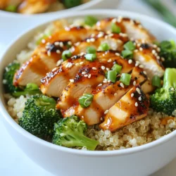 - 2 boneless, skinless chicken breasts - 2 cups broccoli florets - 1 tablespoon olive oil - 2 cloves garlic, minced - 1 tablespoon soy sauce - 1 tablespoon honey - 1 teaspoon sesame oil - Cooked quinoa or brown rice for serving - Sesame seeds for garnish - Green onions, sliced for garnish Using fresh ingredients is key. The chicken breasts are the star here. They are lean and soak up flavor well. Broccoli adds color and crunch. I love how it pairs with the garlic sauce. The garlic sauce is simple but packed with flavor. Soy sauce gives it a salty kick. Honey adds a touch of sweetness, balancing the flavors. Sesame oil adds a nutty depth. For serving, I recommend using cooked quinoa or brown rice. Both add a nice base. They also boost fiber and nutrients. Don’t forget the garnishes! Sesame seeds give a nice crunch. Green onions add freshness and color. These small touches make your bowl look great and taste even better. {{ingredient_image_1}} - Preheat your grill to medium-high heat. This helps the chicken cook evenly. - In a small bowl, combine 2 cloves of minced garlic, 1 tablespoon of soy sauce, 1 tablespoon of honey, and 1 teaspoon of sesame oil. Mix well to create a tasty garlic sauce. - Season 2 boneless, skinless chicken breasts with salt and pepper on both sides. This adds flavor. - Brush olive oil over the grill grates to prevent sticking. Grill the chicken for 6-7 minutes per side. Check the chicken reaches an internal temperature of 165°F (74°C). Once cooked, remove it and let it rest for 5 minutes before slicing. - While the chicken rests, steam 2 cups of broccoli florets until they are tender yet crisp, about 4-5 minutes. - Slice the grilled chicken into strips. - In each bowl, layer cooked quinoa or brown rice, steamed broccoli, and sliced chicken. Drizzle the garlic sauce over the top. - Finish with a sprinkle of sesame seeds and sliced green onions for garnish. Enjoy your delicious Grilled Chicken Broccoli Bowls! To grill chicken right, aim for an internal temperature of 165°F (74°C). This ensures the chicken is safe to eat. Use a meat thermometer for accuracy. To avoid dryness, do not overcook the chicken. Grill each side for about 6-7 minutes. Let the chicken rest after grilling. This keeps the juices inside, making it tender and juicy. To spice things up, consider adding paprika or chili powder to the chicken. These spices give it an extra kick. For the garlic sauce, mix in some chopped herbs like cilantro or parsley. You can also add a splash of lime juice for a zesty twist. This customization makes the dish more fun and personal to your taste. When serving, use colorful bowls to make the dish pop. Bright colors make food more appealing. Garnish with sesame seeds and sliced green onions for extra flair. This not only looks great but adds texture too. A wedge of lemon on the side brings freshness and a nice touch to your meal. Pro Tips Marinate for Flavor: For an even richer taste, marinate the chicken in the garlic sauce for at least 30 minutes before grilling. This allows the flavors to penetrate the meat. Perfectly Cooked Broccoli: To keep the broccoli vibrant and crunchy, steam it just until bright green. It should be tender but still have a bit of a bite to it. Use a Meat Thermometer: To ensure your chicken is cooked perfectly, use a meat thermometer to check that it has reached an internal temperature of 165°F (74°C). Garnish for Presentation: Don’t skip the garnishes! A sprinkle of sesame seeds and sliced green onions not only add visual appeal but also enhance the dish's flavor. {{image_2}} You can swap chicken for tofu or tempeh for a tasty vegetarian option. Tofu absorbs flavors well, making it perfect with the garlic sauce. Tempeh adds a nutty taste and a nice texture. If you crave seafood, shrimp is a great choice. Grill it quickly for just a few minutes. You can also use beef strips if you prefer red meat. Just remember to adjust cooking times based on the protein you choose. Broccoli works great, but you can try other veggies too. Asparagus and bell peppers add vibrant colors and flavors. You might use green beans or zucchini for a fresh twist. For more nutrients, load your bowl with spinach, kale, or carrots. Mix and match to keep things exciting. The more colors on your plate, the better it looks and tastes. The garlic sauce is a star, but you can switch it up too. Try adding lime juice for a zesty kick. A splash of sriracha gives it heat, or you can use peanut sauce for a nutty flavor. If you like creaminess, blend Greek yogurt with herbs for a dressing. Explore different marinades, like teriyaki or BBQ, to keep your bowls fun and flavorful. To keep your grilled chicken broccoli bowls fresh, put leftovers in an airtight container. Store them in the fridge. They taste best within three days. If you want to freeze them, separate the chicken, broccoli, and grains. This method helps keep flavors and textures. Use freezer bags for easy storage. They can last up to three months in the freezer. For reheating grilled chicken, use the microwave or an oven. If using a microwave, heat it for 1-2 minutes. Check every 30 seconds to avoid overcooking. To keep the chicken juicy, add a splash of water before heating. For broccoli, steam it for a few minutes. This method helps keep it crisp and bright. Avoid reheating in the microwave for too long, as it can turn mushy. In the fridge, grilled chicken lasts about 3-4 days. Broccoli remains good for 3-5 days. Cooked quinoa or brown rice lasts around 4-6 days. If you freeze chicken, it stays safe for 3 months. Broccoli can also freeze well for up to 10 months, but it may lose some texture. Yes, you can make this recipe in advance. Here are some tips for meal prep and storage: - Cook Chicken: Grill the chicken earlier in the day. Let it cool, slice it, and store it in an airtight container. - Prepare Broccoli: Steam the broccoli and store it the same way. It keeps well for a few days. - Make Garlic Sauce: You can mix the sauce ahead of time. Just keep it in the fridge until you need it. - Assemble Later: When you are ready to eat, heat the chicken and broccoli. Then, layer everything in bowls with the sauce. These bowls are great on their own, but you can enhance your meal with these side dishes: - Salad: A fresh green salad adds a nice crunch. - Fruit: Sliced fruit, like apples or oranges, brings sweetness. - Bread: Serve with crusty bread for a filling meal. - Nuts: Sprinkle some nuts for a crunchy texture. Yes, but you should choose the right ingredients. Soy sauce often contains gluten. Use gluten-free soy sauce or tamari instead. This swap keeps the dish safe for those with gluten sensitivities. Enjoy your meal without worry! This blog post covered a tasty recipe for Grilled Chicken Broccoli Bowls. We discussed the key ingredients, from chicken to garlic sauce. You learned step-by-step grilling and cooking tips. Flavor enhancing ideas and variations help customize your meal. Finally, we shared proper storage methods for leftovers. In short, this dish is quick, flexible, and healthy. Enjoy it your way, and share your creation!
