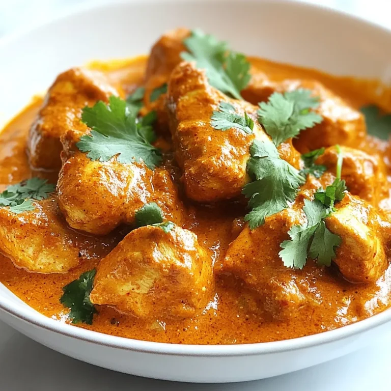 To make classic butter chicken, you need these main ingredients: - 500g boneless chicken thighs, cut into bite-sized pieces - 1 cup plain yogurt - 2 tablespoons lemon juice - 2 tablespoons ginger-garlic paste - 4 tablespoons unsalted butter - 1 large onion, finely chopped - 1 can (400g) crushed tomatoes - 1 cup heavy cream - Fresh cilantro, chopped (for garnish) The spices bring flavor and depth to the dish. Here’s what you will need: - 1 teaspoon ground cumin - 1 teaspoon ground coriander - 1 teaspoon turmeric powder - 1 teaspoon garam masala - 1 teaspoon red chili powder (adjust for spice preference) - Salt to taste These ingredients help enhance cooking and final taste: - Butter for sautéing and enriching the sauce - Fresh cilantro for a bright garnish Each ingredient plays a vital role in creating the rich, creamy sauce and tender chicken. Use fresh ingredients for the best flavor. Enjoy the process of making this classic dish! {{ingredient_image_1}} First, mix yogurt, lemon juice, and ginger-garlic paste in a bowl. Add ground cumin, coriander, turmeric, garam masala, red chili powder, and salt. Stir well to combine all the flavors. Next, add the chicken pieces to the bowl. Make sure each piece is fully coated. Cover the bowl and let it sit in the fridge. Marinate for at least one hour or overnight for the best taste. In a large pan, melt two tablespoons of butter over medium heat. Once the butter melts, add the finely chopped onion. Sauté the onion until it turns golden brown. This step adds a deep flavor to your dish. It usually takes about five minutes. Stir occasionally to avoid burning the onions. Now, add the marinated chicken to the pan. Cook it until the chicken is browned on all sides, about five to seven minutes. Then, pour in the crushed tomatoes and stir well. Let it simmer on low heat for ten minutes. This helps the flavors mix together. After that, reduce the heat to low. Add the heavy cream and the rest of the butter. Stir until the sauce is creamy and smooth. Cook for another five minutes, but do not let it boil. Finally, taste and adjust the salt if needed. Remove from heat and garnish with chopped cilantro before serving. To get the real taste of butter chicken, use fresh spices. Ground spices lose flavor over time. Always use plain yogurt for marinating. This keeps the chicken moist and tender. The marination time matters. Aim for at least one hour or overnight if you can. This allows the spices to soak in fully. Use a good mix of spices like cumin, coriander, and garam masala. Adjust the chili powder based on your spice level preference. Cooking chicken properly is key. Sauté it until it’s just browned, about 5-7 minutes. Don't overcook it. Overcooked chicken gets dry and tough. Once you add the tomatoes and cream, let it simmer gently. This keeps the chicken juicy and flavorful. Using thighs instead of breasts makes the dish richer. Thighs are more forgiving when cooked. Sometimes, butter chicken can turn out too thick or too thin. If it's too thick, add a splash of water or more cream. For a runnier sauce, simmer it longer without the lid. If the sauce is too spicy, add more cream or yogurt to balance it out. Taste as you go. Adjust the salt and spices to suit your taste. If your chicken is tough, it might not have marinated long enough. Always check your cooking time to avoid drying out the chicken. Pro Tips Marination Time: For best results, marinate the chicken overnight. This enhances the flavors and tenderness of the meat. Adjusting Spice Levels: Control the heat by adjusting the amount of red chili powder. Start with less and add more to taste. Butter Quality: Use high-quality unsalted butter for a rich flavor in your sauce. It can make a significant difference in the overall taste. Garnishing: Fresh cilantro adds a burst of flavor and color. Make sure to sprinkle it just before serving for maximum freshness. {{image_2}} You can make butter chicken with more than just chicken thighs. Try using chicken breast for a leaner option. You can also use turkey for a twist on the classic dish. If you want seafood, shrimp works well too! Just make sure to adjust cooking times for each protein. For a vegetarian version, use paneer or tofu. Marinate the paneer or tofu just like the chicken. You can also add chickpeas for extra protein. For a vegan option, skip the cream and use coconut milk instead. This gives a rich taste without dairy. You can easily adjust the spice level in butter chicken. For a mild dish, reduce the red chili powder. If you love heat, add more chili powder or fresh chili peppers. Another option is to serve spicy pickles on the side. This way, everyone can enjoy their own level of spice! To keep your butter chicken fresh, let it cool first. Then, place it in an airtight container. Store it in the fridge for up to three days. Make sure to label it with the date. This helps you know when to use it. When you're ready to eat, reheat the butter chicken gently. Use a saucepan over low heat. Stir it often to keep it from sticking. Add a splash of cream or water if it seems thick. This will help keep the sauce smooth and tasty. If you want to save some for later, freezing works great. Place cooled butter chicken in a freezer-safe container. It can last up to three months in the freezer. When you want to eat it, thaw it in the fridge overnight. Then, reheat as mentioned above. Enjoy your meal without any fuss! Butter chicken, or murgh makhani, comes from India. It began in Delhi in the 1950s. A restaurant called Moti Mahal created it. They mixed leftover chicken with a rich sauce of tomatoes and butter. This dish quickly became popular across India and beyond. Its creamy texture and warm spices make it a favorite. Yes, you can use bone-in chicken if you prefer. Bone-in chicken adds more flavor during cooking. However, it may take longer to cook through. Make sure to adjust the cooking time as needed. Remove the bones before serving for easy eating. To make butter chicken dairy-free, swap heavy cream with coconut milk. You can also use dairy-free yogurt for marinating the chicken. This will still give you a creamy texture and delicious taste. Adjust spices to your liking for a great flavor. This blog post covered all you need for making classic butter chicken. We explored main ingredients, spices, and cooking steps. I shared tips for authentic flavors and cooking techniques, plus ideas for variations. You learned how to store leftovers and reheat them without losing taste. Whether you’re a beginner or a pro, these insights will help you create a tasty dish. Enjoy making butter chicken your way and impress your friends and family. Happy cooking!