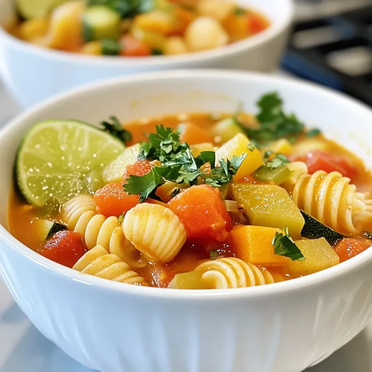 To make a great Sopa de Conchas, you need a few key items: - 1 cup concha pasta (shell pasta) - 1 tablespoon olive oil - 1 small onion, finely chopped - 2 cloves garlic, minced - 4 cups vegetable broth - 1 medium tomato, diced - 1 carrot, diced - 1 zucchini, diced - 1 teaspoon ground cumin - 1 teaspoon chili powder - 1/2 teaspoon paprika - Salt and pepper to taste - 1/4 cup fresh cilantro, chopped (for garnish) - Lime wedges (for serving) These ingredients create a warm and filling dish. The concha pasta adds a fun shape. The vegetables bring color and nutrients, while the spices give it a kick. You can add more flavor with these optional items: - Corn kernels - Bell peppers, diced - Spinach or kale - Avocado slices Including these extras makes your soup even more colorful and tasty. Each adds a unique twist. You can mix and match based on what you have at home. If you have allergies, use these substitutions: - Pasta: Use gluten-free pasta or rice - Broth: Use chicken broth for a non-vegetarian option - Oil: Swap olive oil for avocado oil or coconut oil These swaps keep your Sopa de Conchas safe and delicious. You can enjoy a hearty meal without worry. {{ingredient_image_1}} To make Sopa de Conchas, you need to prepare a few simple ingredients. Start by gathering your tools: a large pot, a cutting board, and a knife. Chop the onion, garlic, tomato, carrot, and zucchini. This step helps all the flavors blend well. Don't forget to measure the concha pasta. You want everything ready before you cook. 1. Heat the Olive Oil: In a large pot, heat one tablespoon of olive oil over medium heat. This oil adds flavor. 2. Sauté the Onion: Add the chopped onion. Cook for about 3-4 minutes until it turns soft and clear. 3. Add Garlic: Stir in two minced garlic cloves. Cook for one minute until you smell its great aroma. 4. Cook the Vegetables: Add the diced tomato, carrot, and zucchini. Sauté these for about 5 minutes. They should start to soften. 5. Pour in Broth: Add four cups of vegetable broth. Bring it to a simmer. This broth is the soup's base. 6. Add the Pasta and Spices: Put in one cup of concha pasta, one teaspoon of ground cumin, one teaspoon of chili powder, and half a teaspoon of paprika. Stir well to mix. 7. Cook the Soup: Let the soup cook for 8-10 minutes. Check if the pasta is al dente and the veggies are tender. 8. Final Touch: Taste the soup and add salt and pepper as needed. - Do Not Overcook: Keep an eye on the pasta. It should be firm but not hard. - Timing Matters: Add the pasta only when the broth is hot. This keeps it from getting mushy. - Taste as You Go: Always taste the soup before serving. Adjust the seasonings to your liking. This recipe makes a warm and tasty bowl of Sopa de Conchas. Enjoy the flavors and share with friends! To make your sopa de conchas taste even better, adjust your spices. I often start with the basics: ground cumin, chili powder, and paprika. These spices bring warmth and depth. If you like it spicy, add more chili powder. For a smoky taste, try smoked paprika. Always taste your soup before serving. Add salt and pepper to balance the flavors. You can also squeeze in some lime juice for a fresh kick. Serving your soup well can make it more inviting. Use bright bowls to add color to your table. I love garnishing with fresh cilantro. It adds a nice green touch and a burst of flavor. Place lime wedges on the side. This lets guests squeeze fresh lime juice over their soup. It’s a small detail that makes a big difference. You can also add a sprinkle of extra spices on top for flair. One common mistake is overcooking the pasta. Keep an eye on it. You want it to be al dente. If you cook it too long, the pasta can turn mushy. Another mistake is not tasting your soup. Always taste and adjust seasonings. Don’t skip the lime juice; it brightens the dish. Lastly, be careful with salt. You can always add more, but you can’t take it out. Pro Tips Timing is Key: Ensure the pasta is added at the right moment to avoid overcooking. Add it when the vegetables are tender but not mushy. Customize Your Vegetables: Feel free to swap in your favorite vegetables or whatever you have on hand, like bell peppers or spinach. Make it Creamy: For a creamier texture, stir in a splash of coconut milk or a dollop of sour cream just before serving. Garnish for Flavor: Fresh cilantro enhances the flavor significantly, but you can also try avocado or crumbled queso fresco for added richness. {{image_2}} You can easily make a vegetarian version of sopa de conchas. Just use vegetable broth, which gives a rich flavor. Add more vegetables like bell peppers or corn for extra taste. You can also toss in some leafy greens like spinach or kale. They cook quickly and boost nutrition. Want to make your soup heartier? Add protein! You can add cooked chicken or shrimp. Tofu is a great choice for a vegetarian option. Just cube it and stir it in during the last few minutes of cooking. This way, the protein warms through but stays tender. Do you like it spicy? Increase the chili powder or add diced jalapeños. A dash of hot sauce can also do the trick. If you prefer mild flavors, reduce the chili powder. You can add a dollop of sour cream to cool it down. Adjust the heat to fit your taste! To keep your Sopa de Conchas fresh, store it in an airtight container. Let it cool down first. Place it in the fridge if you plan to eat it within three days. This way, you maintain the flavors and textures of the soup. When it’s time to enjoy your leftovers, reheat the soup on the stove. Pour the soup into a pot over medium heat. Stir it often to heat evenly. You can also use a microwave. Heat it in a bowl for about two minutes, stirring halfway through. Ensure it is hot all the way through before serving. You can freeze Sopa de Conchas, but it’s best to freeze it without the pasta. Cooked pasta can become mushy when thawed. Store the soup base in a freezer-safe container. It can last up to three months in the freezer. When ready to eat, thaw it overnight in the fridge. Then, add fresh pasta while reheating. This keeps the pasta firm and tasty. Sopa de Conchas is a warm soup made with shell pasta. It has rich flavors from veggies and spices. The name means "shell soup" in Spanish. You can find it in many Mexican homes. This dish is comforting and easy to make. It warms you up on chilly days. The broth is tasty and full of goodness. You can add fresh herbs for a bright touch. Yes, you can use other pasta shapes! While concha pasta is traditional, any small pasta works. You might try macaroni or even ditalini. Just make sure the pasta cooks well in the soup. Adjust the cooking time if needed. The key is to keep the pasta al dente. This way, it won’t get mushy in the broth. To make Sopa de Conchas gluten-free, choose gluten-free pasta. Many brands offer shell-shaped gluten-free options. You can also check the broth for gluten. Use a vegetable broth that is labeled gluten-free. This way, you enjoy all the flavors without any gluten. Follow the same steps in the recipe for a tasty meal! Sopa de Conchas is a simple and tasty dish. We covered key ingredients, options for more flavor, and substitutions for allergens. You learned step-by-step how to prepare and cook it, plus tips for perfect pasta. We explored ways to enhance the dish and presented various options, like vegetarian or spicy versions. Lastly, I shared how to store and reheat leftovers effectively. Enjoy creating your own Sopa de Conchas, and try different twists to make it your own!