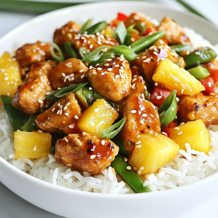 - 1 lb (450g) boneless chicken breast, diced - 1 cup pineapple chunks (fresh or canned) - 1 bell pepper (red or yellow), diced - 1 onion, sliced - 1 cup sugar snap peas - 3 tablespoons soy sauce - 4 tablespoons apple cider vinegar - 1 tablespoon ketchup - 1 tablespoon cornstarch - 1 tablespoon honey - 1 tablespoon sesame seeds (for garnish) - Cooked jasmine rice (for serving) Sweet and sour chicken bursts with flavor. The main ingredients make it hearty and fun. The chicken is the star, tender and juicy. Pineapple adds a sweet, tropical twist. Bell pepper gives a nice crunch and color. Onion adds depth, while sugar snap peas bring freshness. For the sauce, soy sauce adds saltiness. Apple cider vinegar gives tang. Ketchup adds sweetness and a hint of tomato. Cornstarch thickens the sauce perfectly. Honey enhances the sweet notes and balances the dish. To serve, sprinkle sesame seeds on top. Jasmine rice is a perfect base. It soaks up the sauce and makes each bite delightful. Enjoy this dish as a crowd-pleaser or a weeknight treat! {{ingredient_image_1}} First, gather your sauce ingredients. You need soy sauce, apple cider vinegar, ketchup, cornstarch, and honey. In a medium bowl, whisk these together. This creates your sweet and sour sauce. Make sure to add a pinch of salt and pepper for taste. Once mixed, set the sauce aside for later use. Next, heat two tablespoons of olive oil in a large skillet over medium-high heat. Add the diced chicken breast to the skillet. Cook the chicken for about 5 to 7 minutes. You want it to turn golden brown. Stir occasionally to make sure it cooks evenly. When the chicken is fully cooked, it’s ready for the next step. Now, it's time to add some color and crunch. Stir in the sliced onion and diced bell pepper. Sauté these vegetables with the chicken for about 3 to 4 minutes. They should become tender but not mushy. Next, add the pineapple chunks and sugar snap peas. Cook everything for another 2 minutes. This allows the flavors to meld together. Then, pour in your sweet and sour sauce. Stir well to coat the chicken and veggies. Cook for an additional 2 to 3 minutes. You want the sauce to thicken slightly. Once done, it’s ready to serve! To get the best sweet and sour taste, start with the sauce. You can adjust the sweetness by adding more honey or sugar. If it’s too sweet, add a bit more vinegar. This balances the flavors. Salt and pepper also help. A pinch of salt can make the dish pop. Taste as you go. Find that perfect mix you love. I recommend using a skillet or wok for this dish. Both heat up fast and cook the chicken evenly. Cook the chicken until it is golden brown. This takes about 5 to 7 minutes. When you add the veggies, time is key. Sauté them for about 3 to 4 minutes. You want them tender but still bright and crunchy. To make your meal shine, serve it with jasmine rice. The rice soaks up the sauce well. You can also add steamed broccoli or carrots for color and crunch. For garnish, sprinkle sesame seeds on top. You can also use chopped green onions for a fresh touch. Enjoy your tasty creation! Pro Tips Marinate the Chicken: For even more flavor, marinate the diced chicken in the sweet and sour sauce for at least 30 minutes before cooking. Use Fresh Ingredients: Whenever possible, opt for fresh pineapple and crisp vegetables to enhance the dish's overall taste and texture. Adjust the Sweetness: If you prefer a sweeter sauce, add an extra tablespoon of honey or sugar. Taste as you go to achieve your desired flavor. Serve with a Twist: Consider adding chopped green onions or cilantro as a garnish for added freshness and color to your dish. {{image_2}} You can switch up the protein in sweet and sour chicken. - Sweet and sour pork: Use diced pork instead of chicken. It adds a rich taste. - Sweet and sour tofu: For a plant-based option, try firm tofu. It absorbs flavors well. Changing ingredients can create new flavors. - Using different vegetables: Swap in broccoli, carrots, or snap peas. Each adds unique crunch and color. - Substituting with fruit options: Try mango or peaches instead of pineapple. These fruits will bring a fresh twist. Sweet and sour chicken has many local takes. - Local variations: In some places, they use different sauces or add spices. This changes the dish’s flavor profile. - Popular restaurant adaptations: Many restaurants have their own versions. Some may use orange or chili for extra zing. To keep your sweet and sour chicken fresh, store it right. Use an airtight container. This helps keep flavors locked in. Before placing it in the fridge, let it cool down. Store it within two hours of cooking for best results. If you have extra, you can freeze it. Place the chicken in a freezer-safe container. It stays good for up to three months. When you want to eat it again, thaw it in the fridge overnight. Reheat it on the stove over low heat. This keeps the chicken juicy and tasty. In the fridge, sweet and sour chicken lasts about three to four days. In the freezer, it can stay fresh for three months. Always check for signs of spoilage. If you see any off smells or changes in color, it’s best to toss it out. Sweet and sour chicken is a popular dish that combines chicken with a tangy sauce. It has roots in Chinese cuisine but is loved worldwide. The dish features a balance of sweet and sour flavors. The sauce often uses ingredients like soy sauce and vinegar. You can find variations with fruits like pineapple adding sweetness. Yes, you can make sweet and sour chicken gluten-free! Use tamari instead of soy sauce. You can also replace cornstarch with arrowroot powder. Just check your ketchup for gluten-free options. This way, you can enjoy the dish without worries. Making sweet and sour chicken takes about 30 minutes. You spend around 15 minutes prepping the ingredients. The cooking time is about 15 minutes as well. This quick recipe is perfect for busy weeknights. Serve sweet and sour chicken with cooked jasmine rice. Rice soaks up the sauce well and adds flavor. You might also try stir-fried vegetables or a fresh salad for a crunchy side. For a fun twist, add spring rolls or dumplings to the meal! Sweet and sour chicken is an easy dish to make. You learned the key ingredients, from chicken to tasty sauce. I shared tips for cooking and different variations to try. With careful prep and the right flavors, you can create a meal everyone enjoys. Remember to store leftovers properly for later. Cooking this dish can be fun and rewarding. Dive into your kitchen and try it out! Your meal is sure to impress.