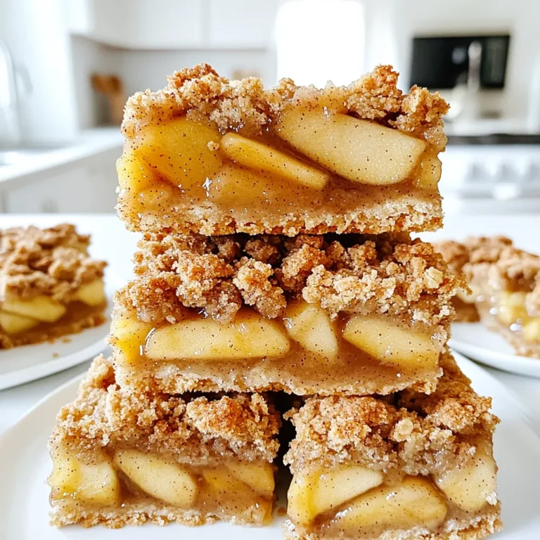 To make Brown Butter Apple Crumble Bars, you need the following items: - 1 cup unsalted butter (2 sticks), browned - 1 cup brown sugar, packed - 1/2 cup granulated sugar - 2 cups all-purpose flour - 1 cup rolled oats - 1 teaspoon baking powder - 1/2 teaspoon salt - 1 teaspoon ground cinnamon - 1 large egg - 2 cups apples, peeled and diced (about 2 medium apples) - 1 tablespoon lemon juice - 1/4 cup chopped walnuts or pecans (optional) Each ingredient plays a key role. The brown butter gives a rich, nutty flavor. The sugars add sweetness and moisture. Flour and oats create the perfect base, while apples bring fresh taste. You can enhance the bars with optional ingredients: - 1/4 cup chopped walnuts or pecans - A pinch of nutmeg for warmth - A splash of vanilla extract for depth These extras add crunch and depth. You can mix and match to create your ideal flavor. Sometimes, you may not have all the ingredients. Here are some handy swaps: - Substitute coconut oil for butter for a dairy-free version. - Use maple syrup instead of brown sugar for a different sweetness. - Swap all-purpose flour for almond flour for a gluten-free option. These substitutions keep the essence of the recipe while fitting your needs. Always experiment to find what you like best. First, preheat your oven to 350°F (175°C). This helps the bars bake evenly. Next, grab a 9x9-inch baking dish. Line it with parchment paper. Leave some paper hanging over the edges. This makes it easy to lift the bars out later. Now, let’s prepare the apples. Peel and dice about two medium apples. Toss them with a tablespoon of lemon juice. The lemon juice keeps the apples fresh and bright. Set these aside for later. Take a medium saucepan and add your cup of unsalted butter. Place it over medium heat. Stir it often to prevent burning. Watch the butter carefully as it melts. After about 5-8 minutes, it should turn golden brown. It will smell nutty when it’s ready. This brown butter adds a rich flavor to your bars. Once done, remove it from heat and let it cool slightly. In a large mixing bowl, combine one cup of brown sugar and half a cup of granulated sugar. Pour in the cooled brown butter and mix well. Beat in one large egg until it’s smooth. In another bowl, whisk together two cups of all-purpose flour, one cup of rolled oats, one teaspoon of baking powder, half a teaspoon of salt, and one teaspoon of ground cinnamon. Gradually add this dry mix to the butter-sugar mixture. Stir until just combined. Now, reserve one cup of this crumble mix for the topping. Press the remaining mixture into the bottom of your prepared baking dish. Make sure it’s an even layer. Next, sprinkle the diced apples over the crust. If you like, add a quarter cup of chopped walnuts or pecans for crunch. Finally, take the reserved crumble and sprinkle it over the apples. This creates a nice, crunchy topping. Bake the bars in your preheated oven for 30-35 minutes. The top should turn golden brown, and the apples will be soft. After baking, let them cool in the pan for about 15 minutes. Use the parchment paper to lift them out. Allow them to cool completely on a wire rack before cutting into squares. To make brown butter, heat unsalted butter in a pan. Watch closely while it melts. Stir often to prevent burning. The butter should turn golden brown. You will smell a nutty aroma. This smell means your butter is ready! Cool it slightly before using. This step adds rich flavor to your bars. Let the bars cool for 15 minutes in the pan. Use the parchment paper to lift them out. Place them on a wire rack to cool completely. For cutting, use a sharp knife. Wipe the knife between cuts for cleaner edges. Store the bars in an airtight container. They stay fresh at room temperature for up to five days. Spices can elevate your apple crumble bars. Ground cinnamon is a must for warmth. You can also try a pinch of nutmeg for depth. If you like a little heat, add a dash of ginger. These spices make each bite exciting and full of flavor. Experiment with your favorite spices to find what you love! {{image_2}} You can switch up the apples for other fruits. Pears add a sweet twist. Berries, like blueberries or raspberries, work too. Cherries offer a tart flavor that pairs well. Just keep the same amount of fruit. This keeps the texture right. If you want to skip the nuts, you can easily do that. Just leave out the walnuts or pecans. The bars will still taste great. You might add extra oats to keep the crunch. This makes the bars safe for those with nut allergies. To make the bars gluten-free, swap out all-purpose flour. Use a gluten-free flour blend instead. Make sure it has a good mix of starches. Also, check labels on oats for gluten-free options. This way, everyone can enjoy these tasty bars. To keep your bars fresh, store them in an airtight container. This helps maintain their moisture and flavor. Place parchment paper between layers to prevent sticking. Keep them at room temperature for up to three days. If you want a longer shelf life, refrigerate them. They can last about a week in the fridge. Freezing is a great option for longer storage. Allow the bars to cool completely first. Then, cut them into squares and wrap each piece tightly in plastic wrap. Place the wrapped bars in a freezer-safe bag or container. They can last up to three months in the freezer. When you're ready to enjoy, simply thaw them in the fridge overnight. To enjoy the bars warm, reheating is simple. Preheat your oven to 350°F (175°C). Place the bars on a baking sheet and cover them with foil. Heat for about 10-15 minutes. This helps revive the buttery flavor and soft texture. For a quick option, microwave a single bar for 15-20 seconds. Serve warm, and enjoy that gooey apple goodness! You can adjust the sweetness by changing the sugar amounts. To make the bars less sweet, reduce both brown sugar and granulated sugar by 1/4 cup. This change keeps the flavor balanced. If you want them sweeter, add an extra 1/4 cup of brown sugar. Taste as you go to find the right level for you. Yes, you can use a different type of butter. While unsalted butter is best for this recipe, you can try salted butter. Just reduce the added salt to 1/4 teaspoon. You could also use plant-based butter for a dairy-free option. The key is to achieve that rich, nutty flavor, so brown it well. These bars pair wonderfully with many treats. Here are some ideas: - Vanilla ice cream - Whipped cream - Caramel sauce - A dusting of powdered sugar - Fresh apple slices Each of these options adds a nice touch to enhance your dessert experience. In this article, you learned about making brown butter apple crumble bars. We covered the key ingredients and explored options to add flavor. I shared step-by-step tips for perfecting each bar, from prepping to storing. You also discovered variations for different diets, along with smart storage techniques. With this knowledge, you can create delicious bars that impress. Enjoy experimenting and sharing these tasty treats with others!