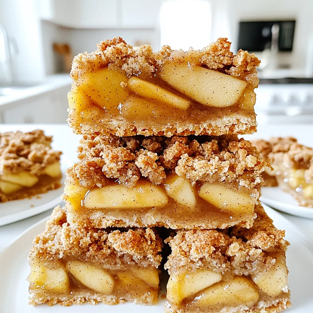To make Brown Butter Apple Crumble Bars, you need the following items: - 1 cup unsalted butter (2 sticks), browned - 1 cup brown sugar, packed - 1/2 cup granulated sugar - 2 cups all-purpose flour - 1 cup rolled oats - 1 teaspoon baking powder - 1/2 teaspoon salt - 1 teaspoon ground cinnamon - 1 large egg - 2 cups apples, peeled and diced (about 2 medium apples) - 1 tablespoon lemon juice - 1/4 cup chopped walnuts or pecans (optional) Each ingredient plays a key role. The brown butter gives a rich, nutty flavor. The sugars add sweetness and moisture. Flour and oats create the perfect base, while apples bring fresh taste. You can enhance the bars with optional ingredients: - 1/4 cup chopped walnuts or pecans - A pinch of nutmeg for warmth - A splash of vanilla extract for depth These extras add crunch and depth. You can mix and match to create your ideal flavor. Sometimes, you may not have all the ingredients. Here are some handy swaps: - Substitute coconut oil for butter for a dairy-free version. - Use maple syrup instead of brown sugar for a different sweetness. - Swap all-purpose flour for almond flour for a gluten-free option. These substitutions keep the essence of the recipe while fitting your needs. Always experiment to find what you like best. First, preheat your oven to 350°F (175°C). This helps the bars bake evenly. Next, grab a 9x9-inch baking dish. Line it with parchment paper. Leave some paper hanging over the edges. This makes it easy to lift the bars out later. Now, let’s prepare the apples. Peel and dice about two medium apples. Toss them with a tablespoon of lemon juice. The lemon juice keeps the apples fresh and bright. Set these aside for later. Take a medium saucepan and add your cup of unsalted butter. Place it over medium heat. Stir it often to prevent burning. Watch the butter carefully as it melts. After about 5-8 minutes, it should turn golden brown. It will smell nutty when it’s ready. This brown butter adds a rich flavor to your bars. Once done, remove it from heat and let it cool slightly. In a large mixing bowl, combine one cup of brown sugar and half a cup of granulated sugar. Pour in the cooled brown butter and mix well. Beat in one large egg until it’s smooth. In another bowl, whisk together two cups of all-purpose flour, one cup of rolled oats, one teaspoon of baking powder, half a teaspoon of salt, and one teaspoon of ground cinnamon. Gradually add this dry mix to the butter-sugar mixture. Stir until just combined. Now, reserve one cup of this crumble mix for the topping. Press the remaining mixture into the bottom of your prepared baking dish. Make sure it’s an even layer. Next, sprinkle the diced apples over the crust. If you like, add a quarter cup of chopped walnuts or pecans for crunch. Finally, take the reserved crumble and sprinkle it over the apples. This creates a nice, crunchy topping. Bake the bars in your preheated oven for 30-35 minutes. The top should turn golden brown, and the apples will be soft. After baking, let them cool in the pan for about 15 minutes. Use the parchment paper to lift them out. Allow them to cool completely on a wire rack before cutting into squares. To make brown butter, heat unsalted butter in a pan. Watch closely while it melts. Stir often to prevent burning. The butter should turn golden brown. You will smell a nutty aroma. This smell means your butter is ready! Cool it slightly before using. This step adds rich flavor to your bars. Let the bars cool for 15 minutes in the pan. Use the parchment paper to lift them out. Place them on a wire rack to cool completely. For cutting, use a sharp knife. Wipe the knife between cuts for cleaner edges. Store the bars in an airtight container. They stay fresh at room temperature for up to five days. Spices can elevate your apple crumble bars. Ground cinnamon is a must for warmth. You can also try a pinch of nutmeg for depth. If you like a little heat, add a dash of ginger. These spices make each bite exciting and full of flavor. Experiment with your favorite spices to find what you love! {{image_2}} You can switch up the apples for other fruits. Pears add a sweet twist. Berries, like blueberries or raspberries, work too. Cherries offer a tart flavor that pairs well. Just keep the same amount of fruit. This keeps the texture right. If you want to skip the nuts, you can easily do that. Just leave out the walnuts or pecans. The bars will still taste great. You might add extra oats to keep the crunch. This makes the bars safe for those with nut allergies. To make the bars gluten-free, swap out all-purpose flour. Use a gluten-free flour blend instead. Make sure it has a good mix of starches. Also, check labels on oats for gluten-free options. This way, everyone can enjoy these tasty bars. To keep your bars fresh, store them in an airtight container. This helps maintain their moisture and flavor. Place parchment paper between layers to prevent sticking. Keep them at room temperature for up to three days. If you want a longer shelf life, refrigerate them. They can last about a week in the fridge. Freezing is a great option for longer storage. Allow the bars to cool completely first. Then, cut them into squares and wrap each piece tightly in plastic wrap. Place the wrapped bars in a freezer-safe bag or container. They can last up to three months in the freezer. When you're ready to enjoy, simply thaw them in the fridge overnight. To enjoy the bars warm, reheating is simple. Preheat your oven to 350°F (175°C). Place the bars on a baking sheet and cover them with foil. Heat for about 10-15 minutes. This helps revive the buttery flavor and soft texture. For a quick option, microwave a single bar for 15-20 seconds. Serve warm, and enjoy that gooey apple goodness! You can adjust the sweetness by changing the sugar amounts. To make the bars less sweet, reduce both brown sugar and granulated sugar by 1/4 cup. This change keeps the flavor balanced. If you want them sweeter, add an extra 1/4 cup of brown sugar. Taste as you go to find the right level for you. Yes, you can use a different type of butter. While unsalted butter is best for this recipe, you can try salted butter. Just reduce the added salt to 1/4 teaspoon. You could also use plant-based butter for a dairy-free option. The key is to achieve that rich, nutty flavor, so brown it well. These bars pair wonderfully with many treats. Here are some ideas: - Vanilla ice cream - Whipped cream - Caramel sauce - A dusting of powdered sugar - Fresh apple slices Each of these options adds a nice touch to enhance your dessert experience. In this article, you learned about making brown butter apple crumble bars. We covered the key ingredients and explored options to add flavor. I shared step-by-step tips for perfecting each bar, from prepping to storing. You also discovered variations for different diets, along with smart storage techniques. With this knowledge, you can create delicious bars that impress. Enjoy experimenting and sharing these tasty treats with others!