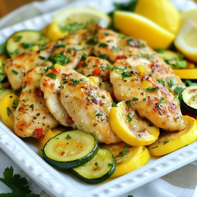 - 2 boneless, skinless chicken breasts - 1 medium zucchini, sliced into half-moons - 1 medium yellow squash, sliced into half-moons - 1 red bell pepper, diced - 3 cloves garlic, minced - 1 teaspoon dried oregano - 1 teaspoon paprika - 2 tablespoons olive oil - Salt and pepper to taste - 1 tablespoon fresh lemon juice - Fresh parsley, chopped (for garnish) When measuring, use measuring cups for liquids and dry ingredients. Use a kitchen scale for more precision with chicken. This helps ensure your dish turns out just right. Always double-check your measurements for spices. A little too much or too little can change the flavor. Fresh ingredients give the best taste and texture. I prefer using fresh zucchini and squash when possible. They add a crisp bite to the dish. However, frozen veggies can work in a pinch. Just make sure to thaw and drain them before cooking. This avoids excess water in your meal. Always check for quality, whether fresh or frozen. Good ingredients lead to great meals. {{ingredient_image_1}} First, take the chicken breasts out of the package. Pat them dry with a paper towel. This helps the seasoning stick. Next, season both sides of the chicken. Use salt, pepper, paprika, and half of the oregano. Make sure to rub the spices in well. This step adds great flavor. Heat a large skillet over medium heat. Add 1 tablespoon of olive oil. Once the oil is hot, place the chicken breasts in the pan. Cook them for about 6-7 minutes on each side. Look for a golden-brown color. This means they are cooking well. When done, remove the chicken from the skillet. Let it rest on a plate for a few minutes. In the same skillet, check if you need more oil. If so, add another tablespoon of olive oil. Now, add the minced garlic to the pan. Sauté it for about 30 seconds until you smell its aroma. Next, add the sliced zucchini, yellow squash, and diced red bell pepper. Season the veggies with salt, pepper, and the rest of the oregano. Cook these for about 5-7 minutes. You want them tender but still a bit crisp. While the veggies cook, slice the rested chicken into thin strips. After the vegetables are ready, return the sliced chicken to the skillet. Drizzle fresh lemon juice over everything. Gently stir to combine all the ingredients. Heat this mixture for another 2 minutes until warm. Adjust the seasoning if needed, and then remove it from heat. To cook juicy chicken, start by patting the chicken breasts dry. This helps the seasonings stick well. Season both sides with salt, pepper, and paprika. Use medium heat in your skillet. Sear each side for about 6-7 minutes until golden. This browning gives great flavor. Always let the chicken rest for a few minutes after cooking. This allows the juices to settle, keeping your chicken moist. Cutting vegetables correctly is key for even cooking. For zucchini and squash, slice them into half-moons. This shape helps them cook uniformly. Use a sharp knife for clean cuts. For the red bell pepper, dice it into small pieces. This way, it will cook faster and blend well with the other veggies. Always keep your fingers tucked in while cutting to avoid accidents. Seasonings can elevate your dish to new heights. Use dried oregano and paprika for a savory kick. Fresh lemon juice adds a bright flavor that balances the meal. Don’t forget to taste as you go. Adjust salt and pepper based on your preference. You can also sprinkle fresh parsley on top for a pop of color and freshness. This simple touch can make your dish look and taste gourmet. Pro Tips Proper Chicken Preparation: Always pat the chicken dry before seasoning. This helps achieve a better sear and enhances the flavor. Vegetable Cooking Time: Keep an eye on the vegetables while sautéing. You want them tender but still crisp for the best texture. Resting the Chicken: Let the chicken rest after cooking. This allows the juices to redistribute, making the meat more tender and juicy. Flavor Enhancements: Adding a splash of balsamic vinegar or a sprinkle of feta cheese just before serving can elevate the dish's flavor profile. {{image_2}} You can swap out vegetables easily. Try using bell peppers, asparagus, or green beans. Carrots add a nice crunch. Broccoli or cauliflower can bring a fresh twist. Each option changes the taste and keeps it fun. Experimenting with colors also makes the dish look great. If you want extra protein, shrimp or tofu works well. Shrimp cooks fast and adds a sweet taste. Just sauté it for a few minutes until pink. Tofu soaks up flavors and is a great choice for vegans. Cut it into cubes and add it with veggies. This meal is easy to modify for diets. It is naturally gluten-free, so you can enjoy it without worry. For low-carb diets, skip the starchy veggies. Instead, add leafy greens like spinach or kale. This keeps your meal light but still tasty. To store your chicken breast with zucchini and squash, let it cool first. Place any leftovers in an airtight container. Make sure to cover it well. You can keep it in the fridge for up to three days. This helps keep the flavors fresh. When you are ready to eat, reheating is simple. You can use a microwave or a skillet. If using a microwave, heat in short bursts. Stir after each burst to avoid hot spots. If using a skillet, add a splash of water to keep it moist. Heat on medium until warm, about five minutes. Freezing this dish is a great option for meal prep. First, let the chicken and veggies cool. Then, place them in a freezer-safe bag. Try to remove as much air as possible. Label the bag with the date. You can freeze it for up to three months. When ready to eat, thaw it overnight in the fridge. Reheat as described for best results. To boost flavor, use fresh herbs like thyme or basil. Add a splash of soy sauce for umami. You can also experiment with spices such as cumin or chili powder. For a zesty kick, drizzle more lemon juice before serving. Each of these tips can enhance the dish. Yes, you can cook this recipe ahead of time. Prepare the chicken and veggies and store them in the fridge. This meal stays fresh for up to three days. Just reheat in a skillet or microwave before serving. This makes it easy for busy days. This dish pairs well with rice or quinoa. A side salad adds freshness and crunch. You can also serve it with garlic bread for a hearty touch. These sides complement the flavors and textures nicely. Absolutely! This dish is perfect for meal prep. It keeps well in airtight containers. You can portion it out for lunches or quick dinners. Just make sure to cool the food before storing. This way, you enjoy a healthy meal any day of the week. This blog post teaches you to make a tasty Chicken Breast with Zucchini and Squash. We discussed the best ingredients, how to prepare and cook them, and shared tips for juicy chicken. You also learned how to store leftovers and explore different variations for your meals. Remember, cooking is fun and allows for creativity. Use fresh ingredients and spice things up! With practice, you can impress friends with your skills. Enjoy the journey of cooking and keep experimenting for great meals!