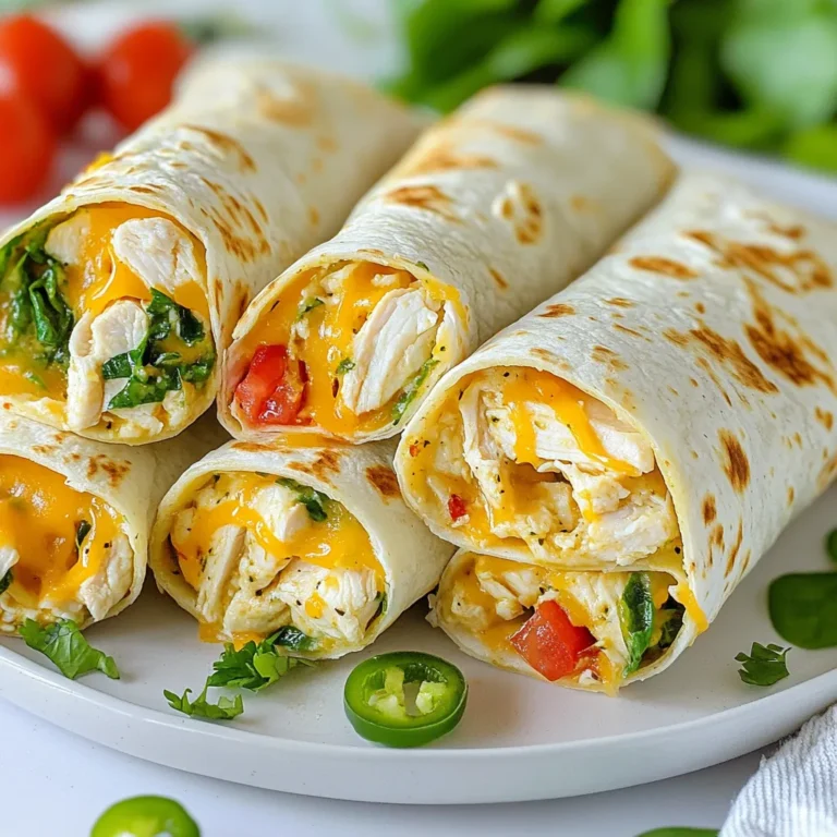 - 2 boneless, skinless chicken breasts - 1 tablespoon olive oil - 4 cloves garlic, minced - 1 teaspoon paprika - 1 teaspoon Italian seasoning - Salt and pepper to taste - 1 cup shredded mozzarella cheese - ½ cup cream cheese, softened - 4 large flour tortillas - 1 cup fresh spinach leaves The main ingredients create a burst of flavor. The chicken breasts are the star, tender and juicy. Olive oil helps cook the garlic perfectly. Garlic adds a strong and tasty kick. Spices like paprika and Italian seasoning give depth. The cheese blend melts beautifully and binds everything. Spinach adds color and freshness. - Diced tomatoes - Sliced jalapeños - Extra toppings Optional ingredients let you customize your wraps. Diced tomatoes add brightness. Sliced jalapeños bring heat and crunch. Extra toppings can be anything you enjoy. Feel free to get creative! - Skillet - Mixing bowl - Baking sheet - Parchment paper Having the right tools makes cooking easier. A skillet is key for sautéing. A mixing bowl helps combine the filling. The baking sheet ensures even cooking. Parchment paper simplifies cleanup. With these, you’re set to make delicious wraps! {{ingredient_image_1}} 1. First, preheat your oven to 375°F (190°C). This step is key for the wraps to bake evenly. 2. Next, heat one tablespoon of olive oil in a skillet over medium heat. Add four minced garlic cloves and sauté for about one minute. You want the garlic fragrant but not burnt. 3. Season two boneless, skinless chicken breasts with one teaspoon of paprika, one teaspoon of Italian seasoning, and salt and pepper to taste. Place them in the skillet and cook for 6-7 minutes on each side. The chicken should be fully cooked and golden brown when done. 1. After cooking, remove the chicken from the skillet. Let it cool for a few minutes, then shred it using two forks. 2. In a large mixing bowl, combine the shredded chicken with one cup of shredded mozzarella cheese and half a cup of softened cream cheese. Mix well until all the chicken is coated with cheese. 1. Lay out four large flour tortillas on a clean surface. Spread a generous amount of the chicken and cheese mixture in the center of each tortilla. 2. Top the filling with fresh spinach leaves. If you like, add optional toppings like diced tomatoes or sliced jalapeños for extra flavor. 3. Fold in the sides of the tortilla and roll it tightly from the bottom up. This will keep all the tasty filling inside. 4. Place the wraps seam-side down on a baking sheet lined with parchment paper. 5. Bake the wraps in the preheated oven for 15-20 minutes. They should turn crisp and golden, and the cheese will melt beautifully. 6. Remove from the oven and let them cool slightly. Then, slice each wrap in half to serve. Enjoy your cheesy garlic chicken wraps! You can mix things up with different cheeses. Try cheddar or pepper jack cheese for a spicy kick. Add some spices like cayenne or cumin for more heat. Fresh herbs, like cilantro or parsley, can add a bright taste. Don't forget about greens! Swap spinach for arugula or kale for a new twist. You have two great ways to cook your wraps. The skillet method gives a nice crisp and golden color. Heat your skillet and cook the wraps seam-side down until they are golden. The oven method is perfect if you want to cook a lot at once. Bake them until the cheese is melty and the tortillas are crisp. Choose what fits your needs best! These wraps pair well with lots of sides. Serve with a fresh salad or some crunchy veggies. Dips can take them to the next level. Sour cream or guacamole works great. You could also make a zesty salsa to add flavor. Get creative and mix different options for a fun meal! Pro Tips Rest the Chicken: Allow the chicken to rest for a few minutes after cooking. This helps retain moisture and makes shredding easier. Customize Your Fillings: Feel free to add other vegetables like bell peppers or onions to the filling for extra flavor and nutrition. Watch the Baking Time: Keep an eye on the wraps while baking to prevent them from getting too crisp or burnt. Every oven is different! Serve with Dipping Sauce: Pair these wraps with a delicious dipping sauce, like ranch or marinara, for an extra burst of flavor. {{image_2}} You can easily make these wraps vegetarian. Substitute the chicken with plant-based options. Try using shredded jackfruit or chickpeas. Both options add great texture and flavor. You can also add more veggies like bell peppers or zucchini for extra crunch. If you want a low-carb meal, use lettuce wraps. Butter lettuce or romaine works well. Just place the filling inside the leaves and roll them up. This change keeps the wrap light and fresh. Plus, it’s perfect for anyone watching their carbs. For those with special diets, choose gluten-free tortillas. Many brands offer tasty options. You can also find dairy-free cheese if you avoid dairy. This way, you can enjoy the same cheesy goodness without the dairy. Just check the labels to ensure they fit your needs. To keep your Cheesy Garlic Chicken Wraps fresh, store them in the fridge. Place the wraps in an airtight container. They will stay good for up to three days. If you want to keep them longer, freezing is a great option. To freeze your wraps, let them cool completely. Wrap each one in plastic wrap. Then, place them in a freezer-safe bag or container. They can last for up to three months in the freezer. When you’re ready to eat, take them out and thaw in the fridge overnight. To reheat your wraps and keep them crispy, use an oven or air fryer. Preheat your oven to 350°F (175°C). Place the wraps on a baking sheet and heat for about 10-15 minutes. If using an air fryer, set it to 350°F and cook for about 5-7 minutes. Enjoy your crispy wraps! You can store Cheesy Garlic Chicken Wraps in the fridge for up to three days. Make sure to place them in an airtight container. This keeps the wraps fresh and tasty. If you want to keep them longer, freezing is a good option. They can last up to two months in the freezer. Just wrap them tightly in plastic wrap before putting them in a freezer bag. Yes, you can make these wraps ahead of time. Prepare the filling and assemble the wraps. Then, store them in the fridge for a few hours or overnight. This way, you save time on busy days. Just bake them when you’re ready to eat. You can also freeze them after assembly. Thaw them in the fridge overnight before baking. If you need a cream cheese substitute, consider using Greek yogurt. It adds creaminess without the extra fat. You can also use sour cream or cottage cheese for a different flavor. For a dairy-free option, try cashew cream or dairy-free cream cheese. All these options work well in the recipe. You now have a clear guide to making Cheesy Garlic Chicken Wraps. We covered the main and optional ingredients, equipment needed, and step-by-step instructions. I shared tips for flavor, cooking techniques, and serving ideas. We also explored variations for different diets and how to store leftovers properly. These wraps are tasty, easy to make, and perfect for any meal. Enjoy your cooking and have fun creating these wraps!