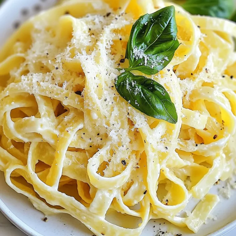 To make creamy lemon pasta, gather these simple items: - 12 oz fettuccine or linguine pasta - 1 cup heavy cream - 1 lemon (zested and juiced) - 2 tablespoons olive oil - 2 cloves garlic, minced - 1/2 cup grated Parmesan cheese - Salt and pepper to taste - Fresh basil or parsley for garnish You can add more flavor to your dish with these extras: - Red pepper flakes for spice - A splash of white wine for depth - Fresh lemon slices for garnish If you don’t have something on hand, here are some swaps: - Use spaghetti if you don’t have fettuccine or linguine. - Swap heavy cream with half-and-half for a lighter option. - Nutritional yeast can replace Parmesan for a dairy-free choice. - Use butter instead of olive oil for a richer flavor. {{ingredient_image_1}} Start by boiling a large pot of salted water. This helps the pasta taste better. Once the water boils, add 12 ounces of fettuccine or linguine. Cook the pasta according to the package directions until it is al dente. This means it should be firm but not hard. After cooking, save 1 cup of the pasta water. Drain the rest and set the pasta aside. Next, grab a large skillet and heat 2 tablespoons of olive oil over medium heat. Add 2 cloves of minced garlic. Sauté the garlic for about 1 minute until it smells nice. Be careful not to burn it. Then, lower the heat and pour in 1 cup of heavy cream. Stir gently to mix. Add the zest and juice from 1 lemon into the cream. Mix well until everything combines. Gradually stir in 1/2 cup of grated Parmesan cheese. Keep stirring until the cheese melts and the sauce is creamy. If the sauce gets too thick, add a little reserved pasta water to thin it out. Season with salt and pepper to taste. Now, it’s time to bring everything together. Add the cooked pasta to the skillet with the sauce. Toss the pasta well in the sauce until it is fully coated. If the pasta seems dry, add more reserved pasta water. This helps blend the sauce with the pasta. Once everything looks good, serve it right away. You can garnish with fresh basil or parsley for extra flavor and color. Enjoy your creamy lemon pasta! Cooking pasta al dente means it should be firm to the bite. Here’s how to get it right: - Use a large pot with plenty of water. - Add a good amount of salt to the water before boiling. It should taste like the sea. - Follow the package instructions but check the pasta a minute or two early. - Taste a piece to see if it’s done. If it’s slightly firm, it’s ready! Lemon brings a bright flavor to the sauce. To make it pop: - Use both the zest and juice of the lemon. Zest adds a strong lemony smell. - Add the lemon juice after the cream. This helps balance the creaminess. - Taste the sauce before you serve. If it needs more lemon, add a little more zest or juice. A creamy sauce is key for this dish. Here’s how to ensure it: - Stir in the Parmesan cheese slowly to help it melt well. - If the sauce gets too thick, add a splash of the reserved pasta water. - Always mix well after adding water. This helps keep the sauce smooth and creamy. These tips will help you make the best creamy lemon pasta. Enjoy the process and the delicious results! Pro Tips Perfect Pasta Cooking: Always cook your pasta al dente. This ensures it retains a firm texture and won't become mushy when mixed with the sauce. Quality Ingredients Matter: Use high-quality olive oil and fresh garlic for the best flavor. Freshly grated Parmesan will also enhance the creaminess of your sauce. Adjusting Sauce Consistency: If your sauce is too thick, gradually add reserved pasta water until you achieve your desired consistency without diluting the flavor. Garnishing with Fresh Herbs: For a burst of freshness, always garnish your pasta with fresh basil or parsley just before serving. This adds both color and flavor. {{image_2}} You can add protein to your creamy lemon pasta for a heartier meal. Grilled chicken adds a nice flavor. Simply slice cooked chicken and toss it with the pasta. Shrimp also works well. Cook the shrimp in olive oil until pink, then mix them in. Both options make the dish filling and delicious. For a vegetarian twist, consider adding spinach or peas. Fresh spinach wilts nicely and adds color. Add it to the sauce just before mixing in the pasta. Peas are sweet and pop in your mouth. Stir in frozen peas while the sauce cooks. Either choice enhances nutrition and taste. Herbs and spices can elevate your dish. Fresh basil or parsley brightens the flavor. Toss them in just before serving. You can also use a pinch of red pepper flakes for heat. This adds depth to each bite. Experiment with different herbs like thyme or dill for unique flavors. To store leftover creamy lemon pasta, let it cool first. Place it in an airtight container. Make sure to seal it tightly. The pasta can stay fresh in the fridge for up to three days. Avoid leaving it out at room temperature for too long. If you want to keep it longer, freezing is a great option. When you reheat your creamy lemon pasta, do it slowly. Microwaving is quick but can dry it out. Instead, use a pan on low heat. Add a splash of reserved pasta water as you warm it. This keeps the sauce creamy and smooth. Stir gently and watch it closely. You want it hot but not burnt. To freeze creamy lemon pasta, portion it into smaller containers. This way, you can take out what you need. Make sure to use freezer-safe containers. When you’re ready to eat, thaw it in the fridge overnight. You can reheat it on the stove, adding a bit of cream or water. This keeps the flavors bright and fresh. Fettuccine or linguine works best for this dish. Their flat shape holds sauce well. You can also use spaghetti if you prefer. The choice of pasta can change the meal's look and feel. Yes, you can use low-fat cream. However, the sauce may not be as rich. The texture might be lighter, but it will still taste good. Just be mindful that it may not thicken as much. To make this dish dairy-free, use coconut cream instead of heavy cream. You can also use nutritional yeast to add a cheesy flavor. Almond or oat milk can work too, but use a thickener like cornstarch for creaminess. You can serve a fresh salad with greens and a light vinaigrette. Garlic bread pairs well, adding crunch and flavor. Steamed vegetables, like broccoli or asparagus, also make a great side. You’ve learned how to make creamy lemon pasta from scratch. We covered all the ingredients, tips, and variations. You can customize this dish with proteins or veggies. Storing leftovers is easy, and reheating ensures great taste. This dish offers fresh flavors and creamy texture that please everyone. Try it tonight and enjoy a delightful meal. You now have the tools to impress.